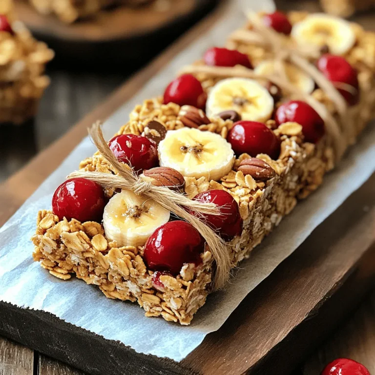To make Cherry Banana Granola Bars, gather the following simple ingredients: - 2 ripe bananas, thoroughly mashed - 1 cup pitted cherries, finely chopped (fresh or frozen) - 1 ½ cups rolled oats - ½ cup almond butter (or your preferred nut butter) - ¼ cup honey or maple syrup - ½ teaspoon vanilla extract - ¼ teaspoon sea salt - ½ cup chopped nuts (such as almonds or walnuts) - ¼ cup mini chocolate chips (optional, for a touch of sweetness) These ingredients come together to create a tasty snack. The bananas add sweetness and moisture, while cherries bring a burst of flavor. The oats provide a hearty base, and nut butter binds everything. Honey or maple syrup sweetens the mix. Adding vanilla and a hint of sea salt elevates the taste. Nuts add crunch, and chocolate chips can make them extra special. You can mix and match based on what you like. You can find the complete recipe for these delicious bars [here](Full Recipe). Using fresh or frozen cherries works well, so feel free to choose what you have on hand. These ingredients make a nutritious snack perfect for any time of day! First, preheat your oven to 350°F (175°C). This step helps bake your bars evenly. Next, take an 8x8 inch baking pan. Line it with parchment paper, leaving some paper hanging over the edges. This makes it easy to lift the bars out later. Now, let’s mix the wet ingredients. In a large bowl, add the two mashed bananas. Then, pour in the almond butter and honey or maple syrup. Add half a teaspoon of vanilla extract and a quarter teaspoon of sea salt. Use a whisk or spatula to mix everything well. You want a smooth mixture with no lumps. Next, it's time for the dry ingredients. Gradually add 1 ½ cups of rolled oats to the wet mix. Stir gently to combine. Make sure there are no dry spots. Now, fold in 1 cup of chopped cherries and half a cup of chopped nuts. If you want a bit of sweetness, add ¼ cup of mini chocolate chips too. Transfer this mixture into your prepared baking pan. Use the back of a spatula or your hands to press it down firmly. This helps it bake evenly. Place the pan in your oven. Bake for 20 to 25 minutes until the edges turn golden brown. After baking, let the pan cool completely on a wire rack. Once cool, lift the granola bars out using the parchment paper. Cut them into squares or rectangles. To store, keep the bars in an airtight container at room temperature for up to a week. For longer freshness, refrigerate them. - Choosing ripe bananas for flavor: Use bananas that are very ripe. They add natural sweetness and moisture. Look for bananas with brown spots. This means they will mash easily and blend well. - Variations to enhance texture: Try adding seeds like sunflower or pumpkin. These add a nice crunch. You can also mix in shredded coconut for extra flavor. Experiment with different nuts to change the bar's texture and taste. - Creative pairings for snacking: Enjoy these bars with yogurt for a tasty snack. They also pair well with a glass of milk or a smoothie. For a fun twist, try them with peanut butter or almond butter spread on top. - Ideal toppings or enhancements: Drizzle some honey or maple syrup over the bars before serving. You can also sprinkle a few extra chocolate chips on top for a sweet touch. Fresh fruit slices can add color and flavor, making your snack more appealing. - Essential kitchen tools for prep: A large mixing bowl is a must for combining ingredients. A whisk or spatula helps to blend everything smoothly. Don’t forget a measuring cup for accuracy and a sharp knife for cutting the bars. - Best baking pan options: An 8x8 inch baking pan works great for this recipe. You can also use a 9x9 inch pan for thinner bars. Make sure to line the pan with parchment paper for easy removal after baking. For the complete recipe, check out the [Full Recipe]. This will guide you step by step through making your own Cherry Banana Granola Bars. {{image_4}} You can change the flavor of your Cherry Banana Granola Bars easily. For example, swap cherries for other fruits. Try diced apples or dried cranberries. Each fruit will bring a new taste. You can also use different nut butters. If you love peanut butter, use that instead of almond butter. Cashew butter is another great choice. These changes keep the recipe fresh and exciting. If you need gluten-free bars, use gluten-free oats. Many brands offer oats that are certified gluten-free. This small swap makes the bars safe for those with gluten issues. If you want to make them vegan, skip the honey. Use maple syrup or agave nectar instead. Both options work well and keep the bars sweet. Boost the nutrition of your bars with superfoods. Chia seeds, hemp seeds, or flaxseeds are great choices. They add fiber and protein without changing the taste much. You can also think about changing the sweeteners. Use mashed dates or a sugar substitute for a healthier option. These simple swaps make your granola bars even better. For the full recipe, check the earlier section. To keep your Cherry Banana Granola Bars fresh, use an airtight container. This method protects the bars from air and moisture. If you want to store them longer, refrigeration is a great option. Just remember to wrap them well to avoid drying out. For long-term storage, freezing is perfect. Wrap each bar in plastic wrap, then place them in a freezer bag. This way, you can enjoy your snack even months later. When you want a bar, just thaw it at room temperature or pop it in the microwave for a few seconds. In an airtight container, the bars stay fresh for about a week at room temperature. If you refrigerate them, they can last up to two weeks. When frozen, they can stay good for up to three months. Watch for signs of spoilage. If you see mold or the bars smell off, it’s best to toss them. Also, if they feel too hard or dry, it’s a sign they may have lost freshness. Always trust your senses when checking for spoilage. To make Cherry Banana Granola Bars, follow these simple steps: 1. Preheat your oven to 350°F (175°C). Line an 8x8 inch baking pan with parchment paper. 2. In a bowl, mix 2 mashed bananas, ½ cup almond butter, ¼ cup honey, ½ teaspoon vanilla, and ¼ teaspoon sea salt until smooth. 3. Stir in 1 ½ cups rolled oats until combined. 4. Gently fold in 1 cup chopped cherries and ½ cup chopped nuts. 5. Press the mixture into the pan evenly. 6. Bake for 20-25 minutes until golden brown. 7. Cool completely and cut into bars. Check out the [Full Recipe] for exact measurements and more details. Yes, you can use many other nuts. Here are some great options: - Pecans add a rich flavor. - Walnuts bring a slight bitterness. - Cashews offer a creamy texture. - Sunflower seeds are nut-free and crunchy. Feel free to mix and match based on your taste! Absolutely! These granola bars are nutritious. Here’s a quick breakdown of the key ingredients: - Bananas: Provide natural sweetness and potassium. - Cherries: Packed with antioxidants and Vitamin C. - Rolled oats: High in fiber, they help with digestion. - Nut butter: Adds protein and healthy fats. - Honey or maple syrup: Natural sweeteners with vitamins. These bars make a great snack without the guilt. To cut granola bars without crumbling, follow these tips: - Use a sharp knife for clean cuts. - Let the bars cool fully in the pan. - Lift them out using parchment paper. - Cut them while they are still in the pan to prevent breaking. This way, you will have nice, even pieces! This recipe for Cherry Banana Granola Bars is simple and fun to make. You learned about choosing fresh ingredients, mixing wet and dry components, and baking. Remember, you can modify flavors and adapt the recipe to fit your diet. Store bars properly to keep them fresh and tasty. Enjoy these nutritious snacks for anytime hunger. Happy cooking!