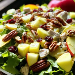 - 2 cups cooked chicken breast, shredded - 1 large tart apple (like Granny Smith), diced - 1/2 cup pecans, toasted and coarsely chopped - 1/4 cup dried cranberries - 1/4 cup celery, finely diced - 1/4 cup plain Greek yogurt - 2 tablespoons mayonnaise - 1 tablespoon honey - 1 tablespoon apple cider vinegar - Salt and freshly cracked pepper, to taste - Mixed greens for serving (optional) Choosing the right apple Select a tart apple like Granny Smith. Its crispness and tang add a bright flavor. Sweet apples can be too soft and may not offer the crunch you want. Benefits of using Greek yogurt Greek yogurt gives creaminess without the added fat of more mayonnaise. It boosts protein, making the salad more filling. This choice also adds a nice, tangy flavor. Toasting pecans for flavor enhancement Toasting pecans brings out their rich taste. Heat a dry pan over medium heat, add the pecans, and stir until golden brown. This step adds depth to your salad, making every bite more flavorful. For the full recipe, check out the complete details above. 1. Combine chicken and fruits/vegetables Start by taking a large mixing bowl. Add 2 cups of shredded chicken. Toss in 1 diced tart apple, 1/2 cup of toasted pecans, 1/4 cup of dried cranberries, and 1/4 cup of finely diced celery. Mix everything well so that all the flavors blend. 2. Prepare the dressing In a small bowl, whisk together 1/4 cup of Greek yogurt, 2 tablespoons of mayonnaise, 1 tablespoon of honey, and 1 tablespoon of apple cider vinegar. Blend until the dressing is smooth and creamy. 3. Mix the salad and dressing Pour the dressing over the chicken mixture. Use a spatula to fold everything together gently. Make sure all ingredients are coated in the dressing. Season with salt and freshly cracked pepper to taste. If you want it sweeter, add more honey, one teaspoon at a time. - Refrigeration for flavor melding For the best flavor, refrigerate the salad for at least 30 minutes. This helps the ingredients meld together and enhances the taste. - Serving on mixed greens When ready to serve, place the salad on a bed of mixed greens if you like. It adds a nice crunch and freshness. - Garnishing tips For an elegant touch, garnish with extra toasted pecans and thin apple slices on top. This makes the salad look beautiful and adds extra taste. To make the dressing just right, you may want to adjust the sweetness. Start with one tablespoon of honey. After mixing, taste it. If you want it sweeter, add more honey, one teaspoon at a time. This way, you control the flavor. Seasoning is key too. I like to use salt and freshly cracked pepper. These simple spices can bring out the taste of the chicken and apples. Don't be afraid to add a pinch extra if you like it bold. Prepping ingredients ahead saves time. You can chop the apple, celery, and pecans a day before. Just store them in the fridge. This makes it quick to throw everything together. Cooking the chicken beforehand is smart too. You can use leftover rotisserie chicken or cook some fresh. If you cook fresh, let it cool before shredding. This way, your salad stays fresh and tasty. For the full recipe, check out the Apple Pecan Chicken Salad. {{image_4}} You can easily change the nuts or seeds in this salad. Walnuts or sunflower seeds work great too. They add a different crunch and flavor. Experiment with what you have on hand. If you want an alternative to Greek yogurt, try using plain cottage cheese. It gives a creamy texture. You can also use sour cream for a tangy taste. For mayonnaise, consider using avocado or an egg-free mayo. Both options keep the salad moist and tasty. For those who need gluten-free options, this salad is naturally gluten-free. Just check your yogurt and mayo brands to ensure they are free from gluten. If you want to make this dish dairy-free, use a dairy-free yogurt. Coconut or almond yogurt makes a great substitute. To make it vegan-friendly, swap the chicken for chickpeas or tofu. Both add protein and a nice texture. You can also replace honey with maple syrup for sweetness. To store leftovers of your Apple Pecan Chicken Salad, place it in a container. Make sure the container has a tight seal. This keeps the salad fresh and tasty. You can use glass or plastic containers for storage. Glass containers are great because they do not stain and do not hold odors. If you want to take it to lunch, a smaller container works well. In the fridge, your salad can last about three to four days. Always check for signs of spoilage. If the salad smells off or has a slimy texture, it is best to throw it away. Fresh ingredients are key for great taste, so check each part of the salad. If the apples start to brown too much, it might be time to enjoy the salad sooner rather than later. Can I use leftover rotisserie chicken? Yes, you can use leftover rotisserie chicken. It saves time and adds great flavor. Just shred the chicken and mix it in with the other ingredients. This method also cuts down on waste, making it a smart choice. How long can I make this salad in advance? You can make Apple Pecan Chicken Salad a day ahead. Store it in the fridge in an airtight container. The flavors will blend well overnight. However, if you add mixed greens, do so right before serving. This keeps them fresh and crisp. What can I serve with Apple Pecan Chicken Salad? This salad pairs well with whole grain bread or crackers. You can also enjoy it with a side of fruit. For a heartier meal, serve it with a cup of soup. These options make your meal balanced and satisfying. Overview of caloric content One serving of Apple Pecan Chicken Salad has about 350 calories. This number may change based on the exact ingredients you use. The chicken adds protein, while the nuts and yogurt provide healthy fats. Health benefits of key ingredients - Chicken: Full of protein, it helps build and repair muscles. - Apples: They are high in fiber and vitamin C. Great for digestion and immune support. - Pecans: Packed with healthy fats and antioxidants, they help lower bad cholesterol. - Greek yogurt: It’s rich in protein and probiotics, good for gut health. - Cranberries: They contain vitamins and antioxidants that support overall health. Using these ingredients gives you a tasty and nutritious salad that is good for your body. Enjoy making it with fresh, quality items! You can find the Full Recipe above for step-by-step guidance. This blog post covered how to make a tasty Apple Pecan Chicken Salad. We discussed the key ingredients, like cooked chicken, tart apples, and pecans. I shared tips on how to enhance flavor and store leftovers. You learned how to adjust ingredients for different diets, too. Remember, this salad is simple and flexible. It can be a healthy meal for anyone. Enjoy making it your own!