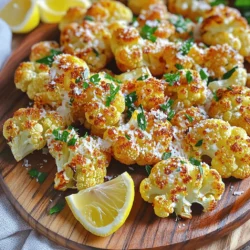- 1 large head of cauliflower, cut into bite-sized florets - 3 tablespoons extra virgin olive oil - 4 cloves of garlic, finely minced - 1 teaspoon smoked paprika - 1/2 teaspoon sea salt - 1/4 teaspoon freshly cracked black pepper - 1/2 cup freshly grated Parmesan cheese - 2 tablespoons fresh parsley, finely chopped (for garnish) - Optional: a squeeze of lemon juice to enhance flavors - Baking sheet - Parchment paper - Mixing bowl - Spatula or hands for tossing - Calories per serving: Approximately 150 - Key nutrients: - Fiber: 3 grams - Protein: 5 grams - Vitamins: C, K, and B6 Garlic Parmesan roasted cauliflower is simple yet full of flavor. You’ll need just a few ingredients to make it shine. The base is cauliflower, which I cut into small pieces for even cooking. I love using fresh garlic for a strong flavor. The olive oil makes it rich and helps the spices stick. Smoked paprika brings a nice warmth. The salt and pepper add just the right touch. Don’t forget the Parmesan! It melts beautifully and adds a savory note. I also like to sprinkle fresh parsley on top for a pop of color. A squeeze of lemon juice at the end enhances all the flavors and makes it vibrant. For tools, you’ll need a baking sheet lined with parchment paper to keep the cauliflower from sticking. A mixing bowl helps you combine all the ingredients easily. Use a spatula or your hands to toss everything together. Knowing the nutritional info is great when cooking. This dish packs fiber and protein. It fits well into a balanced meal. For the full recipe, check out the detailed instructions to create this tasty side dish. - Preheat oven to 425°F (220°C). - Prepare baking sheet with parchment paper. Start by heating your oven. A hot oven makes the cauliflower crispy. Next, grab a baking sheet and line it with parchment paper. This keeps the cauliflower from sticking and helps with cleanup. - Toss cauliflower florets with olive oil, garlic, spices. - Ensure even coating. In a big bowl, add your cauliflower florets. Pour in extra virgin olive oil, minced garlic, smoked paprika, sea salt, and black pepper. Use your hands or a spatula to mix well. Each floret should get a nice coat of oil and spices. - Spread cauliflower evenly on baking sheet. - Roast for 20-25 minutes, flipping halfway. Now, spread the seasoned cauliflower on the baking sheet. Make sure they sit in a single layer. This helps them roast evenly. Place the tray in the oven and roast for 20-25 minutes. Halfway through, give the pan a gentle shake to turn the florets. You want them tender and golden. - Sprinkle cheese on hot cauliflower. - Return to oven for 5 minutes to melt. When the cauliflower is roasted, take it out. Immediately sprinkle the grated Parmesan cheese over the hot florets. This melts the cheese just right. Return the baking sheet to the oven for another 5 minutes. You want the cheese to melt and get a bit crispy. Enjoy the delicious aroma filling your kitchen! For the full recipe, check the section above. To get that nice caramelization, space the florets well on the baking sheet. If they are too close, they will steam instead of roast. Aim for a single layer. Roast at 425°F for 20-25 minutes. Flip the florets halfway for even cooking. You want them fork-tender and a bit crispy. Try adding a pinch of cayenne for heat or some thyme for an earthy touch. Fresh garlic works best, but you can also use garlic powder. Fresh herbs like rosemary or basil add nice flavors too. Fresh ingredients really make a difference. They bring out the best in your dish. Serve the roasted cauliflower with grilled chicken or fish for a full meal. It pairs well with a fresh salad or some rice. For a pop of color, arrange the florets on a colorful platter. Top with extra parsley and lemon wedges. This makes the dish look great and adds flavor too. For the full recipe, check out the complete guide. {{image_4}} You can swap Parmesan for other cheeses. Try aged cheddar for a sharp kick. Feta adds a Mediterranean twist, while mozzarella gives a creamy texture. For those avoiding dairy, use nutritional yeast. It has a cheesy flavor and is packed with nutrients. You can also find vegan cheeses that melt well. Spices can change the dish's flavor. Add cumin for warmth or chili powder for heat. Smoked paprika adds depth, making the cauliflower rich and savory. You can mix spices based on your taste. Experiment with herbs like thyme or rosemary for a fresh touch. Each spice brings out new flavors. Cauliflower pairs well with many veggies. Try adding carrots for sweetness or bell peppers for color. Brussels sprouts add heartiness, while zucchini brings freshness. Mix these with cauliflower for a colorful roasted dish. You can even toss in some cherry tomatoes for a burst of flavor. Roasting different veggies together creates a vibrant side dish. To store leftover garlic Parmesan roasted cauliflower, let it cool first. Use an airtight container to keep it fresh. Place it in the fridge, where it will last for up to three days. This way, you can enjoy it again without losing flavor. When reheating, use an oven for the best results. Set your oven to 350°F (175°C). Place the cauliflower on a baking sheet. Heat it for about 10-15 minutes until warm. This method helps maintain its crispy texture. If you want a quicker method, use a microwave. Heat it in short bursts, checking often to avoid sogginess. Yes, you can freeze roasted cauliflower! Let it cool completely before freezing. Use a freezer-safe bag or container. Remove as much air as possible to prevent freezer burn. It can last for up to three months in the freezer. When ready to eat, thaw it in the fridge overnight. Then, reheat it in the oven to regain that delightful crunch. For the full recipe, check the section above. To get a crispy texture, follow these tips: - Use a high oven temperature, like 425°F (220°C). - Spread the florets in a single layer on the baking sheet. - Avoid overcrowding the pan, which traps steam. - Toss the cauliflower in oil to coat each piece. - Flip the florets halfway through cooking for even browning. You can use frozen cauliflower, but fresh is best. Frozen cauliflower may not caramelize well. It also contains more moisture, which can make it soggy. If you use frozen, thaw and drain it first. Then, pat it dry with a paper towel before seasoning and roasting. Garlic has many benefits. It can help boost your immune system and lower blood pressure. Cauliflower is low in calories and high in fiber. It also contains vitamins C and K. Together, they make a nutritious dish. This recipe is a great way to enjoy these health-forward ingredients. Roasting cauliflower takes about 20 to 25 minutes. The florets should be fork-tender and caramelized. Check for doneness by poking a floret with a fork. If it goes in easily, it's ready. For extra flavor, add Parmesan in the last 5 minutes. For the full recipe, check out the Garlic Parmesan Roasted Cauliflower recipe. Roasting cauliflower is simple, tasty, and healthy. You learned about key ingredients, tools, and methods. We covered tips for achieving the best flavor and texture. You can even mix it up with different cheeses and spices to suit your taste. Now, you can create a delicious dish that delights everyone. Enjoy your cooking adventure and impress your family and friends with this easy recipe!