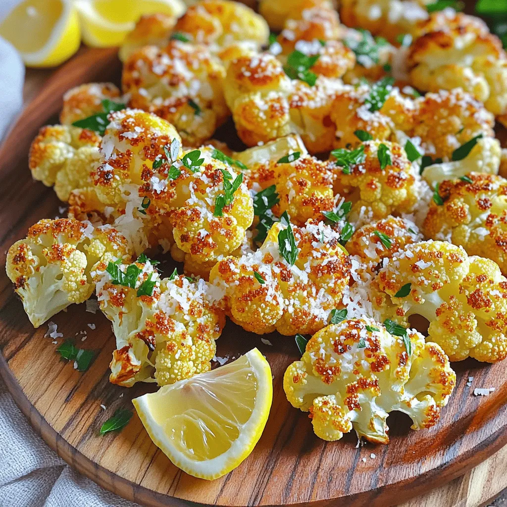 - 1 large head of cauliflower, cut into bite-sized florets - 3 tablespoons extra virgin olive oil - 4 cloves of garlic, finely minced - 1 teaspoon smoked paprika - 1/2 teaspoon sea salt - 1/4 teaspoon freshly cracked black pepper - 1/2 cup freshly grated Parmesan cheese - 2 tablespoons fresh parsley, finely chopped (for garnish) - Optional: a squeeze of lemon juice to enhance flavors - Baking sheet - Parchment paper - Mixing bowl - Spatula or hands for tossing - Calories per serving: Approximately 150 - Key nutrients: - Fiber: 3 grams - Protein: 5 grams - Vitamins: C, K, and B6 Garlic Parmesan roasted cauliflower is simple yet full of flavor. You’ll need just a few ingredients to make it shine. The base is cauliflower, which I cut into small pieces for even cooking. I love using fresh garlic for a strong flavor. The olive oil makes it rich and helps the spices stick. Smoked paprika brings a nice warmth. The salt and pepper add just the right touch. Don’t forget the Parmesan! It melts beautifully and adds a savory note. I also like to sprinkle fresh parsley on top for a pop of color. A squeeze of lemon juice at the end enhances all the flavors and makes it vibrant. For tools, you’ll need a baking sheet lined with parchment paper to keep the cauliflower from sticking. A mixing bowl helps you combine all the ingredients easily. Use a spatula or your hands to toss everything together. Knowing the nutritional info is great when cooking. This dish packs fiber and protein. It fits well into a balanced meal. For the full recipe, check out the detailed instructions to create this tasty side dish. - Preheat oven to 425°F (220°C). - Prepare baking sheet with parchment paper. Start by heating your oven. A hot oven makes the cauliflower crispy. Next, grab a baking sheet and line it with parchment paper. This keeps the cauliflower from sticking and helps with cleanup. - Toss cauliflower florets with olive oil, garlic, spices. - Ensure even coating. In a big bowl, add your cauliflower florets. Pour in extra virgin olive oil, minced garlic, smoked paprika, sea salt, and black pepper. Use your hands or a spatula to mix well. Each floret should get a nice coat of oil and spices. - Spread cauliflower evenly on baking sheet. - Roast for 20-25 minutes, flipping halfway. Now, spread the seasoned cauliflower on the baking sheet. Make sure they sit in a single layer. This helps them roast evenly. Place the tray in the oven and roast for 20-25 minutes. Halfway through, give the pan a gentle shake to turn the florets. You want them tender and golden. - Sprinkle cheese on hot cauliflower. - Return to oven for 5 minutes to melt. When the cauliflower is roasted, take it out. Immediately sprinkle the grated Parmesan cheese over the hot florets. This melts the cheese just right. Return the baking sheet to the oven for another 5 minutes. You want the cheese to melt and get a bit crispy. Enjoy the delicious aroma filling your kitchen! For the full recipe, check the section above. To get that nice caramelization, space the florets well on the baking sheet. If they are too close, they will steam instead of roast. Aim for a single layer. Roast at 425°F for 20-25 minutes. Flip the florets halfway for even cooking. You want them fork-tender and a bit crispy. Try adding a pinch of cayenne for heat or some thyme for an earthy touch. Fresh garlic works best, but you can also use garlic powder. Fresh herbs like rosemary or basil add nice flavors too. Fresh ingredients really make a difference. They bring out the best in your dish. Serve the roasted cauliflower with grilled chicken or fish for a full meal. It pairs well with a fresh salad or some rice. For a pop of color, arrange the florets on a colorful platter. Top with extra parsley and lemon wedges. This makes the dish look great and adds flavor too. For the full recipe, check out the complete guide. {{image_4}} You can swap Parmesan for other cheeses. Try aged cheddar for a sharp kick. Feta adds a Mediterranean twist, while mozzarella gives a creamy texture. For those avoiding dairy, use nutritional yeast. It has a cheesy flavor and is packed with nutrients. You can also find vegan cheeses that melt well. Spices can change the dish's flavor. Add cumin for warmth or chili powder for heat. Smoked paprika adds depth, making the cauliflower rich and savory. You can mix spices based on your taste. Experiment with herbs like thyme or rosemary for a fresh touch. Each spice brings out new flavors. Cauliflower pairs well with many veggies. Try adding carrots for sweetness or bell peppers for color. Brussels sprouts add heartiness, while zucchini brings freshness. Mix these with cauliflower for a colorful roasted dish. You can even toss in some cherry tomatoes for a burst of flavor. Roasting different veggies together creates a vibrant side dish. To store leftover garlic Parmesan roasted cauliflower, let it cool first. Use an airtight container to keep it fresh. Place it in the fridge, where it will last for up to three days. This way, you can enjoy it again without losing flavor. When reheating, use an oven for the best results. Set your oven to 350°F (175°C). Place the cauliflower on a baking sheet. Heat it for about 10-15 minutes until warm. This method helps maintain its crispy texture. If you want a quicker method, use a microwave. Heat it in short bursts, checking often to avoid sogginess. Yes, you can freeze roasted cauliflower! Let it cool completely before freezing. Use a freezer-safe bag or container. Remove as much air as possible to prevent freezer burn. It can last for up to three months in the freezer. When ready to eat, thaw it in the fridge overnight. Then, reheat it in the oven to regain that delightful crunch. For the full recipe, check the section above. To get a crispy texture, follow these tips: - Use a high oven temperature, like 425°F (220°C). - Spread the florets in a single layer on the baking sheet. - Avoid overcrowding the pan, which traps steam. - Toss the cauliflower in oil to coat each piece. - Flip the florets halfway through cooking for even browning. You can use frozen cauliflower, but fresh is best. Frozen cauliflower may not caramelize well. It also contains more moisture, which can make it soggy. If you use frozen, thaw and drain it first. Then, pat it dry with a paper towel before seasoning and roasting. Garlic has many benefits. It can help boost your immune system and lower blood pressure. Cauliflower is low in calories and high in fiber. It also contains vitamins C and K. Together, they make a nutritious dish. This recipe is a great way to enjoy these health-forward ingredients. Roasting cauliflower takes about 20 to 25 minutes. The florets should be fork-tender and caramelized. Check for doneness by poking a floret with a fork. If it goes in easily, it's ready. For extra flavor, add Parmesan in the last 5 minutes. For the full recipe, check out the Garlic Parmesan Roasted Cauliflower recipe. Roasting cauliflower is simple, tasty, and healthy. You learned about key ingredients, tools, and methods. We covered tips for achieving the best flavor and texture. You can even mix it up with different cheeses and spices to suit your taste. Now, you can create a delicious dish that delights everyone. Enjoy your cooking adventure and impress your family and friends with this easy recipe!