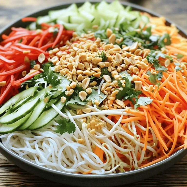 - 8 oz rice noodles - 1 cup shredded carrots - 1 red bell pepper, thinly sliced - 1 cucumber, julienned - 1 cup fresh bean sprouts - 1/2 cup chopped fresh cilantro - 1/4 cup crushed peanuts (for garnish) - 1 lime, juiced - 2 tablespoons soy sauce - 1 tablespoon honey or agave syrup - 1 tablespoon sriracha or hot sauce - 1 teaspoon sesame oil You can swap rice noodles for other types like soba or udon. If you want to mix up the veggies, try adding bell peppers, zucchini, or even snap peas. For sweeteners, maple syrup or brown sugar works well. You can switch sesame oil for olive oil or avocado oil if needed. This flexibility makes the salad fun and unique! You can create flavors that suit your taste. Try using what you have on hand. Each choice can lead to a new favorite version of this dish. You can find the Full Recipe linked for easy access. Enjoy making your own sweet and spicy Thai noodle salad! To cook the rice noodles, follow the package directions. This helps you get an al dente texture. Al dente means the noodles are firm but not hard. It’s key for a great salad. After cooking, drain the noodles in a colander. Rinse them under cold water for a full minute. This stops the cooking and keeps them from getting mushy. Grab a large salad bowl. Add the shredded carrots, sliced red bell pepper, julienned cucumber, fresh bean sprouts, and chopped cilantro. Make sure to mix these fresh veggies well. Use a gentle tossing technique to avoid crushing them. This way, you keep each veggie crisp and bright. In a small bowl, mix the fresh lime juice, soy sauce, honey or agave syrup, sriracha, and sesame oil. Whisk it together until smooth. Taste the dressing; adjust the sweetness or heat. You can add more honey for sweetness or more sriracha for heat. This balance makes the flavor pop. Now, combine the cooled rice noodles with the mixed vegetables in your bowl. Drizzle the dressing over everything. Toss gently to coat all the ingredients evenly. Let the salad rest for about 10 minutes. This gives time for the flavors to meld and become wonderful. Just before serving, toss again to mix any settled bits. Sprinkle chopped peanuts on top for a crunchy finish. To make your Sweet and Spicy Thai Noodle Salad shine, serve it in a large bowl. This way, everyone can see the colorful layers of fresh veggies. You can also divide the salad into smaller plates for individual servings. To top it off, add sprigs of fresh cilantro and a lime wedge. This adds brightness and makes the dish look vibrant. One common mistake is overcooking the noodles. Keep a close eye on them to ensure they stay al dente. This keeps the salad light and prevents mushiness. Another mistake is skipping the resting period. Allowing the salad to sit for about 10 minutes helps the flavors blend together. This little wait makes a big difference in taste. Using fresh herbs like mint or basil can boost the aroma of your salad. They add a layer of freshness that brightens up each bite. You can also try adding spices like chili flakes or crushed garlic for extra zing. This lets you customize the heat level to your liking. Get creative with flavors and enjoy the process! For the complete recipe, check out the Full Recipe link. {{image_4}} You can make this salad even more satisfying by adding protein. Grilled chicken or shrimp works great. They add flavor and texture. Just toss them in with the salad before serving. If you prefer vegetarian options, try adding tofu or edamame. Both provide a nice protein boost without meat. If you need a gluten-free option, you can use gluten-free noodles. Rice noodles are often safe and taste great. Make sure to check the labels on sauces as well. Some soy sauces contain gluten, so you may want to use tamari instead. Adjust the ingredients to keep everything gluten-free. You can change this salad to fit the seasons. In spring, add fresh peas or radishes for a pop of color. In summer, include cherry tomatoes or bell peppers. For fall, roasted squash or sweet potatoes can add warmth. You can also adjust the dressing. In winter, a touch of ginger can add a nice kick. For the Full Recipe, check out the details on how to make this versatile dish. To keep your Sweet and Spicy Thai Noodle Salad fresh, use airtight containers. This keeps the salad crisp and flavorful. Store it in the fridge for up to three days. After that, the veggies may lose their crunch. If you want to eat leftovers, refresh the salad before serving. Add a splash of fresh lime juice to brighten the flavors. Toss it gently to mix. Avoid reheating in the microwave. This can make the noodles mushy. Instead, serve cold or at room temperature for the best taste. Sweet and Spicy Thai Noodle Salad lasts about three to five days in the fridge. Keep it in an airtight container. After a few days, the veggies may lose some crunch, but it still tastes great. Yes, you can make this salad ahead of time. Prepare it a few hours before serving or even a day in advance. Just remember to store it in the fridge. The flavors will blend nicely overnight. Serve this salad chilled. You can plate it in a large bowl for sharing or divide it into individual servings. Garnish with extra peanuts and cilantro for a nice touch. Absolutely! This salad is great for meal prep. You can portion it into containers for easy lunches or dinners. Just keep the dressing separate until you are ready to eat. Yes, you can use other types of noodles. Try soba or udon noodles for a different flavor. Rice noodles are traditional, but feel free to experiment with what you like. For the complete Sweet and Spicy Thai Noodle Salad recipe, visit [Full Recipe]. This blog post shared a simple way to make a tasty Sweet and Spicy Thai Noodle Salad. We covered the key ingredients, cooking steps, and tips for great flavor. Remember, you can swap out ingredients to fit your taste or diet. Avoid common mistakes like overcooking noodles and skipping resting time. This salad is fun to prepare and boasts fresh flavors. With the right storage, you can enjoy it for days. Dive into your kitchen and enjoy making this salad!