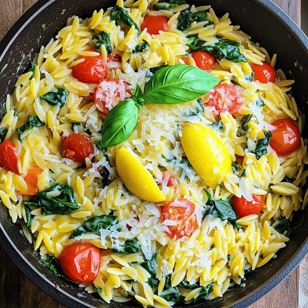 To make One Pan Lemon Parmesan Orzo, you will need: - 1 cup orzo pasta - 2 cups vegetable broth - 1 medium onion, diced - 2 cloves garlic, minced - 1 cup cherry tomatoes, halved - 1 cup fresh spinach, roughly chopped - 1/2 cup freshly grated Parmesan cheese - 2 tablespoons extra virgin olive oil - Zest and juice of 1 large lemon - Salt and freshly ground black pepper to taste - Fresh basil leaves for garnish These ingredients come together to create a dish full of flavor. Each one plays a role in making the orzo creamy, zesty, and comforting. You can make this recipe your own by swapping some ingredients: - Orzo pasta: Try using farro, quinoa, or even rice if you prefer. - Vegetable broth: Chicken broth works well if you want a richer flavor. - Fresh spinach: Kale or Swiss chard can add a nice twist. - Cherry tomatoes: Diced bell peppers or zucchini can replace tomatoes. - Parmesan cheese: Nutritional yeast gives a cheesy flavor for vegan options. Feel free to customize based on what you have at home. Cooking should be fun and flexible! Using high-quality ingredients makes a big difference. Here are my tips: - Orzo: Look for whole grain orzo for more fiber and nutrients. - Vegetable broth: Choose a low-sodium option to control salt levels. - Fresh produce: Use ripe tomatoes and fresh spinach for the best taste. - Parmesan cheese: Grate fresh cheese instead of using pre-grated. It melts better and has more flavor. Investing in good ingredients elevates your dish. Trust me, it’s worth it! For the full recipe, check the details above. First, grab a large, deep skillet. Heat 2 tablespoons of extra virgin olive oil over medium heat. When the oil shimmers, add 1 medium diced onion. Sauté the onion for 3-4 minutes until it turns soft and clear. Then, add 2 cloves of minced garlic. Cook for 1 more minute until it smells great. Don't let the garlic burn! Next, add 1 cup of orzo pasta to the skillet. Stir it well with the onion and garlic. Toast the orzo for about 2 minutes. This helps it soak up the flavors. After that, pour in 2 cups of vegetable broth. Then, add 1 cup of halved cherry tomatoes, lemon zest, and lemon juice. Bring this to a gentle boil. Stir it now and then to blend all the flavors. Once it boils, lower the heat to a simmer. Cover the skillet and cook for 10-12 minutes. Stir occasionally to keep the orzo from sticking. The pasta should be tender and most of the liquid should be gone. When it’s perfect, fold in 1 cup of roughly chopped spinach and 1/2 cup of grated Parmesan cheese. Stir until the spinach wilts and the cheese melts into a creamy mix. - Use a large skillet for better heat distribution. - Keep an eye on the garlic; it burns fast! - Stir the orzo often while it simmers to prevent sticking. - Taste the dish before serving to adjust salt and pepper. For the best flavor, use fresh ingredients. Fresh lemons and basil really make a difference. If you want a creamier texture, add more cheese. Serve the orzo warm and garnish with fresh basil leaves. A sprinkle of extra Parmesan on top makes it look fancy. Enjoy this dish with a side salad or crusty bread for a complete meal. You can find the Full Recipe for more details. When making One Pan Lemon Parmesan Orzo, watch out for a few common mistakes. First, don’t skip toasting the orzo. This step adds a nice nutty flavor. Also, be careful not to overcook the orzo. It should be al dente, with a slight bite. Stir the mixture regularly to prevent sticking. If you let it sit too long, it may clump together. Lastly, don’t forget to season well. A pinch of salt and fresh pepper can make a big difference! To make your orzo even more delicious, try these tips. Add a splash of white wine after cooking the garlic. This step brightens the dish with acidity. You can also mix in some red pepper flakes for a bit of heat. Fresh herbs can elevate the flavor too. Consider adding parsley or dill along with the basil. Lastly, squeeze in extra lemon juice before serving. This brightens up the dish and gives it a fresh taste. A few handy tools can make this recipe a breeze. A large, deep skillet is key for even cooking. Use a wooden spoon to stir the orzo gently. This helps prevent sticking and makes it easy to mix. A measuring cup for the broth ensures you add just the right amount. Lastly, a zester will help you get that bright lemon zest quickly. With these tools, you'll create a perfect One Pan Lemon Parmesan Orzo every time. For the full recipe, check back to see how all these tips fit into your cooking adventure! {{image_4}} You can easily change this dish by adding protein. Chicken, shrimp, or sausage works well. Cook your protein separately, then mix it in. For chicken, use cooked and diced pieces. For shrimp, add them in the last few minutes to avoid overcooking. Sausage adds a nice, rich flavor. Just slice it and cook it with the onion. If you want a vegetarian dish, skip the meat and add more veggies. Try bell peppers, zucchini, or mushrooms. For a vegan version, leave out the Parmesan cheese. You can use nutritional yeast instead for a cheesy flavor. Adding tofu or chickpeas can give you protein without animal products. You can swap ingredients to enhance flavors. Use chicken broth instead of vegetable broth for a richer taste. Try different cheeses, like feta or goat cheese, for a tangy twist. You can also add spices like red pepper flakes for heat or smoked paprika for depth. Fresh herbs, like thyme or parsley, can brighten the dish even more. For the complete recipe, check out the Full Recipe. To store your One Pan Lemon Parmesan Orzo, let it cool first. Once cool, place it in an airtight container. This keeps the orzo fresh. Store it in the fridge for up to three days. When you’re ready to eat it, check for any signs of spoilage. If it looks good, you can enjoy it again! Freezing is easy and great for meal prep. First, let the orzo cool completely. Next, portion it into freezer-safe bags or containers. Remove as much air as possible. Label each bag with the date. You can freeze it for up to three months. When you’re ready for a quick meal, just thaw it in the fridge overnight. To reheat the orzo, use a skillet for the best flavor. Add a splash of broth or water to keep it moist. Heat over medium-low heat, stirring often. This helps it warm evenly. If you prefer the microwave, place it in a microwave-safe bowl. Cover it with a damp paper towel to keep it from drying out. Heat it in short bursts, stirring in between. Enjoy your flavorful meal again! You can prepare One Pan Lemon Parmesan Orzo ahead of time with ease. Cook the dish and let it cool. Then, store it in an airtight container. Keep it in the fridge for up to three days. When you're ready to eat, reheat it on the stove or in the microwave. Add a splash of broth or water if it seems dry. This will help restore its creamy texture. Yes, you can use another type of pasta. Options like penne or fusilli work well. Keep in mind that cooking times may differ. Check the package instructions for the right time to cook. Adjust the broth accordingly to ensure the pasta absorbs the flavors. One Pan Lemon Parmesan Orzo pairs nicely with many sides. A fresh green salad adds crunch and brightness. Grilled chicken or shrimp makes it a complete meal. Serve with crusty bread to soak up the sauce. You can also add a light soup for a cozy dinner. Enjoy mixing and matching to find your favorite pairings! This post covered how to make One Pan Lemon Parmesan Orzo. We explored the right ingredients and smart swaps. I shared step-by-step cooking tips for tasty results. You learned common mistakes to avoid and ways to boost flavor. We also discussed how to store leftovers properly. Cooking can be simple and fun. With the right ingredients and tips, you can impress anyone. Dive in and enjoy your cooking journey!