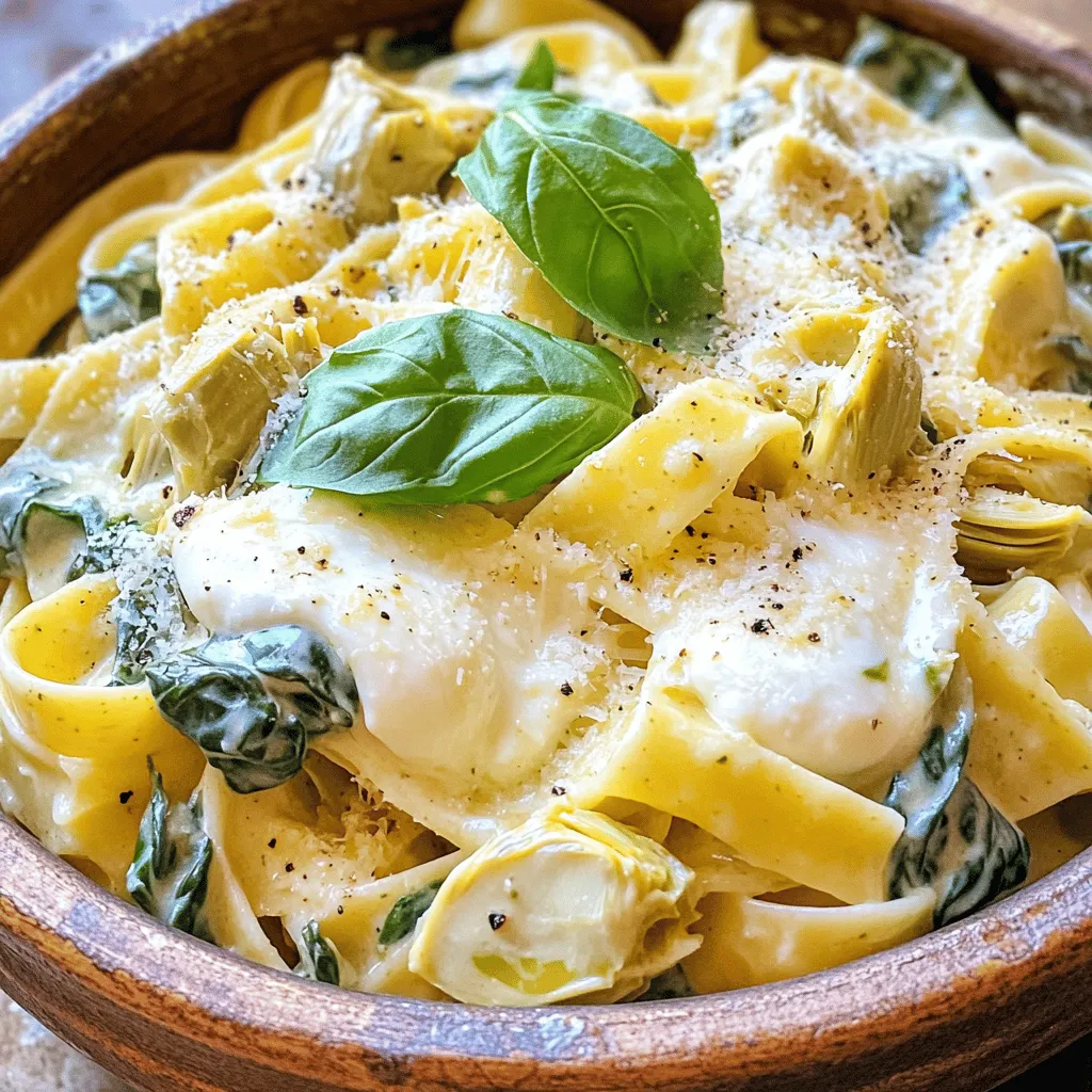 This creamy spinach and artichoke pasta is a delightful dish. It is rich and full of flavor. You can make it in about 30 minutes. The meal serves four people, making it perfect for a family dinner. - 12 oz. fettuccine pasta - 1 can (14 oz.) artichoke hearts, drained and coarsely chopped - 2 cups fresh spinach, roughly chopped - 1 cup heavy cream - 1 cup mozzarella cheese, shredded - 1/2 cup Parmesan cheese, freshly grated - 3 cloves garlic, minced - 2 tablespoons olive oil - 1 teaspoon Italian seasoning - Salt and freshly cracked black pepper to taste - Fresh basil leaves for garnish (optional) You can swap fettuccine for penne or spaghetti. If you don’t have fresh spinach, use frozen. Canned artichokes work great, too. For a lighter dish, try half-and-half instead of heavy cream. Vegan cheese can replace the mozzarella and Parmesan. Use your favorite herbs if you lack Italian seasoning. Start with a large pot. Fill it with water and add a pinch of salt. Bring the water to a boil. Add 12 oz. of fettuccine pasta. Cook it as the package says, usually about 8-10 minutes. Look for al dente, which means the pasta is firm but cooked. Once it's ready, drain the pasta. Save 1/2 cup of the cooking water for later. Set the drained pasta aside. Grab a big skillet and heat 2 tablespoons of olive oil over medium heat. When the oil glimmers, add 3 cloves of minced garlic. Stir it for about 1 minute. You want the garlic to smell nice, not brown. Next, throw in 1 can of coarsely chopped artichoke hearts. Cook these for 2-3 minutes, stirring a bit. They should be warm and mixed well with the garlic. Now, add 2 cups of roughly chopped spinach to the skillet. Cook for another 2 minutes. Watch as it wilts down a lot. Lower the heat to a gentle simmer. Pour in 1 cup of heavy cream and stir constantly. Let it simmer for 2-3 minutes to blend the flavors. Gradually add in 1 cup of shredded mozzarella and 1/2 cup of freshly grated Parmesan cheese. Stir until all the cheese melts and the sauce is creamy. Add the cooked fettuccine to the skillet next. Toss everything together so the pasta gets coated in the sauce. If the sauce feels too thick, add a bit of the reserved pasta water until it’s just right. Season with 1 teaspoon of Italian seasoning, salt, and freshly cracked black pepper. Mix gently and serve hot. Garnish with fresh basil leaves if you like. You can find the Full Recipe above for more details. To make a smooth sauce, use heavy cream. Heat it gently over low heat. Stir in the cheeses slowly. This helps them melt nicely and blend well. If the sauce is too thick, add some reserved pasta water. It will loosen the sauce without losing flavor. Do not rush the cooking of the garlic. It can burn easily, making it bitter. Also, avoid adding cheese too quickly. This can cause clumps. Make sure to stir constantly while adding cheese. Finally, do not skip seasoning. Salt and pepper enhance the dish's taste. You can boost the flavor by adding crushed red pepper flakes. This adds a nice kick. Fresh herbs like parsley or dill can brighten the dish. You might also try a squeeze of lemon juice for a fresh touch. For a heartier meal, consider adding cooked chicken or shrimp. {{image_4}} For a vegetarian twist, you can swap the fettuccine for a whole grain or gluten-free pasta. This keeps the dish light and healthy. You might also add more veggies like mushrooms or bell peppers. They bring extra taste and color to your plate. If you want more protein, consider adding cooked chicken or shrimp. These options blend well with the creamy sauce. For a plant-based choice, toss in chickpeas or lentils. They add substance and keep the dish filling. You can use any pasta shape you like. Penne or rotini work great in this dish. They hold the creamy sauce well. If you're feeling adventurous, try using zoodles. They are zucchini noodles and add a fresh twist to your creamy spinach and artichoke pasta. To store leftovers, let the creamy spinach and artichoke pasta cool down first. Then, place it in an airtight container. This keeps the pasta fresh for up to three days in the fridge. Make sure to label the container with the date. This way, you will know when to enjoy it again! When you're ready to eat the leftovers, reheat them gently. You can do this on the stove or in the microwave. If using the stove, add a splash of water or cream to prevent the pasta from drying out. Stir it often until heated through. In the microwave, heat in short intervals, stirring in between, until warm. You can freeze this creamy pasta dish if you want to save it for later. First, let it cool completely. Then, transfer it to a freezer-safe container. Make sure to leave some space at the top for expansion. It can last up to two months in the freezer. When you're ready to eat, thaw it overnight in the fridge before reheating. You can prepare this creamy spinach and artichoke pasta in advance. Cook the fettuccine and make the sauce separately. Once cooled, store them in airtight containers. Keep the pasta and sauce in the fridge for up to two days. When you’re ready to eat, reheat the sauce and mix it with the pasta. Add a splash of reserved pasta water if the sauce is too thick. Yes, you can use low-fat ingredients in this recipe. Substitute heavy cream with low-fat milk or a non-dairy option like almond milk. You can also use low-fat mozzarella and Parmesan cheese. Keep in mind, the sauce may not be as rich, but it will still taste great. If you don’t have artichokes, use other veggies. Chopped mushrooms or zucchini can work well. You can also try sun-dried tomatoes for a different flavor. These substitutes will give your pasta a unique twist while keeping it delicious. This blog post covered all you need for a delicious fettuccine dish. We discussed the key ingredients, how to cook your pasta, and create that creamy sauce. I shared useful tips to avoid mistakes and highlighted tasty variations you can try. Don't forget about storage and reheating to keep your meal fresh. Remember, cooking is about experimenting and having fun. Enjoy your cooking journey, and don’t hesitate to make it your own!