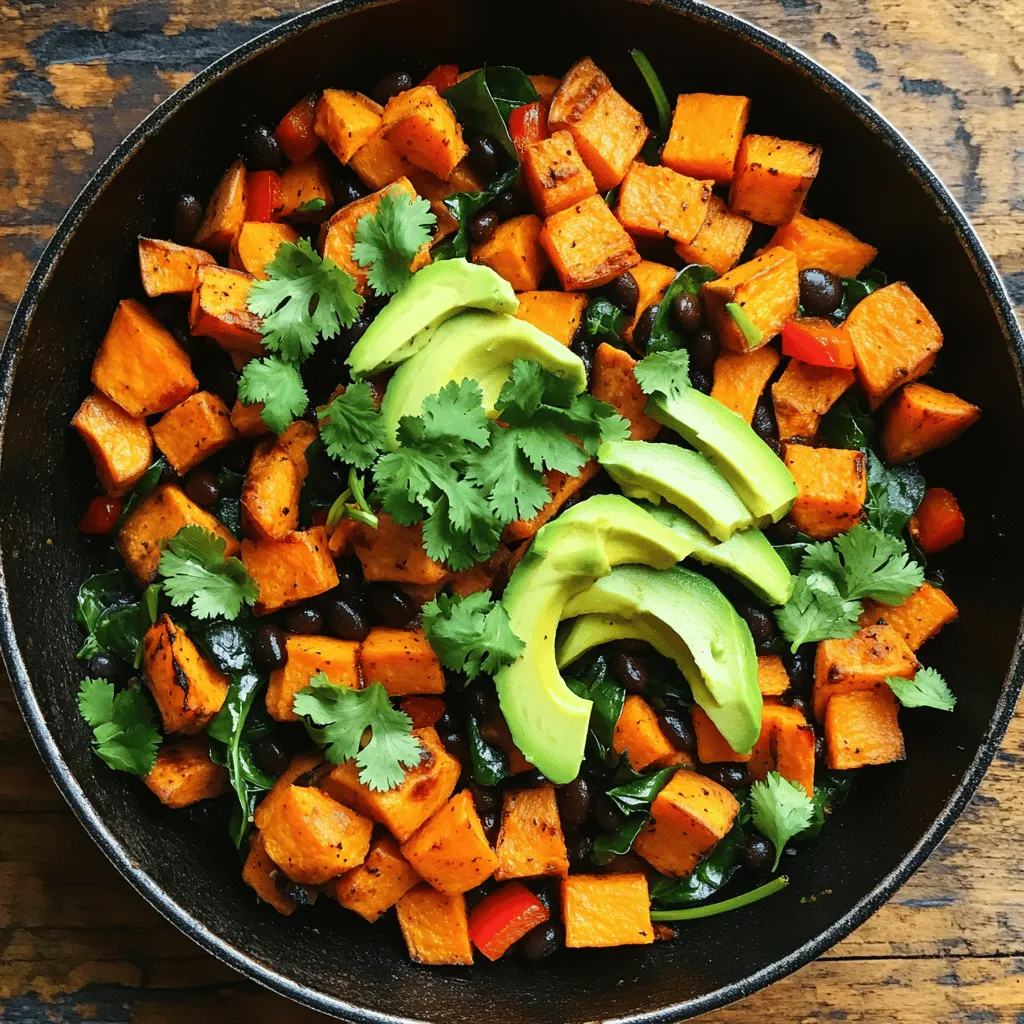 - 2 medium sweet potatoes, peeled and diced into 1/2-inch cubes - 1 bell pepper (choose red or yellow), diced - 1 small red onion, finely chopped - 2 cloves garlic, minced - 1 cup canned black beans, drained and rinsed thoroughly - 1 teaspoon ground cumin - 1 teaspoon smoked paprika - Salt and freshly ground black pepper to taste - 2 tablespoons extra virgin olive oil - 2 cups fresh spinach, roughly chopped - Fresh cilantro leaves, for garnish - Sliced avocado, for serving When you make this Vegan Sweet Potato Breakfast Hash, you start with sweet potatoes. I love their natural sweetness and bright color. You will need two medium sweet potatoes, peeled and cut into small cubes. The next star is a bell pepper. You can choose a red or yellow one, diced to add a pop of flavor and crunch. Next, grab a small red onion. Finely chop it to release its strong, sweet scent. You will also need two cloves of garlic, minced to give your dish a lovely aroma. Don’t forget about the black beans! One cup, drained and rinsed, adds protein and texture. Now, let’s spice it up! You will need one teaspoon of ground cumin and one teaspoon of smoked paprika. These spices give a nice warmth to the dish. Add salt and black pepper to taste, too. For the oil, use two tablespoons of extra virgin olive oil. This will help cook the hash and add depth to the flavors. Finally, add two cups of fresh spinach, roughly chopped. It wilts down nicely. Top your hash with fresh cilantro and sliced avocado. This adds freshness and creaminess to your meal. If you want to see how all these ingredients come together, check out the Full Recipe! Start by heating 1 tablespoon of olive oil in a large skillet over medium heat. Add 2 medium sweet potatoes, peeled and diced into 1/2-inch cubes, along with a pinch of salt. Sauté these sweet potatoes for about 10-15 minutes. Stir them occasionally. You want them to become tender and turn a lovely golden-brown. Once your sweet potatoes are soft, clear some space in the skillet. Push the potatoes to one side. Add another tablespoon of olive oil to the open space. Now, toss in 1 diced bell pepper and 1 small finely chopped red onion. Sauté these veggies for 4-5 minutes. The onion should turn translucent and fragrant. Next, it’s time to boost the flavor! Add 2 cloves of minced garlic, 1 teaspoon of ground cumin, and 1 teaspoon of smoked paprika to the skillet. Stir everything well to combine. Cook this mixture for another minute. This allows the spices to release their wonderful aromas. Now, gently fold in 1 cup of canned black beans, drained and rinsed, along with 2 cups of roughly chopped fresh spinach. Stir everything together and cook for about 2-3 minutes. You’ll see the spinach wilt down nicely, and the beans heat through. When everything is well mixed and hot, take the skillet off the heat. Taste your hash and adjust the seasoning if needed. Serve it warm, topped with fresh cilantro leaves and slices of creamy avocado. This Vegan Sweet Potato Breakfast Hash is ready to enjoy! For the full recipe, check out the detailed instructions above. To get the best sweet potatoes, cook them until they are soft and golden. If you want them firmer, cut down the cooking time. Using seasonal vegetables boosts flavor and adds nutrients. Fresh ingredients always make the dish better. Prepare sweet potatoes and chop your veggies ahead of time. This makes cooking faster on busy mornings. You can store the cooked hash in the fridge. It stays good for up to four days, making breakfast easy. Add a wedge of lime for a zesty kick. This small touch brightens the dish. You can also serve it with toast or whole grain wraps. These choices make for a hearty and satisfying meal. For more details, check the Full Recipe. {{image_4}} To make your vegan sweet potato breakfast hash even more filling, add protein. You can include tofu or tempeh for a hearty boost. Both options absorb flavors well, making them great choices. If you want a bean switch-up, try chickpeas or kidney beans instead of black beans. They add a different taste and texture, giving you more choices to enjoy. Do you love heat? Add jalapeños or red pepper flakes to spice things up. These will bring a nice kick to your breakfast hash. You can also play with spice blends, like curry powder, for a new twist. Mixing spices can change your meal from mild to exciting in just a few shakes. Feel free to swap out vegetables based on what you have. Try using zucchini, mushrooms, or kale instead of spinach. They will bring different flavors and nutrients to the dish. You can also change bell peppers. Use different colors or varieties to make your hash more vibrant and tasty. With these simple variations, you can always enjoy a unique meal. If you're ready to try it out, check the Full Recipe! Store any leftovers in an airtight container. You can keep them fresh for up to 4 days. When you’re ready to enjoy your hash again, reheat it in a skillet. This method helps maintain the texture and flavor. If you want to save some for later, freeze portions of the hash. It stays good for up to 3 months. To enjoy it, thaw the frozen hash in the refrigerator overnight. This way, it will be ready to heat. For the best results, reheat your hash on the stove. This ensures even cooking and keeps the flavors intact. If you use a microwave, do so in short intervals. Remember to stir in between to heat it evenly. Yes, you can prepare and store it in advance for quick meals. I often make a big batch on Sunday. It stores well in the fridge for up to four days. Just reheat it in a skillet or microwave. This way, you save time on busy mornings. You can use butternut squash or regular potatoes as alternatives. Both will add a nice flavor and texture. Butternut squash offers a sweet taste, while regular potatoes are more neutral. They all work well with the spices in this dish. Yes, all ingredients used are naturally gluten-free. You do not need to worry about gluten when enjoying this meal. This makes it a great choice for anyone with gluten sensitivities. Add grains like quinoa or brown rice for extra substance and fiber. These grains boost the meal's nutrition and keep you full longer. Mix them in at the end of cooking, or serve the hash over a bed of grains. It’s a simple way to enhance your breakfast. For the full recipe, check out the details above! This sweet potato breakfast hash is easy to make and full of flavor. Start with sweet potatoes, bell peppers, and black beans. Sauté, season, and finish with fresh spinach and herbs. You can customize it with proteins or different veggies, making each meal unique. Store leftovers for quick breakfasts or freeze for later. Enjoy this simple, nutritious dish now! You’ll love how versatile it is in your kitchen.