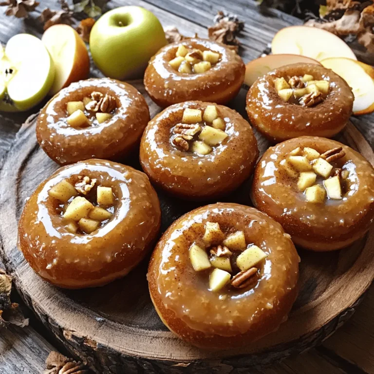 To make delicious maple glazed apple donuts, you need some simple ingredients. Here’s what you will need: - 2 cups all-purpose flour - 1 cup granulated sugar - 1 tablespoon baking powder - 1 teaspoon ground cinnamon - 1/2 teaspoon ground nutmeg - 1/2 teaspoon salt - 2 large eggs - 1/2 cup buttermilk - 1/4 cup unsweetened applesauce - 1/4 cup melted unsalted butter - 1 teaspoon pure vanilla extract - 1 cup diced apples (preferably Granny Smith or Honeycrisp) - 1/2 cup pure maple syrup - 1 cup powdered sugar These ingredients combine to create a soft, moist donut with a sweet glaze. Choosing the right apples makes a big difference in flavor. Here are some tips: - Look for firm apples without bruises. - Granny Smith apples give a nice tartness. - Honeycrisp apples add sweetness and crunch. - Smell the apples; they should have a fresh scent. - If possible, buy local apples for better taste and freshness. Using fresh apples enhances the overall taste of your donuts. You can adjust the recipe for different diets. Here are some options: - For gluten-free donuts, try using gluten-free all-purpose flour. - Use almond or oat milk instead of buttermilk for a dairy-free option. - Substitute applesauce with a mashed banana for a fruity twist. - Replace eggs with flaxseed meal (1 tablespoon flaxseed + 2.5 tablespoons water per egg). These alternatives keep your donuts tasty while fitting various diets. For the full recipe, check the instructions above. Start by preheating your oven to 350°F (175°C). This step helps the donuts rise well. Next, grab a donut pan and lightly grease it with non-stick cooking spray. This keeps the donuts from sticking. In a large bowl, whisk together these dry ingredients: - 2 cups all-purpose flour - 1 cup granulated sugar - 1 tablespoon baking powder - 1 teaspoon ground cinnamon - 1/2 teaspoon ground nutmeg - 1/2 teaspoon salt Mix them well to ensure even flavor. In a separate bowl, beat two large eggs until they are frothy. Add in 1/2 cup buttermilk, 1/4 cup unsweetened applesauce, 1/4 cup melted unsalted butter, and 1 teaspoon pure vanilla extract. Whisk until smooth. Slowly mix the wet ingredients into the dry ones. Stir gently until just combined. Overmixing can make the donuts tough. Finally, fold in 1 cup diced apples gently. For easy filling, transfer the batter into a piping bag or a zip-top bag with a corner snipped off. Fill each cavity of the donut pan about three-quarters full. This allows space for rising. Now, bake the donuts for 12-15 minutes. They are ready when they spring back when touched. A toothpick should come out clean when inserted into the center. After baking, let them cool in the pan for about 5 minutes. Then, move them to a wire rack to cool completely. While the donuts cool, prepare the maple glaze. In a bowl, mix together 1/2 cup pure maple syrup and 1 cup powdered sugar. Whisk until smooth and free of lumps. Once the donuts are cool, dip the tops into the glaze. Let any extra glaze drip back into the bowl. This simple step gives your donuts a beautiful finish. For a special touch, arrange your glazed donuts on a platter and enjoy! Check the full recipe for more details. To make perfect maple glazed apple donuts, watch out for a few key points. First, don’t overmix the batter. This can make your donuts tough. Mix just until combined. Second, make sure your oven is at the right temperature. An oven that’s too hot can burn the donuts. A too-cool oven can leave them doughy inside. Lastly, let the donuts cool a bit before glazing. This helps the glaze stick better. When it comes to glazing, a few simple steps make a big difference. First, dip the top of each donut in the glaze. Allow the excess glaze to drip back into the bowl. This keeps your glaze thick and shiny. If you want a thicker glaze, let the donuts sit for a minute, then dip them again. For a fun twist, add chopped nuts or sprinkles on top right after glazing. These donuts shine when served fresh. Try placing them on a colorful plate. You can add fresh apple slices or a scoop of vanilla ice cream for a delightful pairing. A drizzle of extra maple syrup can take it to the next level. For a cozy touch, serve with hot coffee or spiced tea. These pairings highlight the warm flavors of the donuts. {{image_4}} You can mix other fruits into your maple glazed apple donuts. Try adding diced pears or fresh blueberries. These fruits bring a new taste and texture. For a tropical twist, use crushed pineapple. Just make sure to adjust the amount of liquid in your batter if the fruit is very juicy. Spices can boost the flavor of your donuts. Try adding ginger, cloves, or allspice for warmth. A pinch of cardamom can bring a unique twist. You can also up the cinnamon for a more robust flavor. Experiment with these spices to find your favorite blend. While the maple glaze is tasty, don’t hesitate to try other options. A chocolate glaze made from melted chocolate chips can make the donuts rich. For a sweet touch, drizzle caramel over the donuts. You can even mix maple syrup with cocoa powder for a chocolate-maple blend. These alternatives give you lots of ways to enjoy your donuts. For the full recipe, check out the earlier sections. Store your leftover maple glazed apple donuts in an airtight container. Keep them at room temperature for up to three days. This method helps maintain their soft texture and delicious flavor. If you want to keep them longer, consider freezing. To reheat, place your donuts in a microwave-safe dish. Heat them for about 10 to 15 seconds. This warms them up and keeps them soft. You can also use a toaster oven. Set it to 350°F (175°C) and heat for 5 minutes. This method adds a bit of crispness. To freeze the donuts, let them cool completely. Wrap each donut in plastic wrap. Then place them in a freezer bag. Remove as much air as possible before sealing. They can last up to three months in the freezer. When you're ready to enjoy, thaw them overnight in the fridge. Reheat as needed for the best taste. You can find the full recipe for these delightful treats earlier in the article. Making maple glazed apple donuts from scratch is easy. Start by gathering your ingredients. You will need flour, sugar, baking powder, spices, eggs, buttermilk, applesauce, butter, vanilla, apples, maple syrup, and powdered sugar. Follow the steps in the Full Recipe to mix, bake, and glaze your donuts. Just remember to not overmix the batter. This keeps the donuts light and fluffy. Yes, you can use whole wheat flour. It adds a nutty flavor and more fiber. The donuts may be denser, but they will still taste great. If you want a lighter texture, try mixing half whole wheat and half all-purpose flour. You can find maple glazed apple donuts at many local bakeries. Some coffee shops also sell them. If you prefer to make them at home, the ingredients are easy to find at grocery stores. Making them fresh is often the tastiest option! You now know how to make delicious maple glazed apple donuts from scratch. We covered ingredients, from selecting fresh apples to dietary swaps. The step-by-step guide showed how to prepare, bake, and glaze. You learned tips to avoid mistakes and explore fun variations. Plus, I shared how to store and reheat your donuts. With these insights, you can create tasty treats at home. Enjoy experimenting with flavors, and share your creations with friends!