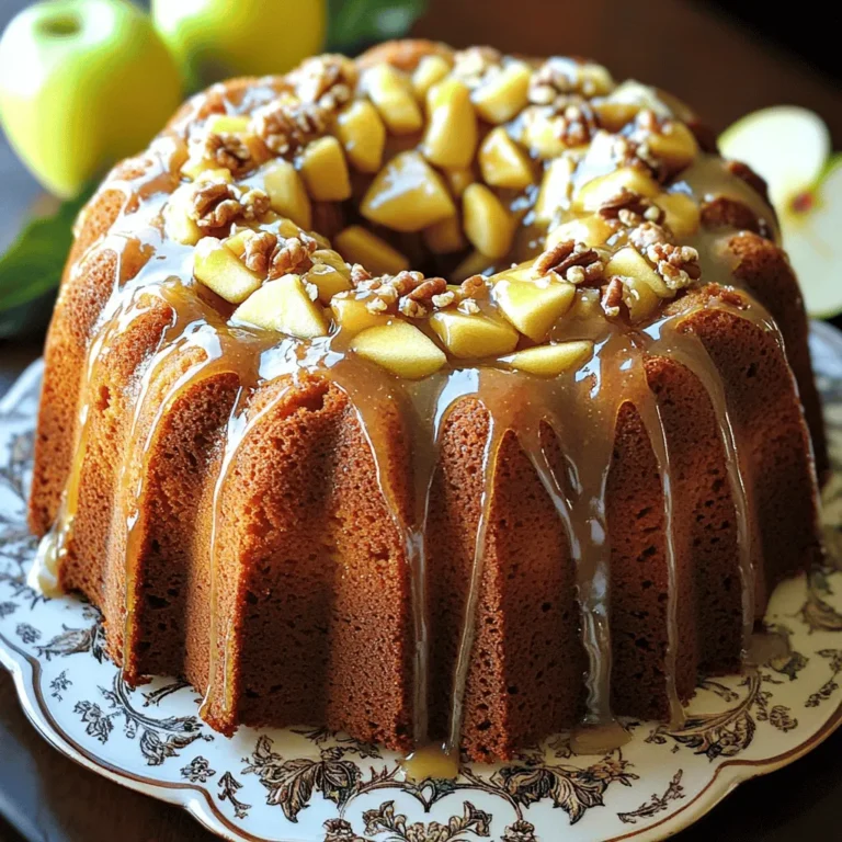 - 2 cups all-purpose flour - 1 teaspoon baking powder - 1 teaspoon baking soda - 1 teaspoon ground cinnamon - 1/2 teaspoon ground nutmeg - 1/2 teaspoon salt - 1/2 cup unsalted butter, softened at room temperature - 1 cup brown sugar, packed firmly - 1/2 cup granulated sugar - 3 large eggs, at room temperature - 1 teaspoon pure vanilla extract - 1 cup buttermilk, at room temperature - 2 cups apples, peeled, cored, and diced - 1 cup chopped walnuts or pecans (optional) The ingredients for this maple glazed apple bundt cake come together to create a perfect balance of flavors. The dry ingredients form the base of the cake. Flour gives it structure, while baking powder and baking soda help it rise. Cinnamon and nutmeg add warmth and spice. The wet ingredients bring moisture and sweetness. Softened butter and sugars create a creamy mix that melts in your mouth. Eggs bind everything together, and the buttermilk makes the cake tender. Vanilla extract adds a lovely aroma. Apples are the star of this recipe. They add natural sweetness and a juicy texture. You can choose Granny Smith for tartness or Honeycrisp for a sweeter bite. If you want a crunch, toss in some walnuts or pecans. They add a delightful contrast. For the full recipe, follow the steps carefully to ensure a moist, flavorful cake. Enjoy the process of baking and the sweet aroma that fills your kitchen! 1. Preheat your oven to 350°F (175°C). 2. Grease and flour a 10-inch Bundt pan well. This helps the cake come out clean. 3. In a medium bowl, combine: - 2 cups all-purpose flour - 1 teaspoon baking powder - 1 teaspoon baking soda - 1 teaspoon ground cinnamon - 1/2 teaspoon ground nutmeg - 1/2 teaspoon salt Whisk these dry ingredients until they blend well, then set them aside. 1. In a large bowl, cream together: - 1/2 cup unsalted butter, softened - 1 cup brown sugar, packed - 1/2 cup granulated sugar Use an electric mixer and mix until light and fluffy. This takes about 3-4 minutes. 2. Add in 3 large eggs one at a time. Mix well after each egg. 3. Stir in 1 teaspoon of pure vanilla extract until it combines nicely. 1. Gradually add the dry mixture to the wet mixture, alternating with: - 1 cup buttermilk Start with a portion of the dry mix, blend, then add buttermilk. Repeat until all is combined. 2. Gently fold in: - 2 cups apples, diced - 1 cup chopped walnuts or pecans (optional) Ensure the apples and nuts are evenly spread throughout the batter. 1. Carefully pour the batter into the prepared Bundt pan. Smooth the top using a spatula. 2. Bake in the preheated oven for 50-60 minutes. Check if a toothpick comes out clean. 3. Let the cake cool in the pan for about 15 minutes. Then, invert it onto a wire rack to cool completely. 1. In a small bowl, whisk together: - 1 cup powdered sugar - 3 tablespoons pure maple syrup - 1-2 tablespoons milk Adjust the milk until you get a smooth, pourable glaze. Now you're ready to drizzle this maple glaze over your beautiful cake! Enjoy this sweet delight. For the full recipe, check out the details above. To bake a great Maple Glazed Apple Bundt Cake, ensure even cooking. One way is to grease the pan well. Use butter and flour to cover every corner. This will stop the cake from sticking. Check the oven temperature too. A hot oven cooks the cake evenly. Room temperature ingredients are key. They mix better and help create a light and fluffy cake. Set eggs and butter out before you start. This small step makes a big difference. For a perfect glaze, aim for a smooth and pourable mix. Start with powdered sugar and maple syrup. Add milk a little at a time. Mix until you reach a nice consistency. It should drizzle easily over the cake. Apply the glaze after the cake cools. This prevents it from melting away. Let the glaze set for a few minutes before serving. This will give a nice finish. When serving, think about how to impress. Slice the cake onto pretty plates. Add fresh apple slices on the side for color. A sprinkle of nuts adds crunch and looks nice. Pair the cake with whipped cream for a rich touch. A scoop of vanilla ice cream also works great. You can find the Full Recipe for more details. Enjoy making this treat! {{image_4}} You can change the taste of your Maple Glazed Apple Bundt Cake by adding spices. For example, try adding ground ginger or cloves. These spices give the cake a warm kick. They enhance the sweet apple flavor. You can also use different types of apples. Granny Smith apples add tartness, while Honeycrisp apples offer sweetness. Mixing apple varieties can create a deeper flavor profile. To make the cake fit different diets, try gluten-free flour instead of all-purpose flour. This change keeps the cake moist and tasty. For those avoiding dairy, use almond milk or coconut milk in place of buttermilk. You can also use a dairy-free butter substitute. If you want a low-sugar option, consider using a sugar substitute like erythritol or stevia. These swaps keep the sweetness while being kinder to your diet. When serving the cake, you can get creative. You might want to pair it with a scoop of vanilla ice cream or a dollop of whipped cream. Fresh apple slices on the side add a nice touch. For added crunch, sprinkle some chopped walnuts or pecans on top. This adds texture and makes your dessert look more appealing. Consider serving with a cup of hot tea or coffee for a delightful afternoon treat. For the complete recipe, check out the Full Recipe section. To keep your Maple Glazed Apple Bundt Cake fresh at room temperature, cover it tightly. Use plastic wrap or a cake dome. Store it in a cool, dry place. This method helps the cake stay moist for up to three days. If you notice the glaze getting sticky, place a paper towel under the cover to absorb moisture. For long-term storage, freezing is a great option. First, let the cake cool completely. Then, wrap it tightly in plastic wrap. Place the wrapped cake in a freezer-safe bag or container. This keeps it fresh for up to three months. When ready to enjoy, thaw it in the fridge overnight. To warm up slices without losing flavor, use the oven. Preheat it to 350°F (175°C). Place the slices on a baking sheet and cover them with foil. Heat for about 10-15 minutes until warm. You can also use a microwave. Heat slices on a plate for about 15-20 seconds. Enjoy the soft, sweet flavors of your cake again! For the full recipe, check the earlier section. To make your cake moister, use these tips: - Add more apples. The juice from the apples keeps the cake soft. - Use full-fat buttermilk. It adds richness and moisture to the batter. - Don't overmix the batter. Mix just enough to combine the ingredients. - Bake at the right temperature. An oven that is too hot can dry out the cake. - Try adding a little applesauce. It works well to increase moisture without adding fat. Yes! You can use several alternatives: - A 9x13-inch baking pan works great. Just adjust the baking time. - Muffin tins create apple cupcakes. This makes for fun individual servings. - A round cake pan can also work. Just remember to check for doneness early. If your cake sticks, don’t worry! Here are some solutions: - Ensure you grease the pan well with butter or cooking spray. - Dust the pan with flour after greasing. This helps create a barrier. - Let the cake cool for a few minutes before inverting it. This can help release it. - If it still sticks, try gently running a knife around the edges. Adjusting baking time is easy: - For cupcakes, bake for 18 to 22 minutes. Check with a toothpick. - For a smaller round cake, start checking at 30 minutes. - Always check for doneness early. Each oven is different, so keep an eye on it. For the full recipe, check back to see how these tips come together! In this post, we covered how to bake a delicious apple bundt cake. We explored the needed dry and wet ingredients, along with helpful tips for mixing and baking. Variations let you change flavors or meet dietary needs. Finally, we included storage and reheating advice to keep your cake fresh. With these steps, you can create a tasty treat. Enjoy sharing your version with friends and family!