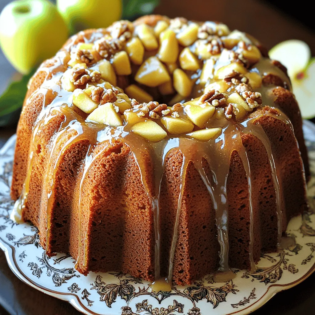 - 2 cups all-purpose flour - 1 teaspoon baking powder - 1 teaspoon baking soda - 1 teaspoon ground cinnamon - 1/2 teaspoon ground nutmeg - 1/2 teaspoon salt - 1/2 cup unsalted butter, softened at room temperature - 1 cup brown sugar, packed firmly - 1/2 cup granulated sugar - 3 large eggs, at room temperature - 1 teaspoon pure vanilla extract - 1 cup buttermilk, at room temperature - 2 cups apples, peeled, cored, and diced - 1 cup chopped walnuts or pecans (optional) The ingredients for this maple glazed apple bundt cake come together to create a perfect balance of flavors. The dry ingredients form the base of the cake. Flour gives it structure, while baking powder and baking soda help it rise. Cinnamon and nutmeg add warmth and spice. The wet ingredients bring moisture and sweetness. Softened butter and sugars create a creamy mix that melts in your mouth. Eggs bind everything together, and the buttermilk makes the cake tender. Vanilla extract adds a lovely aroma. Apples are the star of this recipe. They add natural sweetness and a juicy texture. You can choose Granny Smith for tartness or Honeycrisp for a sweeter bite. If you want a crunch, toss in some walnuts or pecans. They add a delightful contrast. For the full recipe, follow the steps carefully to ensure a moist, flavorful cake. Enjoy the process of baking and the sweet aroma that fills your kitchen! 1. Preheat your oven to 350°F (175°C). 2. Grease and flour a 10-inch Bundt pan well. This helps the cake come out clean. 3. In a medium bowl, combine: - 2 cups all-purpose flour - 1 teaspoon baking powder - 1 teaspoon baking soda - 1 teaspoon ground cinnamon - 1/2 teaspoon ground nutmeg - 1/2 teaspoon salt Whisk these dry ingredients until they blend well, then set them aside. 1. In a large bowl, cream together: - 1/2 cup unsalted butter, softened - 1 cup brown sugar, packed - 1/2 cup granulated sugar Use an electric mixer and mix until light and fluffy. This takes about 3-4 minutes. 2. Add in 3 large eggs one at a time. Mix well after each egg. 3. Stir in 1 teaspoon of pure vanilla extract until it combines nicely. 1. Gradually add the dry mixture to the wet mixture, alternating with: - 1 cup buttermilk Start with a portion of the dry mix, blend, then add buttermilk. Repeat until all is combined. 2. Gently fold in: - 2 cups apples, diced - 1 cup chopped walnuts or pecans (optional) Ensure the apples and nuts are evenly spread throughout the batter. 1. Carefully pour the batter into the prepared Bundt pan. Smooth the top using a spatula. 2. Bake in the preheated oven for 50-60 minutes. Check if a toothpick comes out clean. 3. Let the cake cool in the pan for about 15 minutes. Then, invert it onto a wire rack to cool completely. 1. In a small bowl, whisk together: - 1 cup powdered sugar - 3 tablespoons pure maple syrup - 1-2 tablespoons milk Adjust the milk until you get a smooth, pourable glaze. Now you're ready to drizzle this maple glaze over your beautiful cake! Enjoy this sweet delight. For the full recipe, check out the details above. To bake a great Maple Glazed Apple Bundt Cake, ensure even cooking. One way is to grease the pan well. Use butter and flour to cover every corner. This will stop the cake from sticking. Check the oven temperature too. A hot oven cooks the cake evenly. Room temperature ingredients are key. They mix better and help create a light and fluffy cake. Set eggs and butter out before you start. This small step makes a big difference. For a perfect glaze, aim for a smooth and pourable mix. Start with powdered sugar and maple syrup. Add milk a little at a time. Mix until you reach a nice consistency. It should drizzle easily over the cake. Apply the glaze after the cake cools. This prevents it from melting away. Let the glaze set for a few minutes before serving. This will give a nice finish. When serving, think about how to impress. Slice the cake onto pretty plates. Add fresh apple slices on the side for color. A sprinkle of nuts adds crunch and looks nice. Pair the cake with whipped cream for a rich touch. A scoop of vanilla ice cream also works great. You can find the Full Recipe for more details. Enjoy making this treat! {{image_4}} You can change the taste of your Maple Glazed Apple Bundt Cake by adding spices. For example, try adding ground ginger or cloves. These spices give the cake a warm kick. They enhance the sweet apple flavor. You can also use different types of apples. Granny Smith apples add tartness, while Honeycrisp apples offer sweetness. Mixing apple varieties can create a deeper flavor profile. To make the cake fit different diets, try gluten-free flour instead of all-purpose flour. This change keeps the cake moist and tasty. For those avoiding dairy, use almond milk or coconut milk in place of buttermilk. You can also use a dairy-free butter substitute. If you want a low-sugar option, consider using a sugar substitute like erythritol or stevia. These swaps keep the sweetness while being kinder to your diet. When serving the cake, you can get creative. You might want to pair it with a scoop of vanilla ice cream or a dollop of whipped cream. Fresh apple slices on the side add a nice touch. For added crunch, sprinkle some chopped walnuts or pecans on top. This adds texture and makes your dessert look more appealing. Consider serving with a cup of hot tea or coffee for a delightful afternoon treat. For the complete recipe, check out the Full Recipe section. To keep your Maple Glazed Apple Bundt Cake fresh at room temperature, cover it tightly. Use plastic wrap or a cake dome. Store it in a cool, dry place. This method helps the cake stay moist for up to three days. If you notice the glaze getting sticky, place a paper towel under the cover to absorb moisture. For long-term storage, freezing is a great option. First, let the cake cool completely. Then, wrap it tightly in plastic wrap. Place the wrapped cake in a freezer-safe bag or container. This keeps it fresh for up to three months. When ready to enjoy, thaw it in the fridge overnight. To warm up slices without losing flavor, use the oven. Preheat it to 350°F (175°C). Place the slices on a baking sheet and cover them with foil. Heat for about 10-15 minutes until warm. You can also use a microwave. Heat slices on a plate for about 15-20 seconds. Enjoy the soft, sweet flavors of your cake again! For the full recipe, check the earlier section. To make your cake moister, use these tips: - Add more apples. The juice from the apples keeps the cake soft. - Use full-fat buttermilk. It adds richness and moisture to the batter. - Don't overmix the batter. Mix just enough to combine the ingredients. - Bake at the right temperature. An oven that is too hot can dry out the cake. - Try adding a little applesauce. It works well to increase moisture without adding fat. Yes! You can use several alternatives: - A 9x13-inch baking pan works great. Just adjust the baking time. - Muffin tins create apple cupcakes. This makes for fun individual servings. - A round cake pan can also work. Just remember to check for doneness early. If your cake sticks, don’t worry! Here are some solutions: - Ensure you grease the pan well with butter or cooking spray. - Dust the pan with flour after greasing. This helps create a barrier. - Let the cake cool for a few minutes before inverting it. This can help release it. - If it still sticks, try gently running a knife around the edges. Adjusting baking time is easy: - For cupcakes, bake for 18 to 22 minutes. Check with a toothpick. - For a smaller round cake, start checking at 30 minutes. - Always check for doneness early. Each oven is different, so keep an eye on it. For the full recipe, check back to see how these tips come together! In this post, we covered how to bake a delicious apple bundt cake. We explored the needed dry and wet ingredients, along with helpful tips for mixing and baking. Variations let you change flavors or meet dietary needs. Finally, we included storage and reheating advice to keep your cake fresh. With these steps, you can create a tasty treat. Enjoy sharing your version with friends and family!
