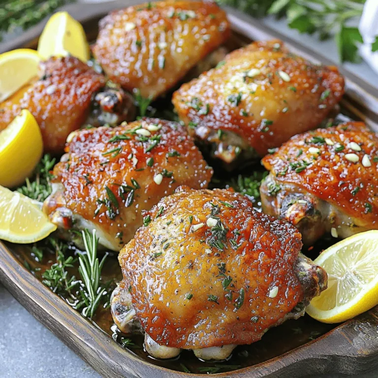 To make garlic herb roasted chicken thighs, you need just a few simple items: - 4 bone-in, skin-on chicken thighs - 4 cloves garlic, finely minced - 2 tablespoons fresh rosemary, finely chopped - 2 tablespoons fresh thyme, finely chopped - 1 tablespoon fresh parsley, finely chopped - 2 tablespoons extra virgin olive oil - 1 teaspoon fresh lemon zest - Salt and freshly ground black pepper, to taste - 1 lemon, cut into wedges (for garnish) Choosing fresh herbs is key for great flavor. Look for vibrant green leaves. They should smell strong and fragrant. Avoid herbs that look wilted or brown. Buying from local farmers' markets can provide the best options. If you're unsure, ask the vendor about the herbs. Fresh herbs elevate the taste of the chicken, making it more delightful. You can mix and match ingredients based on what you have. If you can't find rosemary or thyme, use dried versions. Use about a third of the fresh amount. You can also try other herbs like oregano or basil. For a twist, add a dash of paprika or chili flakes. Each change can give you a new flavor. Check the full recipe for more ideas on how to customize your dish! Start by preheating your oven to 425°F (220°C). This step is key for crispy skin. While the oven heats, line a baking dish with parchment paper. This makes cleanup easy. Next, pat each chicken thigh dry with a paper towel. Dry skin helps it become crispy. Now, season both sides of the chicken with salt and freshly ground black pepper. Use enough to enhance the flavor. In a small bowl, combine the minced garlic, chopped rosemary, thyme, parsley, olive oil, and lemon zest. Add salt and pepper to taste. Mix well until you get a smooth herb paste. This mixture is what makes the chicken so tasty. You want it to coat each piece nicely for full flavor. Rub the garlic herb mixture all over the chicken thighs. Lift the skin slightly to get some herb mix under it. This step adds depth to the taste. Place the seasoned thighs skin-side up in the baking dish. Roast them in your preheated oven for about 35-45 minutes. You want the skin golden brown and the chicken to reach an internal temperature of 165°F (75°C). For extra crispiness, switch to broil mode during the last 2-3 minutes. Keep an eye on it so it doesn’t burn. After roasting, let the chicken rest for around 5 minutes. This helps keep the meat juicy. For the full recipe, check the earlier section. Enjoy your delicious Garlic Herb Roasted Chicken Thighs! To get crispy skin, you must dry the chicken thighs well. I use paper towels to remove any moisture. This step is key. Season the skin with salt and pepper generously. The salt pulls out moisture and helps crisp it up as it cooks. When you roast, place the thighs skin-side up. For an extra crunch, switch to broil for the last few minutes. Just keep an eye on them to avoid burning. Want to boost the flavor? Use fresh herbs like rosemary, thyme, and parsley. They add a bright taste that makes the chicken shine. You can also add lemon zest for a fresh zing. If you like a kick, add red pepper flakes to the herb mixture. Marinating the chicken for a few hours or overnight can deepen the flavor even further. The longer it sits, the more the herbs infuse into the meat. When serving garlic herb roasted chicken thighs, presentation matters. Place them on a large platter. Add fresh lemon wedges and extra herbs for color. Pair this dish with sides like roasted vegetables or a crisp salad. These sides balance the rich flavors of the chicken. You can find the full recipe above for detailed steps to create this delightful meal. {{image_4}} You can mix up the flavor with various marinades. Try a honey mustard blend for sweetness. Combine honey, Dijon mustard, and olive oil for a tangy twist. Another option is a soy sauce marinade. Mix soy sauce, garlic, and ginger for an Asian flavor. Let the chicken marinate for at least an hour. This adds depth and makes the meat tender. Roasting works well, but you can also grill the chicken. Preheat your grill to medium-high heat. Cook the thighs skin-side down for a crispy finish. Flip them after 5-7 minutes. Another option is to bake them in a slow cooker. Set it on low for 4-6 hours. This method keeps the chicken juicy and allows the flavors to meld. Garlic herb roasted chicken thighs pair nicely with many sides. Roasted vegetables like carrots, potatoes, and Brussels sprouts add color and texture. For a lighter option, serve with a fresh salad. A simple mix of greens, cucumbers, and tomatoes works great. You can also add rice or quinoa for a filling meal. Explore the [Full Recipe] for more ideas and tips! After you enjoy your garlic herb roasted chicken thighs, let them cool. Place the leftover chicken in an airtight container. It will stay fresh for up to three days in the fridge. If you cover it well, the flavors will stay strong. Remember to keep any leftover herbs or lemon wedges in a separate container. Reheating your chicken thighs is simple. Take them out of the fridge and place them on a baking sheet. Preheat your oven to 350°F (175°C). Heat for about 15-20 minutes or until warmed through. You can also use a microwave for quick reheating. Just cover the dish to keep moisture in. Heat in short bursts, checking often to avoid drying them out. If you have extra chicken, freezing is a great option. Wrap each thigh in plastic wrap, then place them in a freezer bag. Label the bag with the date. The chicken will stay good for up to three months. When you're ready to eat, thaw in the fridge overnight. After thawing, reheat as mentioned above. Enjoy your tasty meal anytime! Roasting chicken thighs takes about 35 to 45 minutes. You want the skin to turn a nice golden brown. Always check the internal temperature. It should reach 165°F (75°C) to ensure it is safe to eat. I love to use a meat thermometer for accuracy. It gives me peace of mind. Yes, you can use boneless chicken thighs. They cook faster than bone-in thighs. Reduce the cooking time to about 25 to 30 minutes. Just ensure they also reach an internal temperature of 165°F (75°C). The flavor will still be great, but the skin won't be as crispy. Garlic herb roasted chicken thighs pair well with many sides. I enjoy serving them with roasted vegetables. You might try carrots, potatoes, or Brussels sprouts. A fresh salad also complements the dish nicely. Lemon wedges add brightness and can enhance the flavor even more. For the full recipe, check out the details above. This blog post covered how to make tasty garlic herb roasted chicken thighs. We discussed key ingredients, like fresh herbs, and offered tips on prepping and roasting. You learned how to get crispy skin and boost flavors. We also explored storage tips and responded to common questions. In the end, cooking can be fun and easy. Try these ideas to make your meals special!