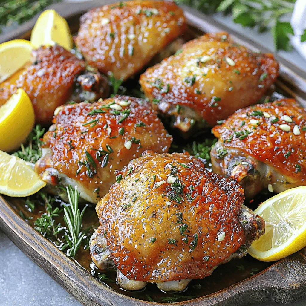 To make garlic herb roasted chicken thighs, you need just a few simple items: - 4 bone-in, skin-on chicken thighs - 4 cloves garlic, finely minced - 2 tablespoons fresh rosemary, finely chopped - 2 tablespoons fresh thyme, finely chopped - 1 tablespoon fresh parsley, finely chopped - 2 tablespoons extra virgin olive oil - 1 teaspoon fresh lemon zest - Salt and freshly ground black pepper, to taste - 1 lemon, cut into wedges (for garnish) Choosing fresh herbs is key for great flavor. Look for vibrant green leaves. They should smell strong and fragrant. Avoid herbs that look wilted or brown. Buying from local farmers' markets can provide the best options. If you're unsure, ask the vendor about the herbs. Fresh herbs elevate the taste of the chicken, making it more delightful. You can mix and match ingredients based on what you have. If you can't find rosemary or thyme, use dried versions. Use about a third of the fresh amount. You can also try other herbs like oregano or basil. For a twist, add a dash of paprika or chili flakes. Each change can give you a new flavor. Check the full recipe for more ideas on how to customize your dish! Start by preheating your oven to 425°F (220°C). This step is key for crispy skin. While the oven heats, line a baking dish with parchment paper. This makes cleanup easy. Next, pat each chicken thigh dry with a paper towel. Dry skin helps it become crispy. Now, season both sides of the chicken with salt and freshly ground black pepper. Use enough to enhance the flavor. In a small bowl, combine the minced garlic, chopped rosemary, thyme, parsley, olive oil, and lemon zest. Add salt and pepper to taste. Mix well until you get a smooth herb paste. This mixture is what makes the chicken so tasty. You want it to coat each piece nicely for full flavor. Rub the garlic herb mixture all over the chicken thighs. Lift the skin slightly to get some herb mix under it. This step adds depth to the taste. Place the seasoned thighs skin-side up in the baking dish. Roast them in your preheated oven for about 35-45 minutes. You want the skin golden brown and the chicken to reach an internal temperature of 165°F (75°C). For extra crispiness, switch to broil mode during the last 2-3 minutes. Keep an eye on it so it doesn’t burn. After roasting, let the chicken rest for around 5 minutes. This helps keep the meat juicy. For the full recipe, check the earlier section. Enjoy your delicious Garlic Herb Roasted Chicken Thighs! To get crispy skin, you must dry the chicken thighs well. I use paper towels to remove any moisture. This step is key. Season the skin with salt and pepper generously. The salt pulls out moisture and helps crisp it up as it cooks. When you roast, place the thighs skin-side up. For an extra crunch, switch to broil for the last few minutes. Just keep an eye on them to avoid burning. Want to boost the flavor? Use fresh herbs like rosemary, thyme, and parsley. They add a bright taste that makes the chicken shine. You can also add lemon zest for a fresh zing. If you like a kick, add red pepper flakes to the herb mixture. Marinating the chicken for a few hours or overnight can deepen the flavor even further. The longer it sits, the more the herbs infuse into the meat. When serving garlic herb roasted chicken thighs, presentation matters. Place them on a large platter. Add fresh lemon wedges and extra herbs for color. Pair this dish with sides like roasted vegetables or a crisp salad. These sides balance the rich flavors of the chicken. You can find the full recipe above for detailed steps to create this delightful meal. {{image_4}} You can mix up the flavor with various marinades. Try a honey mustard blend for sweetness. Combine honey, Dijon mustard, and olive oil for a tangy twist. Another option is a soy sauce marinade. Mix soy sauce, garlic, and ginger for an Asian flavor. Let the chicken marinate for at least an hour. This adds depth and makes the meat tender. Roasting works well, but you can also grill the chicken. Preheat your grill to medium-high heat. Cook the thighs skin-side down for a crispy finish. Flip them after 5-7 minutes. Another option is to bake them in a slow cooker. Set it on low for 4-6 hours. This method keeps the chicken juicy and allows the flavors to meld. Garlic herb roasted chicken thighs pair nicely with many sides. Roasted vegetables like carrots, potatoes, and Brussels sprouts add color and texture. For a lighter option, serve with a fresh salad. A simple mix of greens, cucumbers, and tomatoes works great. You can also add rice or quinoa for a filling meal. Explore the [Full Recipe] for more ideas and tips! After you enjoy your garlic herb roasted chicken thighs, let them cool. Place the leftover chicken in an airtight container. It will stay fresh for up to three days in the fridge. If you cover it well, the flavors will stay strong. Remember to keep any leftover herbs or lemon wedges in a separate container. Reheating your chicken thighs is simple. Take them out of the fridge and place them on a baking sheet. Preheat your oven to 350°F (175°C). Heat for about 15-20 minutes or until warmed through. You can also use a microwave for quick reheating. Just cover the dish to keep moisture in. Heat in short bursts, checking often to avoid drying them out. If you have extra chicken, freezing is a great option. Wrap each thigh in plastic wrap, then place them in a freezer bag. Label the bag with the date. The chicken will stay good for up to three months. When you're ready to eat, thaw in the fridge overnight. After thawing, reheat as mentioned above. Enjoy your tasty meal anytime! Roasting chicken thighs takes about 35 to 45 minutes. You want the skin to turn a nice golden brown. Always check the internal temperature. It should reach 165°F (75°C) to ensure it is safe to eat. I love to use a meat thermometer for accuracy. It gives me peace of mind. Yes, you can use boneless chicken thighs. They cook faster than bone-in thighs. Reduce the cooking time to about 25 to 30 minutes. Just ensure they also reach an internal temperature of 165°F (75°C). The flavor will still be great, but the skin won't be as crispy. Garlic herb roasted chicken thighs pair well with many sides. I enjoy serving them with roasted vegetables. You might try carrots, potatoes, or Brussels sprouts. A fresh salad also complements the dish nicely. Lemon wedges add brightness and can enhance the flavor even more. For the full recipe, check out the details above. This blog post covered how to make tasty garlic herb roasted chicken thighs. We discussed key ingredients, like fresh herbs, and offered tips on prepping and roasting. You learned how to get crispy skin and boost flavors. We also explored storage tips and responded to common questions. In the end, cooking can be fun and easy. Try these ideas to make your meals special!