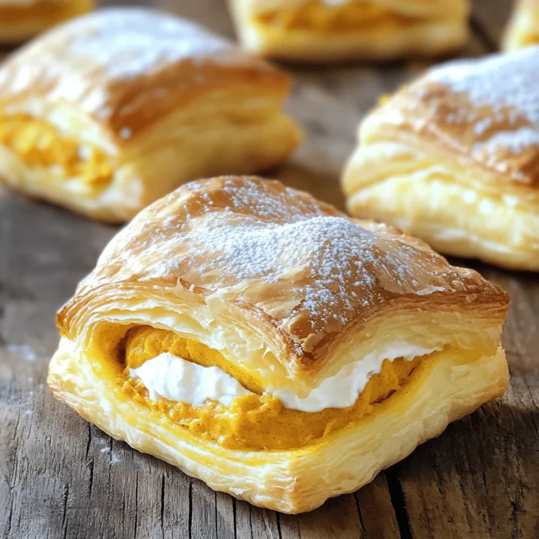 - 1 sheet of puff pastry (thawed) - 1 cup pumpkin puree - 4 oz cream cheese, softened - 1/2 cup powdered sugar - 1 egg (for egg wash) - 1 teaspoon vanilla extract - 1 teaspoon pumpkin pie spice - 1/4 teaspoon salt - 1 tablespoon milk (for softening the cream cheese) - Optional: Extra powdered sugar for dusting - Baking sheet - Parchment paper - Mixing bowls - Whisk or handheld mixer - Pastry brush - Calories per serving - Macronutrient breakdown (carbs, fats, protein) The ingredients for Pumpkin Cream Cheese Danish are simple and easy to find. You start with a sheet of puff pastry. This will give your danish a flaky texture. You need pumpkin puree, which brings that delicious fall flavor. Cream cheese adds a rich, sweet taste. Powdered sugar sweetens the cream cheese mix. An egg is for an egg wash, giving a nice color when baked. Vanilla extract adds a warm flavor. Pumpkin pie spice gives that classic autumn taste. Salt balances the sweetness. Finally, milk softens the cream cheese for easy mixing. For tools, you need a baking sheet to hold the danishes. Parchment paper prevents sticking. Mixing bowls help you blend your ingredients. A whisk or handheld mixer makes mixing quick. A pastry brush is for applying the egg wash. Nutritional information is key. Each serving has calories from the pastry and fillings. Knowing the macronutrients helps if you track your diet. This recipe is delicious and satisfying while still being easy to make. For the full recipe, check the section above. - Preheat the oven to 400°F (200°C). - Prepare the baking sheet with parchment paper. - Roll out and cut the puff pastry into 4x4-inch squares. - Blend cream cheese with powdered sugar, milk, vanilla extract, and salt. - Mix until you achieve a smooth and creamy consistency. - Mix pumpkin puree, pumpkin pie spice, and a pinch of salt in a bowl. - Stir well to ensure smooth incorporation of all ingredients. - Place a spoonful of cream cheese mixture in the center of each pastry square. - Top it with another spoonful of the pumpkin mixture. - Seal the pastry by folding the corners toward the center or leave it open. - Apply egg wash for a golden finish using a pastry brush. - Bake for 15-20 minutes until the danishes are puffed and golden brown. - Allow the danishes to cool slightly on the baking sheet. - Transfer them to a wire rack to cool completely. - Dust with powdered sugar if desired before serving. For the full recipe, check out the detailed instructions above! To avoid soggy bottoms, use a baking sheet lined with parchment paper. This helps the heat circulate. Keep your pastry cold before baking. If the puff pastry warms up too much, it will not puff well. Bake your danishes at 400°F (200°C) for 15 to 20 minutes. Keep an eye on them, as ovens can vary. You want them golden brown and puffed. Adding nuts like pecans or walnuts brings a nice crunch. You can also mix in chocolate chips for a sweet twist. Want to elevate the flavor? Add a pinch of nutmeg or cinnamon. These spices pair perfectly with pumpkin and give a warm taste. For serving, place the danishes on a colorful plate to catch the eye. You can drizzle a simple glaze over them for a fancy touch. Use powdered sugar to dust the tops. This adds sweetness and makes them look pretty. For a fun twist, serve with a side of whipped cream or vanilla ice cream. {{image_4}} You can easily change the filling in your Pumpkin Cream Cheese Danish. Swap the pumpkin for apple or cherry filling. These fruits add a nice sweetness and tartness. You can also try flavored cream cheese. Use lemon or cinnamon cream cheese for a fresh twist. If you need gluten-free options, use gluten-free puff pastry. Many brands offer this now. For vegan eaters, you can swap cream cheese for a plant-based option. Use a mix of tofu and yogurt for a creamy filling. For the egg wash, use almond milk or soy milk. This keeps the shine without eggs. Seasonal spices can boost the flavor. Try adding nutmeg or ginger for warmth. You can also use fun decorations. Use colored icing for holidays or festive sprinkles. These small changes make your danishes special for any occasion. For the full recipe, check the section above. To keep your pumpkin cream cheese danishes fresh, store them in an airtight container. You can place parchment paper between the layers to prevent sticking. If you want to refrigerate them, they will stay good for about three days. For longer storage, freeze the danishes. Wrap them tightly in plastic wrap and then in foil. This way, they can last for up to three months. For the best texture, reheat your danishes in the oven. Preheat the oven to 350°F (175°C). Place the danishes on a baking sheet and heat for about 10-15 minutes. This helps restore their crispiness. If you are in a hurry, you can use the microwave. Heat them for 15-20 seconds. This method is quick but may make the pastry a bit soft. In the fridge, the danishes stay fresh for about three days. Check for signs of spoilage. If they smell off or have mold, throw them away. A good danish should look golden and feel crisp. Yes, you can use homemade puff pastry. Making your own pastry has its perks. First, you control the ingredients. You can use better butter or flour. This can boost flavor and texture. Homemade dough is often flakier. It can give your danish a nice rise. However, store-bought is quick and easy. It's perfect for busy days. Yes, you can prepare the filling in advance. Mix the cream cheese, pumpkin puree, and spices. Store it in an airtight container. Keep it in the fridge for up to three days. This saves time on baking day. Just remember to stir it well before using. Freshness is key for the best flavor. You can serve these danishes with many things. Here are a few ideas: - Fresh fruit like apples or pears - A side of yogurt for creaminess - A cup of coffee or tea - Whipped cream for a sweet touch These pairings add variety and balance to your meal. The danishes are done when they are golden brown. Look for a puffed appearance. The edges should be crisp and flaky. If you tap the bottom, it should sound hollow. This means the inside is cooked well. Keep an eye on them as they bake. Enjoy the delicious smell as a sign they are close to being ready. This blog post covered all you'll need to make delicious Pumpkin Cream Cheese Danishes. You learned about key ingredients, tools, and step-by-step instructions to create them perfectly. I also shared tips for enhancing flavor and making variations, including how to store and reheat leftovers. Remember, these danishes are fun to make any time of year. Enjoy them fresh or try new fillings. Let your baking spark creativity and joy in your kitchen!