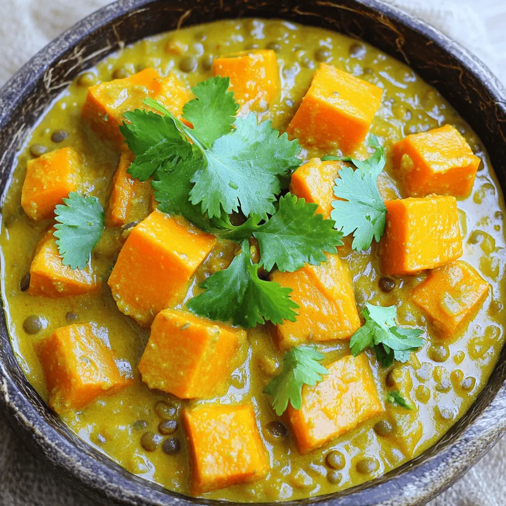 - Sweet potatoes and lentils - 1 large sweet potato, peeled and cut into 1-inch cubes - 1 cup dried lentils (choose green or brown), thoroughly rinsed - Spices and aromatics - 2 cups vegetable broth (low sodium recommended) - 1 can (14 oz) of creamy coconut milk - 1 medium onion, finely diced - 3 cloves of garlic, minced - 1-inch piece of fresh ginger, grated or finely minced - 2 tablespoons curry powder (adjust to taste) - 1 teaspoon turmeric powder - 1 teaspoon ground cumin - Salt and black pepper, to taste - Fresh cilantro leaves for garnish - Juice of 1 lime, freshly squeezed - Cooking essentials - 1 tablespoon extra virgin olive oil Gather these ingredients to create a dish that is both tasty and good for you. Sweet potatoes add a hint of sweetness, while lentils provide protein and fiber. The spices bring warmth and depth, making every bite enjoyable. Don't forget the coconut milk; it gives the curry a rich and creamy texture. If you're ready to dive into the full recipe, check out the [Full Recipe](#). - Sautéing the aromatics: First, heat olive oil in a large pot over medium heat. Once hot, add finely diced onion. Cook for about 5 minutes until soft and see-through. This step builds a great base for your curry. Next, stir in minced garlic and grated ginger. Cook for another minute. The smells will be amazing! - Toasting the spices: Now, sprinkle in the curry powder, turmeric, and ground cumin. Stir them for about 30 seconds. This toasting brings out the rich flavors of the spices. You want them to be fragrant and warm. - Adding the main ingredients: Time to add the cubed sweet potato and rinsed lentils to the pot. Stir them well to coat with the spices. This ensures every bite bursts with flavor. Then, pour in the creamy coconut milk and vegetable broth. Make sure everything is mixed well. - Simmering the mixture: Increase the heat to bring the mixture to a gentle boil. Once boiling, reduce the heat to a steady simmer. Cover the pot and let it cook for about 25-30 minutes. Stir occasionally. The lentils should be tender, and the sweet potato should be easy to pierce with a fork. - Adjusting consistency: If the curry is too thick, you can add more broth or water. Stir well to mix. You can make it as thick or as soupy as you like. Just keep tasting until it feels right. - Final seasoning tips: After cooking, season the curry with salt, black pepper, and fresh lime juice. Stir everything together. The lime juice brightens the flavors. Let it sit for about 5 minutes before serving. This resting time helps all the flavors blend beautifully. Follow these steps for a delicious Sweet Potato Lentil Curry. For the complete details, check the Full Recipe. To get the best texture in your Sweet Potato Lentil Curry, always start with fresh ingredients. Fresh sweet potatoes and lentils will give the best flavor. Cut the sweet potato into even cubes. This helps them cook at the same rate. Here are some key tips for cooking: - Cook lentils until soft: They should be tender but not mushy. - Stir occasionally: This keeps the mixture from sticking to the pot. - Use enough liquid: If it gets too thick, add more vegetable broth or water. If you like it spicier, adjust the spice levels to your taste. Start with 2 tablespoons of curry powder. After cooking, taste the curry. If you want more heat, add a bit more curry powder or some chili flakes. This curry pairs well with many sides. Here are some great choices: - Serve it with fluffy rice or quinoa for a complete meal. - Pair it with warm naan or pita bread to soak up all the flavors. For a beautiful presentation, serve the curry in deep bowls. Top each bowl with extra cilantro and a slice of lime. This adds color and a fresh taste. You can also sprinkle some toasted nuts on top for added crunch. For more details, check out the Full Recipe. {{image_4}} You can switch out lentils based on what you have. Black beans or chickpeas work well. They add a nice texture and flavor. You can also change the vegetables. Try carrots, spinach, or bell peppers. Each adds a different taste and color. Sweet potatoes give a nice sweetness, but other root veggies can work too. If you like heat, add chopped peppers. Jalapeños or serranos can spice things up. Start with a small amount and increase as needed. Fresh herbs can change the flavor too. Adding cilantro or mint gives a fresh twist. You can mix in basil or parsley for a new taste. For more ideas, check the Full Recipe to explore how these changes can fit into your cooking! To keep your Sweet Potato Lentil Curry fresh, store it in an airtight container. Place it in the fridge within two hours of cooking. It will stay good for about three to four days. Be sure to let the curry cool down before sealing it. For long-term storage, freezing works great. Use freezer-safe containers or heavy-duty bags. This method keeps the curry tasty for up to three months. When ready to eat, just thaw it in the fridge overnight before reheating. When it’s time to enjoy your leftovers, the best way to reheat the curry is on the stove. Pour the curry into a pot and heat it over medium heat. Stir it often to prevent sticking. If the curry seems thick, add a bit of water or broth to adjust the texture. You can also use a microwave. Place the curry in a microwave-safe bowl, cover it with a lid or plastic wrap, and heat for about two minutes. Stir halfway through to ensure even heating. Enjoy your meal just as delicious as the first time! For the full recipe, check out the Sweet Potato Lentil Curry . Can I make this curry ahead of time? Yes, you can make Sweet Potato Lentil Curry ahead of time. This dish tastes even better the next day. The flavors blend well as it sits. Just store it in an airtight container in the fridge. Reheat it gently when you are ready to eat. Is Sweet Potato Lentil Curry suitable for freezing? Absolutely! This curry freezes well. Pour it into freezer-safe containers and let it cool first. It can last for up to three months in the freezer. When you want to enjoy it, just thaw it overnight in the fridge and reheat it on the stove. What are the nutritional benefits of this dish? Sweet Potato Lentil Curry offers many health benefits. Sweet potatoes are packed with vitamins A and C. Lentils are rich in protein and fiber, making this dish very filling. Coconut milk adds healthy fats, while spices like turmeric and cumin have anti-inflammatory properties. How can I adjust the recipe for a smaller serving? To make a smaller portion, just halve the ingredients. Use half a sweet potato and ½ cup of lentils. This way, you can enjoy the same great taste without too many leftovers. You can also cook it in a smaller pot. What should I serve with Sweet Potato Lentil Curry? This curry pairs well with rice or quinoa. You can also serve it with warm naan bread. For a fresh touch, add a side salad with cucumbers and tomatoes. Each option complements the flavors and adds texture. This blog post covered how to make Sweet Potato Lentil Curry. We discussed essential ingredients, cooking steps, and tips for the best results. You learned how to adjust spice levels and texture, plus variations to suit your taste. With storage tips, you can keep leftovers fresh. Remember, this curry is not just tasty but also healthy. Feel free to experiment with flavors and ingredients. Cooking should be fun, so enjoy every step!