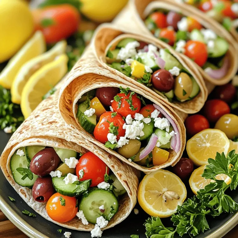 Creating Simple Greek Salad Wraps is easy with fresh, vibrant ingredients. Here’s what you'll need: - Fresh produce for Greek salad - 1 cup cherry tomatoes, halved - 1 crisp cucumber, diced - 1/2 red onion, finely sliced - 1 vibrant bell pepper (any color), diced - 1 cup Kalamata olives, pitted and sliced - 1/4 cup fresh parsley, finely chopped - Dairy items and seasonings - 1 cup feta cheese, crumbled - Juice of 1 lemon - 3 tablespoons extra virgin olive oil - 1 teaspoon dried oregano - Salt and pepper to taste - Tortilla options and sizes - 4 large whole wheat tortillas These ingredients work together to create a fresh and flavorful meal. The mix of colors and textures makes each bite a delight. You can also swap out any ingredient. If you prefer, try different cheeses or veggies. For the best taste, use ripe tomatoes and fresh herbs. Want to check out the Full Recipe? It's a great way to see how these ingredients come together! 1. Mixing vegetables and herbs: Start by taking a large mixing bowl. Add 1 cup of halved cherry tomatoes, 1 diced cucumber, and 1/2 finely sliced red onion. Next, toss in 1 diced bell pepper, 1 cup of sliced Kalamata olives, and 1/4 cup of finely chopped parsley. Stir gently to combine everything. You want a nice mix of colors and textures. 2. Making the zesty dressing: In a small bowl, whisk together the juice of 1 lemon, 3 tablespoons of extra virgin olive oil, and 1 teaspoon of dried oregano. Add a pinch of salt and some black pepper. This dressing adds bright flavor to your salad. 3. Combining the salad and dressing: Drizzle the dressing over the mixed salad. Toss everything carefully until the vegetables are well coated. The salad should look fresh and vibrant. This step brings all the flavors together. 1. Preparing the tortilla: Take a large whole wheat tortilla and lay it flat on a clean surface. Make sure it is soft and easy to roll. You can warm it in a pan for a few seconds if needed. 2. Filling and rolling technique: Spoon about 1/4 of the Greek salad mixture into the center of the tortilla. Do not overfill, or it might spill out. Next, sprinkle some crumbled feta cheese on top. This adds a creamy texture. 3. Cutting and serving suggestions: Fold the sides of the tortilla inward. Start at the bottom and roll it up tightly toward the top. Once rolled, use a sharp knife to cut the wrap in half diagonally. Serve right away for the best taste. Arrange the wraps on a colorful platter. You can add lemon wedges and extra olives for a nice touch. Enjoy your fresh and tasty meal! For the complete recipe, check out the Full Recipe. To make your Greek salad wraps pop, use fresh herbs. Fresh parsley and oregano give great taste. Mix in a pinch of salt and pepper for balance. I love to cure the dressing ahead of time. Letting it sit for at least 30 minutes brings out the flavors. This gives your wraps a zesty kick that everyone will love. Presentation matters! Arrange the wraps on a colorful platter. This makes them look inviting. Add lemon wedges and Kalamata olives to the sides. A few sprigs of parsley can make it even prettier. You can also cut the wraps in halves or quarters. This way, they’re easy to grab and enjoy. Want to save time? Use pre-chopped vegetables from the store. This can cut down your prep time. You can also try quick dressing alternatives. A store-bought Greek dressing works great. Just remember to check for good ingredients. These simple tricks let you enjoy a fresh meal without a lot of work. For the full recipe, check out the details above! {{image_4}} You can easily change the veggies in your Greek salad wraps. Try adding: - Spinach or arugula for extra greens. - Shredded carrots for sweetness and crunch. - Radishes for a peppery kick. For cheese, if you want a twist, consider: - Goat cheese for a tangy flavor. - Mozzarella for a milder taste. - Vegan cheese if you prefer a dairy-free option. If you are gluten-free, try these tortilla options: - Corn tortillas for a traditional taste. - Lettuce leaves for a fresh, low-carb wrap. For a vegan version, I suggest: - Omit feta cheese and use more olives or avocado. - Add chickpeas for protein and texture. To make your wraps more filling, add protein sources like: - Grilled chicken for a hearty touch. - Canned chickpeas for a plant-based boost. To spice things up, consider adding: - Fresh dill or mint for a burst of flavor. - A pinch of red pepper flakes for heat. Each swap gives a new twist while keeping the spirit of the wraps. Explore these variations to find your favorite! For the full recipe, refer to the ingredients and steps outlined above. To keep your Greek salad wraps fresh, store them in the fridge. Wrap each one in plastic wrap. This helps to seal in moisture and flavor. Place the wrapped wraps in an airtight container. This keeps out air that can cause them to dry out. If you want to eat them later, try to finish them within three days. The longer they sit, the softer the tortillas get. You can freeze Greek salad wraps for longer storage. First, wrap each one tightly in plastic wrap. Then, place them in a freezer-safe bag. Make sure to squeeze out as much air as you can. This helps prevent freezer burn. When you're ready to eat, move the wraps to the fridge to thaw overnight. Avoid using the microwave to thaw them, as it can make the tortillas soggy. For reheating, place them in a warm skillet over low heat. This keeps the wraps crispy on the outside. Cook each side for about two minutes or until warmed through. Enjoy the flavors just like when you first made them! For the full recipe, check out the detailed steps above. Can I make Greek salad wraps in advance? Yes, you can. Make the salad and dressing ahead of time. Store them separately in the fridge. When ready to eat, fill the tortillas. This keeps the wraps fresh and crunchy. What can I serve with Greek salad wraps? You can serve them with a side of hummus or tzatziki sauce. A handful of pita chips works great too. Fresh fruit or a light soup can round out the meal nicely. How do I prevent my wraps from getting soggy? To avoid soggy wraps, keep the dressing separate until you’re ready to eat. Use thicker tortillas, as they hold up better. You can also layer lettuce or spinach inside the wrap to create a barrier. Caloric breakdown per serving Each Greek salad wrap has about 300 calories. This can vary based on the ingredients you choose. Health benefits of main ingredients - Tomatoes: Rich in vitamins and antioxidants. - Cucumbers: Great for hydration. - Feta cheese: Provides protein and calcium. - Olives: Good fats that support heart health. - Olive oil: A source of healthy fat that aids digestion. Simplifying the preparation process Use pre-chopped veggies to save time. This makes the assembly much quicker. You can also buy store-made dressings if you want to cut down on prep. Essential kitchen tools for making wraps You will need a sharp knife for cutting veggies. A mixing bowl helps combine the ingredients. Use a cutting board for the tortillas. Having a whisk for the dressing is also helpful. Greek salad wraps are a tasty and easy meal option. We covered key ingredients, step-by-step prep, and smart tips. You learned how to enhance flavors and present them well. Variations allow you to customize your wraps to fit diets and preferences. Plus, I shared storage tips to keep wraps fresh. Incorporate these ideas for a satisfying meal that fits your lifestyle. Enjoy experimenting with flavors and ingredients!