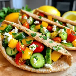 - Whole wheat pitas - Cooked quinoa - Cucumber, finely diced - Cherry tomatoes, halved - Red onion, minced - Bell peppers, diced - Kalamata olives, pitted and sliced - Feta cheese, crumbled - Fresh parsley, chopped - Olive oil - Fresh lemon juice - Salt and freshly ground black pepper The ingredients in Greek veggie stuffed pitas are fresh and colorful. Each one brings its own flavor. Whole wheat pitas serve as the perfect pocket to hold all the goodness. Quinoa adds a nice texture and protein. Cucumbers and cherry tomatoes keep things crisp and juicy. Minced red onion gives a sharp bite, while diced bell peppers add sweetness. Kalamata olives bring a salty, briny taste that enhances the dish. Feta cheese adds creaminess and tang. Fresh parsley not only brightens the dish but also adds a fresh note. Olive oil and lemon juice tie everything together with rich flavor and acidity. Salt and pepper are key for balance, making each bite delicious. - Caloric value per serving: Approximately 350 calories - Breakdown of macronutrients: - Proteins: 12g - Fats: 15g - Carbohydrates: 45g - Dietary considerations: Vegetarian and can be made gluten-free with alternative pitas These stuffed pitas offer a wholesome meal packed with nutrients. Each serving has a good mix of proteins, fats, and carbs. They fit well into a vegetarian diet. For a gluten-free option, just swap the whole wheat pitas for ones made from rice or corn. For more details on how to prepare this dish, check the Full Recipe. Enjoy making these tasty Greek veggie stuffed pitas! - In a large bowl, mix together these items: - 1 cup cooked quinoa - 1 cup cucumber, finely diced - 1 cup cherry tomatoes, halved - 1/2 red onion, minced - 1 cup bell peppers, diced - 1/2 cup Kalamata olives, pitted and sliced - 1 cup Feta cheese, crumbled - 1/4 cup fresh parsley, chopped Gently fold everything with a spatula. This keeps the Feta intact and the veggies fresh. - Drizzle 2 tablespoons of olive oil and 2 tablespoons of fresh lemon juice over the mix. This adds flavor and moisture. - Season with salt and freshly ground black pepper. Toss the mixture lightly, making sure it’s all evenly coated. - Carefully slice each whole wheat pita in half. Make sure not to cut all the way through. This creates a pocket for your filling. - Using a spoon, fill each pita half with the veggie mix. Pack it in well, but don’t overfill. Too much stuffing may tear the pita. - If you want a warm, crispy pita, heat a skillet over medium heat. - Toast the stuffed pitas for 1-2 minutes on each side. This step adds a nice crunch and enhances the flavors. You can enjoy your Greek Veggie Stuffed Pitas warm or at room temperature. For the full recipe, check the earlier section. To make your Greek veggie stuffed pitas sing, add fresh herbs. Chopped dill or mint give a bright taste. You can also try a pinch of smoked paprika or cumin for extra warmth. For dressings, a simple olive oil and lemon mix works great. You can also use a yogurt-based dressing for creaminess. To keep your veggies crisp, cut them just before mixing. Avoid letting them sit too long in the dressing. For Feta cheese, crumble it gently. This helps keep its shape and texture. You want small pieces that still hold their form, adding that classic tang without turning mushy. Pair your stuffed pitas with tasty dips like Tzatziki or hummus. These dips add creaminess and flavor. For side dishes, consider a Greek salad or roasted veggies. Both complement the pitas well and create a full meal experience. Don't forget to serve some lemon wedges on the side for a fresh zing! For the complete recipe, check out the Full Recipe. {{image_4}} You can switch quinoa with rice or couscous. Both options keep the pitas filling tasty and fun. If you want to change the cheese, try using vegan cheese. It melts well and adds creaminess without dairy. For some protein, you can add cooked chicken or chickpeas. This will make the pitas heartier. You can also mix in other veggies like spinach, zucchini, or roasted eggplant. These add more flavor and nutrition to the dish. Serve the stuffed pitas picnic-style on a big platter. This makes sharing easy and fun. You can also layer the filling in a wrap instead of using a pita. This style adds a nice twist and makes it simple to eat. You can find the full recipe to try these ideas! After you enjoy your Greek veggie stuffed pitas, store any leftovers in the fridge. Place them in an airtight container to keep them fresh. They will stay tasty for about 2 to 3 days. If you want the best flavor, eat them within the first day. The longer they sit, the soggier the pita may become. If you want to store them longer, you can freeze the filling. To freeze, pack the filling in a freezer-safe bag. Remove as much air as possible before sealing. It can last up to 3 months in the freezer. When you are ready to eat, thaw it in the fridge overnight. Reheat it in a skillet over low heat. This helps keep the texture nice and fresh. To save time, prepare your ingredients ahead of time. You can cook the quinoa and chop the veggies a day before. Store them in the fridge in separate containers. When you are ready to eat, simply mix the filling and stuff the pitas. Assembling them right before serving keeps the pitas crisp and the veggies fresh. Enjoy your meal with a smile! You can try several options for gluten-free or low-carb choices. Here are some ideas: - Corn tortillas: Soft and pliable, they work well for stuffing. - Lettuce leaves: Use large leaves like romaine or butter lettuce for a fresh wrap. - Almond flour pitas: These are low-carb and gluten-free, great for a healthier option. - Rice paper wraps: They add a fun twist and are gluten-free. Yes, you can make them ahead! Here are some best practices: - Prepare the filling: You can mix the veggies and quinoa a day in advance. - Store separately: Keep the filling in the fridge and fill the pitas just before serving. - Avoid sogginess: This way, the pita stays fresh and crisp. Customizing the filling is simple and fun! Here are some suggestions: - Add proteins: Try grilled chicken, chickpeas, or even tofu for extra protein. - Change cheese: Swap Feta for goat cheese or a vegan cheese for different flavors. - Spice it up: Add jalapeños for heat or fresh herbs like dill or mint for freshness. - Mix in grains: Substitute quinoa with couscous or brown rice for a twist. Feel free to explore! You can find the Full Recipe for more ideas. This blog post shared a simple, tasty way to make Greek veggie stuffed pitas. We covered the ingredients you'll need and their nutritional benefits. I walked you through each preparation step, including how to pack the pitas. I also shared tips for better flavors and storing leftovers. Remember, you can easily customize the recipe with different toppings and fillings. Enjoy creating your perfect pita, and feel proud of your healthy meal choice.