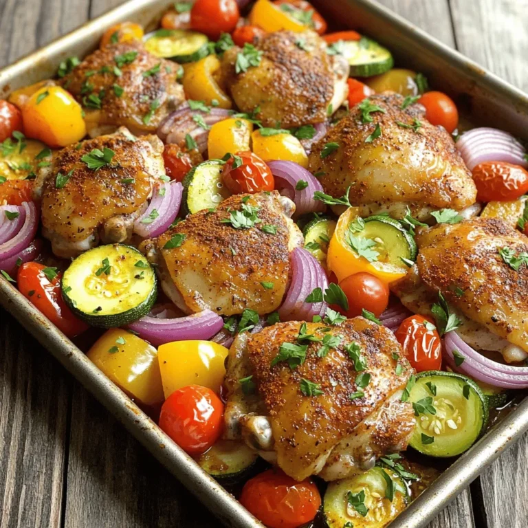 - 1.5 lbs boneless, skinless chicken thighs (or breasts) - 2 tablespoons extra virgin olive oil - 1 medium red onion, thinly sliced - 1 bell pepper (any vibrant color), sliced into strips - 1 medium zucchini, cut into half-moons - 1 cup cherry tomatoes, halved You can choose chicken thighs or breasts for this dish. Thighs are juicier, while breasts are leaner. - 3 cloves garlic, finely minced - 2 teaspoons ground cumin - 2 teaspoons ground coriander - 1 teaspoon ground turmeric - 1 teaspoon smoked paprika - 1 teaspoon ground cinnamon - 1 teaspoon cayenne pepper (adjust based on preferred spice level) - Juice of 1 fresh lemon - Salt and freshly ground black pepper to taste These spices give the shawarma its bold and warm taste. The marinade is key for deep flavor. - Fresh parsley, chopped (for garnish) Serve this dish with warm pita bread. You can also add dips like hummus or tzatziki. For a colorful plate, use fresh herbs. They add a vibrant touch and flavor. For more details on how to prepare the dish, check the Full Recipe. To make the marinade, gather your ingredients. In a bowl, mix olive oil, minced garlic, cumin, coriander, turmeric, smoked paprika, cinnamon, cayenne, lemon juice, salt, and pepper. Stir the mix well. Next, add the chicken thighs or breasts to the bowl. Make sure each piece gets coated in the marinade. Cover the bowl with plastic wrap and let it sit in the fridge. I suggest marinating for at least 30 minutes. If you have time, let it marinate for up to 2 hours. This helps the flavors soak in. While the chicken marinates, it’s time to prep the veggies. Slice the red onion and bell pepper into thin strips. Cut the zucchini into half-moons, and halve the cherry tomatoes. For the best results, aim for even-sized pieces. This helps them cook at the same rate. I like using a mix of red onion, bell pepper, zucchini, and cherry tomatoes. These veggies roast well and add great flavor. Now we assemble everything on a sheet pan. First, place the marinated chicken in the center of a large, rimmed baking sheet. Then, arrange the sliced onion, bell pepper, zucchini, and cherry tomatoes around the chicken. Drizzle a bit more olive oil over the veggies. Sprinkle them with salt and pepper for extra flavor. Preheat your oven to 425°F (220°C). Once ready, roast the sheet pan for about 25-30 minutes. Make sure the chicken reaches an internal temperature of 165°F (75°C). The veggies should be tender and lightly caramelized. For a nice finish, you can turn on the broil setting for 2-3 minutes. Keep an eye on it to avoid burning. When done, garnish with freshly chopped parsley for a pop of color. Enjoy your flavorful and simple meal! Check the Full Recipe for more details. To boost flavor, marinate your chicken well. A good marinade makes a big difference. Mix olive oil, garlic, and spices in a bowl. Add chicken and coat it fully. Let it sit in the fridge for at least 30 minutes, but 2 hours works best. This gives the flavors time to soak in. You can adjust spice levels to your taste. If you love heat, add more cayenne pepper. If you prefer mild flavors, reduce it. You can also try different spices. Add some sumac for a tangy twist or more cumin for warmth. Roasting chicken and veggies properly brings out their best. Preheat your oven to 425°F (220°C) for even cooking. Spread the chicken and vegetables on a large sheet pan. Make sure they have space. This helps them roast, not steam. Keep an eye on cooking time. Chicken should reach 165°F (75°C) and veggies should be tender. If you have a convection oven, use it! It cooks food faster and evenly. Just reduce the cooking time by a few minutes. For regular ovens, stick to the recommended time. Serving your dish well makes it more appealing. Use a large platter to arrange the chicken and veggies. Drizzle a bit of olive oil on top for shine. Add lemon wedges for a fresh touch. Fresh parsley as a garnish adds color. Pair your meal with warm pita bread or a side of hummus. This not only looks pretty but also adds flavor and texture. If you want to impress, serve it with a colorful salad on the side. For the full recipe, check out the details above. {{image_4}} You can easily switch up the proteins in this dish. Try using tofu for a plant-based option. Shrimp is another tasty swap, adding a different texture and flavor. When it comes to vegetables, think about the season. In spring, use asparagus or snap peas. For fall, sweet potatoes or Brussels sprouts work great. This flexibility keeps the meal fresh and exciting. To make the flavor pop, consider adding different spice blends. A touch of garam masala or za'atar can add a new twist. You can also explore various sauces and dips. Tzatziki is a classic choice that complements the spices. A spicy harissa sauce can amp up the heat for those who love a kick. Experiment to find your favorite combination. When serving, think about fun sides. A simple cucumber salad or warm pita bread pairs nicely. For a heartier meal, add rice or couscous. If you want to prep for the week, pack the chicken and veggies in containers. They store well for quick lunches or dinners. Leftovers can be transformed into wraps or salads for more variety. Check out the Full Recipe for more ideas! To store leftover chicken shawarma, let it cool first. Place the chicken and veggies in an airtight container. This keeps them fresh and safe. Use glass or BPA-free plastic containers for meal prep. These containers stack well and save space in your fridge. For reheating, use the oven or stovetop. Preheat the oven to 350°F (175°C). Spread the chicken and veggies on a baking sheet. Heat for about 15-20 minutes. This method keeps the flavors strong and the chicken juicy. If using a stovetop, add a little olive oil to a pan. Heat on medium until warm, about 5-7 minutes. To freeze your prepared shawarma, cool it completely first. Place it in freezer-safe bags or containers. Remove as much air as possible to prevent freezer burn. It can last up to three months in the freezer. When ready to eat, thaw the shawarma in the fridge overnight. For a quick option, use the microwave on the defrost setting. Once thawed, reheat as mentioned above. Enjoy your meal again without losing any taste! For chicken shawarma, I recommend using boneless, skinless chicken thighs. Thighs have more fat and flavor than breasts. They stay juicy and tender during cooking. If you prefer chicken breasts, they work too. Just remember to watch the cooking time. Chicken thighs will give you a richer taste. Yes, you can easily meal prep this dish. You can marinate the chicken a day ahead. Store it in the fridge until you're ready to cook. Chop the veggies in advance too. Keep them in containers. This way, you save time on busy weeknights. Just toss everything on the pan and roast! To keep your chicken juicy, marinate it well. Use a mix of olive oil, lemon juice, and spices. Let it sit for at least 30 minutes, but longer is better. Cook at a high temperature, around 425°F. This helps seal in the moisture. Don’t overcook it; aim for an internal temp of 165°F. You can prep this dish in advance. Marinate the chicken and chop the veggies ahead. Store them separately in the fridge. When you’re ready, simply arrange them on the sheet pan. Roast as directed, and enjoy a quick meal. This makes weeknight dinners a breeze! Many dips go well with chicken shawarma. A classic choice is tzatziki, which adds a cool creaminess. Hummus is another great option, offering a nutty flavor. You can also try garlic sauce for a punch. A spicy harissa or tahini sauce can add some heat. Mix and match to find your favorite! Sheet Pan Chicken Shawarma is easy and fun to make. We discussed key ingredients, spices, and marinades that create great flavor. You learned how to prepare and cook your dish for perfect results. I shared tips for enhancing taste and presentation, making each meal special. You can even adapt the recipe with different proteins and veggies. Finally, proper storage and reheating keep your meal fresh. Enjoy the flavors and make this dish a new family favorite!