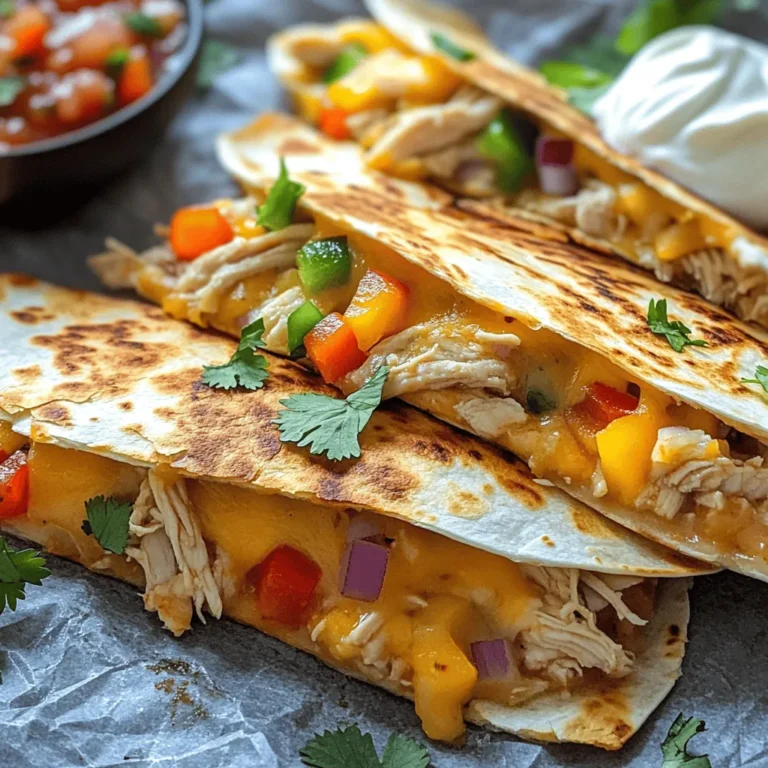 - 2 cups cooked chicken, shredded - 1 cup shredded cheddar cheese - 1 cup shredded Monterey Jack cheese - 4 large flour tortillas - 1/2 cup bell peppers, diced - 1/2 cup red onion, finely chopped - 1/4 cup fresh cilantro, chopped - 1 teaspoon ground cumin - 1 teaspoon chili powder - Salt and freshly ground black pepper to taste - 2 tablespoons olive oil - Optional: sour cream and chunky salsa for serving To make great chicken quesadillas, you need fresh ingredients. First, use two cups of cooked chicken. The chicken should be shredded for easy mixing. Next, add a cup each of cheddar and Monterey Jack cheese. These cheeses melt well and give a rich taste. For flavor, use half a cup of diced bell peppers and half a cup of finely chopped red onion. These add crunch and sweetness. A quarter cup of fresh cilantro brightens the dish. Spice it up with a teaspoon of ground cumin and chili powder. Don’t forget to add salt and pepper to your taste. You will also need flour tortillas. Four large ones work best. Lastly, have two tablespoons of olive oil ready for cooking. If you like, prepare sour cream and chunky salsa for dipping. This combination makes your quesadillas more fun and tasty. For the full recipe, check the details above. - Combine cooked chicken, cheese, bell peppers, red onion, cilantro, cumin, chili powder, salt, and pepper in a bowl. - Mix all these ingredients until well combined. It should look colorful and delicious. - Preheat your skillet over medium heat. Add 1 tablespoon of olive oil and let it heat. - Once hot, place one flour tortilla in the skillet. Spread half of the chicken mixture evenly over the tortilla. - Carefully place another tortilla on top. Press down gently with a spatula. - Cook for about 3-4 minutes. The bottom should turn golden brown. - Flip the quesadilla carefully with a spatula. If needed, add another tablespoon of olive oil. - Cook for another 3-4 minutes. Look for a golden brown color and melted cheese. - Remove the quesadilla from the skillet and let it rest for one minute. This helps the cheese set. - Slice the quesadilla into wedges using a sharp knife or pizza cutter. - Arrange the wedges on a platter. Garnish with extra cilantro. - Serve with sour cream and chunky salsa for dipping. Enjoy your meal! - Pant the skillet for even cooking: This means you should heat your skillet well before adding the quesadilla. It helps the bottom get nice and crispy. You want that tasty crunch! - Adjust heat to prevent burning: Keep an eye on the heat. If it’s too high, the quesadilla can burn quickly. A medium heat works best for golden brown perfection. - Use different cheese varieties for unique flavors: Cheese is key! You can mix cheddar, Monterey Jack, or even queso blanco. Each cheese adds its own twist. - Consider a blend of mozzarella and pepper jack for spice: For a bit of a kick, try adding pepper jack. The mozzarella gives it that stretchy texture we all love! - Garnish with cilantro before serving: A sprinkle of fresh cilantro makes the dish pop. It adds a bright flavor and looks great on the plate. - Serve with colorful salsa for an appealing look: Pair your quesadillas with a vibrant salsa. The colors and flavors make it more fun to eat! {{image_4}} You can switch up the protein in your quesadillas. Ground beef is a great choice if you want a classic flavor. Shrimp adds a fun twist. For a vegetarian option, try using tofu or black beans. These choices keep the dish tasty while catering to different diets. Want to spice things up? Add jalapeños for some heat. You can also toss in other vegetables like mushrooms or zucchini for more color and taste. Consider incorporating spices like paprika or oregano to deepen the flavor. It makes each bite more exciting! For those who need gluten-free options, use gluten-free tortillas. They work just as well and keep the dish safe for everyone. If you're looking for a healthier twist, swap in low-fat cheese. This keeps all the gooey goodness, but with fewer calories. After you make your quesadillas, let them cool down. This helps keep the texture nice. Once cool, place them in an airtight container. You can store them in the fridge for up to 3 days. If you want to save some for later, freeze the cooked quesadillas. Layer them with parchment paper to keep them from sticking together. This way, they stay nice and tasty. When you're ready to eat them, reheat in the oven or skillet for the best texture. To keep your quesadillas crispy, use a skillet or oven for reheating. This method warms them evenly and keeps the outside crunchy. It's best to avoid the microwave, as it can make them soggy. Enjoy your meal with great texture! Yes, you can prep and assemble your quesadillas ahead of time. Just keep them in the fridge. When you are ready to eat, cook them in a skillet until they are warm and crispy. A combination of cheddar and Monterey Jack is ideal for quesadillas. Cheddar adds sharpness, while Monterey Jack melts perfectly. Together, they create a creamy texture and rich flavor. To keep your quesadilla crisp, ensure the filling is not too wet. Use moderate heat for cooking. This way, the tortillas stay crunchy, and the cheese melts well without making a mess. This guide covers all you need to make delicious quesadillas. We explored key ingredients, cooking steps, and smart tips to make them shine. You learned to customize quesadillas with various proteins and spices. For storage, remember to cool them before refrigerating. Enjoy experimenting with flavors and presentation. Great quesadillas are fun to make and share. With this knowledge, you can impress friends and family alike. Happy cooking and enjoy every tasty bite!