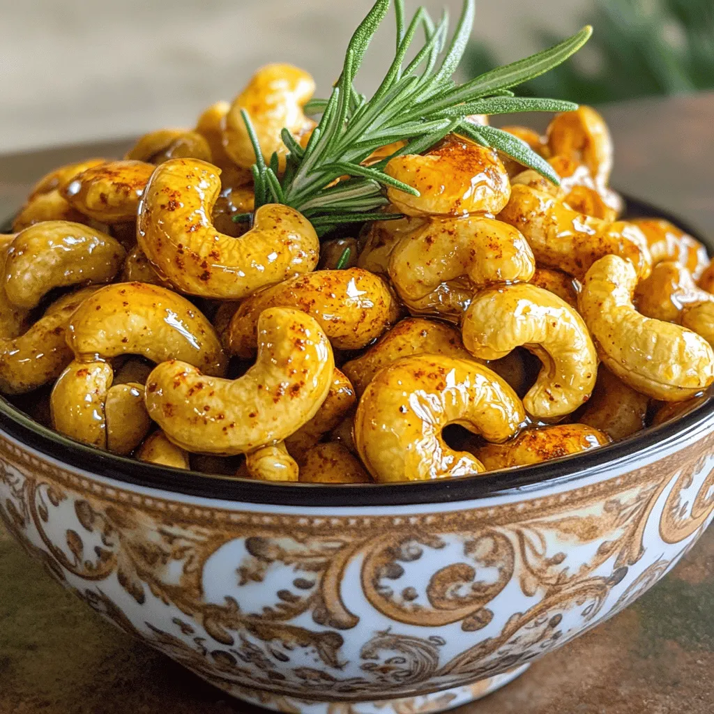 - 2 cups raw cashews - 1/4 cup honey - 1 tablespoon olive oil - 1 teaspoon cayenne pepper - 1 teaspoon smoked paprika - 1/2 teaspoon garlic powder - 1/2 teaspoon salt - 1/4 teaspoon black pepper - 1 tablespoon fresh rosemary (optional) For this recipe, you need simple and fresh ingredients. Raw cashews are the star here. Honey adds sweetness and helps the spices stick. Olive oil gives a nice richness. Cayenne pepper brings the heat, so adjust it to your taste. - Various herbs and spices - Different sweeteners (e.g., maple syrup) Feel free to get creative. You can add herbs like thyme or spices like cumin. If you want a different sweetness, try maple syrup instead of honey. - Health benefits of cashews - Advantages of honey in recipes Cashews are packed with healthy fats, protein, and minerals. They help with heart health and can boost your mood. Honey is not just a sweetener; it has antioxidants and can help with digestion. Using these ingredients not only makes a tasty snack but also a healthy one! For the full recipe, check out the detailed instructions and tips to create your Spicy Honey Roasted Cashews. - Preheat your oven to 350°F (175°C). - Line a baking sheet with parchment paper. This helps keep the cashews from sticking. - In a medium bowl, mix honey, olive oil, cayenne pepper, smoked paprika, garlic powder, salt, and black pepper. Whisk until smooth. - Add the raw cashews into the honey mixture. - Use a spatula to stir the cashews well. Make sure every cashew gets coated. Even coating is key for great flavor. - Spread the coated cashews on the baking sheet in one layer. - Roast them in the oven for 12 to 15 minutes. - Stir the cashews halfway through to help them brown evenly. - Watch them closely to avoid burning. - When they turn golden brown and smell great, take them out. - Let them cool for about 10 minutes before serving. They will get crispier as they cool. For the full recipe, check out the complete details. Enjoy making your spicy honey roasted cashews! To get that nice crunch, keep an eye on your cashews. Burned cashews taste bitter. Stir them halfway through roasting. This helps them brown evenly. Check them at the 10-minute mark. If they look golden, it’s time to take them out. Let them cool on the baking sheet. They will firm up as they cool. Want to spice things up? Try adding more spices! Cumin and chili powder work great. You can also mix in other nuts. Almonds or pecans can add variety. Each nut brings its own flavor. You can create a unique blend that you love. Serving matters! Use a nice bowl to showcase your cashews. Add a sprig of rosemary on top. This not only looks pretty but also adds a wonderful scent. You can place them on a platter for parties. Guests will love the look and taste of your spicy honey roasted cashews. For the full recipe, check the earlier section! {{image_4}} You can change up your spicy honey roasted cashews in fun ways. Try adding spices like cumin or chili powder for a new flavor. Both spices add warmth and depth. You can even blend sweet and spicy by mixing in melted chocolate. Dark chocolate pairs well with the honey and spice. It creates a tasty treat that's hard to resist. If you want to make the recipe vegan, swap honey for maple syrup or agave nectar. Both options keep the sweetness while staying plant-based. You can also create low-sugar or sugar-free cashews. Use sugar-free honey substitutes to enjoy the crunch without the extra sugar. These changes keep the cashews delicious and fit your dietary needs. Cashews are great, but don’t stop there! Almonds, pecans, or walnuts can also shine in this recipe. Each nut brings a unique taste and crunch. You can mix different nuts for a fun snack. This adds variety and a blend of flavors to every bite. Get creative and enjoy exploring new nut combinations! To keep your spicy honey roasted cashews fresh, choose the right container. Airtight glass jars or plastic containers work best. These prevent air from spoiling the nuts. You can also use resealable bags, but make sure to squeeze out the air before sealing. To maintain freshness, store the cashews in a cool, dry place. Avoid areas with humidity and heat, like near the stove. This keeps them crunchy and tasty for longer. When kept at room temperature, the cashews last about two weeks. If you want to keep them longer, consider refrigeration. They can stay fresh for up to a month in the fridge. Just make sure they are in an airtight container. Freezing is another option. Cashews can last up to six months in the freezer. Just remember to thaw them in the fridge before eating. If your stored cashews lose their crunch, don’t worry! You can re-crisp them. Preheat your oven to 350°F (175°C). Spread the cashews on a baking sheet and heat them for about 5-10 minutes. Keep an eye on them to avoid burning. To avoid sogginess when reheating, don’t cover the nuts. This allows steam to escape, keeping them crunchy. Enjoy your tasty snack just like when they were fresh! For the complete recipe, check out the Full Recipe section. Spicy honey roasted cashews can last for about two weeks at room temperature. To keep them fresh, store them in an airtight container. If you prefer, you can also refrigerate them. This can extend their life by a few weeks. Always check for signs of spoilage, like off smells or a change in texture. Yes, you can use roasted cashews. However, keep in mind that the taste will be different. Roasted cashews are crunchier and may not absorb the spice mixture as well. This might lead to a less intense flavor. If you choose roasted cashews, reduce the roasting time to avoid overcooking. Spicy honey roasted cashews shine when served as snacks for parties or game nights. You can also add them to cheese boards for a delightful crunch. Pair them with a refreshing drink or a sweet dessert to balance the heat. These cashews work well in salads or as toppings for yogurt bowls. For a fun twist, use them in trail mix. You can find the full recipe above for more details! This blog post covered the key ingredients for spicy honey roasted cashews and how to make them. You learned the preparation steps, key tips for crunch, and creative variations. Storing your cashews properly will keep them fresh longer. As you experiment with flavors and spices, remember to have fun and make the recipe your own. Enjoy your tasty treat and share it with friends!