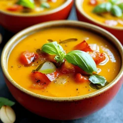 - 2 pounds of ripe tomatoes, halved - 1 large red bell pepper, diced - 1 medium onion, sliced into thin rounds - 4 cloves of garlic, left unpeeled - 3 tablespoons of extra virgin olive oil - Sea salt and freshly ground black pepper, to taste - 1 teaspoon of granulated sugar - 3 cups of vegetable broth (homemade or store-bought) - 1/4 cup of fresh basil leaves, finely chopped - 1/2 cup of heavy cream (optional) Gathering fresh ingredients is key to a great soup. The ripe tomatoes bring sweetness, while the bell pepper adds depth. The onion gives a nice base flavor, and the garlic adds a rich taste. I like to use unpeeled garlic. Roasting it transforms the flavor into something smooth and sweet. Extra virgin olive oil is a must for richness. Don’t forget the seasoning! Sea salt and freshly ground black pepper enhance all the flavors. The teaspoon of sugar balances the acidity of the tomatoes. Vegetable broth provides a warm backdrop to the soup. Fresh basil gives it a bright finish. If you want creaminess, add heavy cream for a velvety texture. For the full recipe of this roasted tomato soup, you can check out the [Full Recipe]. Enjoy the process of cooking, and don’t hesitate to adapt based on what you love! - Preheat your oven to 400°F (200°C). - Arrange vegetables on a baking sheet. Start your soup by preheating the oven. This step is key for great flavor. While it heats, grab your baking sheet. Lay out the halved tomatoes, diced bell pepper, sliced onion, and unpeeled garlic. Make sure they spread out evenly. This helps them cook well. - Drizzle olive oil and season before roasting. - Roast for 30 to 35 minutes and check for caramelization. Next, drizzle olive oil over your veggies. A good coating helps them roast perfectly. Sprinkle sea salt, fresh black pepper, and a teaspoon of sugar on top. The sugar brings out the sweetness in the tomatoes. Once seasoned, pop the baking sheet into the oven. Roast for 30 to 35 minutes. Look for a nice caramelization on the edges. This adds depth to your soup. - Squeeze garlic into the pot and combine roasted ingredients. - Simmer, blend, and add basil and cream as desired. When the vegetables are ready, take them out of the oven. Let the garlic cool a bit. Squeeze the soft garlic into a large pot. Add the roasted tomatoes, bell pepper, and onion to the pot. Pour in three cups of vegetable broth. Bring this mixture to a gentle simmer for about 10 minutes. Now, blend the soup until smooth. Use an immersion blender or a regular blender in batches. Just remember to let the steam escape. After blending, stir in finely chopped basil. If you want a creamier soup, mix in half a cup of heavy cream. Heat until warm, and your comforting roasted tomato soup is ready. For the full recipe, follow the steps above for a delicious meal. To boost the flavor of your roasted tomato soup, consider these simple tips: - Add a pinch of smoked paprika for warmth. - Fresh herbs like thyme or oregano can uplift the taste. - For a savory depth, roast garlic cloves with your veggies. - Roasted garlic brings a sweet, rich flavor that blends well. When blending hot soup, safety is key. Here are my best tips: - Use an immersion blender to blend right in the pot. - If using a standard blender, let the soup cool a bit. - Remove the center cap of the blender lid to let steam escape. - Blend in small batches to avoid spills and burns. Serving your soup well can make it even more inviting. Here are some ideas: - Drizzle a bit of olive oil on top before serving. - Add a sprig of fresh basil for a pop of color. - Pair your soup with crusty bread or crispy crackers. - For a fun twist, serve in mugs for a cozy touch. For the full recipe, click [Full Recipe]. {{image_4}} You can easily make this soup vegan. Just swap the heavy cream for coconut milk or cashew cream. Both options add creaminess without dairy. For broth, use a vegetable-based one to fit vegan needs. This keeps all the great flavors while being kind to the planet. Want to make your soup heartier? Consider adding lentils or beans. They blend well and boost nutrition. You can also add cooked chicken or sausage for a meatier version. This gives the soup a nice depth and fills you up. Spices can change the whole taste of your soup. Try smoked paprika for a warm flavor or cumin for earthiness. If you like heat, add chili flakes or diced peppers. These can give your soup an extra kick that wakes up your taste buds. For more detailed instructions, check the Full Recipe. To store leftover roasted tomato soup, let it cool first. Place it in a container with a tight lid. Glass jars or plastic containers work well. Make sure to fill the container to the top to reduce air exposure. This keeps the soup fresh longer. Store it in the fridge for up to five days. To freeze roasted tomato soup, cool it completely after cooking. Pour it into freezer-safe bags or containers. Leave some space at the top, as soup expands when frozen. You can freeze it for up to three months. When ready to eat, thaw it in the fridge overnight. Reheat it gently on the stove over low heat. Stir often for even warming. In the fridge, your soup lasts about five days. In the freezer, it holds well for three months. Check for signs of spoilage, like off smells or mold. If you see any, do not consume it. Always trust your senses when it comes to food safety. Enjoy the flavors of this comforting soup with confidence! For the full recipe, check out the details above. Yes, you can use canned tomatoes. However, fresh tomatoes give a bright flavor. Canned tomatoes often taste sweeter and have a softer texture. If you use canned tomatoes, opt for whole or diced varieties. Look for high-quality options to get the best flavor. To add spice, try these ideas: - Add red pepper flakes while the soup simmers. - Stir in diced jalapeños for a fresh kick. - Use hot sauce to taste after blending. These options let you control the heat level without overpowering the soup. Yes, you can skip the heavy cream. For a creamy texture, try these alternatives: - Use coconut milk for a hint of sweetness. - Blend in silken tofu for protein and creaminess. - Add cashew cream for a rich, nutty flavor. These substitutes keep the soup tasty and balanced. Roasted tomato soup pairs well with many sides: - Grilled cheese sandwiches add a classic touch. - Crusty bread or baguette is great for dipping. - A fresh salad offers a nice contrast. These options enhance the meal and make it more filling. For the complete recipe, check the Full Recipe section. Roasted tomato soup is a simple and tasty dish you can make at home. We covered the ingredients, from fresh tomatoes to spices. I shared step-by-step instructions, tips for great flavor, and variations to suit all diets. Whether you want it vegan or hearty with protein, there’s a way for everyone. Don’t forget about storage and serving ideas to keep your soup fresh. Enjoy this comforting meal, and feel free to adapt it to your taste!