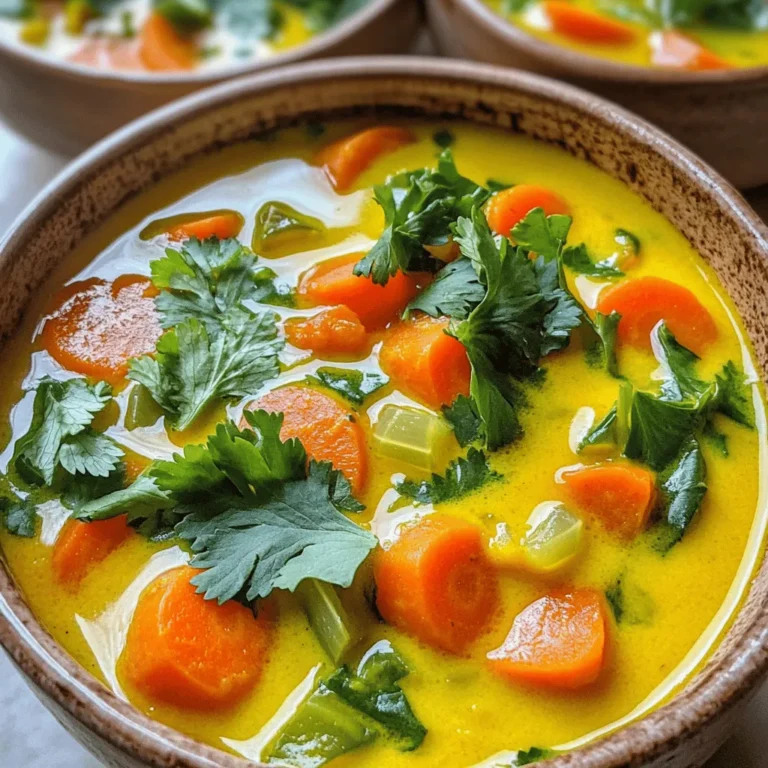 - 1 tablespoon extra virgin olive oil - 1 medium onion, finely chopped - 3 cloves garlic, minced - 2 tablespoons fresh ginger, freshly grated - 1 tablespoon fresh turmeric, finely grated (or alternatively, 1 teaspoon turmeric powder) - 3 cups high-quality vegetable broth - 1 cup full-fat coconut milk - 2 medium carrots, diced into bite-sized pieces - 1 bell pepper (any color), diced - 1 cup kale or spinach, roughly chopped The stars of this soup are fresh ginger and turmeric. They add warmth and health benefits to your dish. The ginger gives a spicy kick, while turmeric helps boost your immune system. I always use fresh ingredients for the best flavor. The broth and coconut milk create a rich base. They blend perfectly with veggies like carrots and bell peppers. These veggies not only add color but also nutrition. Kale or spinach rounds out the mix, adding a healthy green touch. - 1 teaspoon ground cumin - 1 teaspoon ground coriander - Salt and freshly cracked pepper to taste - Juice of 1 fresh lemon - Fresh cilantro leaves, for garnish Now, let's talk about flavor. Ground cumin and coriander really elevate the soup. They bring a warm, earthy taste that pairs well with the fresh ingredients. A pinch of salt and pepper is also key. They let all the flavors shine. The squeeze of fresh lemon juice at the end makes the soup bright. It adds a zing that balances the richness. Finally, don’t forget the cilantro! It’s not just for looks; it adds a fresh flavor that makes each bowl special. For the complete experience, you can find the Full Recipe. Enjoy cooking this nourishing soup! 1. Start by heating the olive oil in a large pot over medium heat. 2. Once the oil is hot, add the chopped onion. Sauté it for about 5 minutes. You want the onion to be soft and clear. 3. Next, add minced garlic, grated ginger, and grated turmeric. Stir this mixture for 2 to 3 minutes. The scent will be amazing! 4. Carefully pour in the vegetable broth and coconut milk. Stir well to mix everything together. 5. Now, add diced carrots and bell pepper. Bring the soup to a gentle boil. Then, reduce the heat to low. Let it simmer for 15 minutes. This makes the veggies soft and lets the flavors combine. 1. After 15 minutes, add chopped kale or spinach. Sprinkle in ground cumin and ground coriander. Season the soup with salt and pepper to taste. 2. Let the soup simmer for another 5 minutes. This will make the greens tender. 3. Remove the pot from heat. Squeeze in fresh lemon juice and stir well. 4. Taste the soup one last time. Adjust the seasoning if needed. 5. Serve the soup hot in bowls. Garnish with fresh cilantro leaves for a nice look and extra flavor. For more details, check the Full Recipe. - Using homemade broth versus store-bought: Homemade broth gives your soup a richer taste. It allows you to control the flavors and add your favorite herbs. Store-bought broth can be quicker, but it may taste salty. Always read the labels for quality. - Fresh herbs vs. dried herbs: Fresh herbs add a bright flavor. Use them at the end of cooking for the best taste. Dried herbs work well too, but they need more time to release their flavor. If using dried, add them early in the cooking process. - Adjusting the spice level: You can make the soup milder or spicier. To add heat, include more ginger or a pinch of cayenne pepper. For a milder taste, reduce the ginger and spices. Taste as you go to find your perfect balance. - Best pot to use for soups: A heavy-bottomed pot works best. It heats evenly and prevents burning. A Dutch oven is a great choice. It retains heat and keeps your soup warm longer. - How to avoid overcooking vegetables: Add firmer vegetables, like carrots, early in cooking. Softer greens, like kale or spinach, should go in later. This way, all veggies stay tender but not mushy. - Batch cooking for meal prep: Make a large batch of soup and store it in portions. This saves time for busy days. Use airtight containers to keep it fresh. You can easily reheat it whenever you need a quick meal. For the full recipe, check out the complete guide to making this nourishing soup! {{image_4}} You can make this soup even better by swapping some ingredients. Here are some ideas: - Alternative vegetables for added nutrients: Try adding sweet potatoes for a sweet taste. You can also use zucchini or broccoli for more vitamins. Each vegetable will give a unique flavor and boost health benefits. - Substitutes for coconut milk: If you want a lighter version, use almond milk or cashew cream instead. These options will change the taste but still keep it creamy. - Using different types of broth: For more flavor, use chicken broth instead of vegetable broth. You can also try mushroom broth for a rich, earthy taste. You can easily adjust this soup to fit your diet. Here’s how: - Making the soup vegan or vegetarian: This soup is already vegetarian! To make it vegan, just ensure the broth is plant-based. All other ingredients are already vegan-friendly. - Gluten-free adaptations: The soup is already gluten-free! Just make sure the broth and any added ingredients do not contain gluten. - Low-carb modifications: If you want fewer carbs, skip the carrots. Instead, add more leafy greens like spinach or use cauliflower for a hearty texture without the carbs. Feel free to explore these variations to make the soup your own. Check out the Full Recipe for more details. To keep your Turmeric Ginger Immune Soup fresh, use airtight containers. Glass containers work well, but BPA-free plastic ones are fine too. Make sure to cool the soup to room temperature before sealing. This step helps avoid condensation inside the container. You can store the soup in the refrigerator for up to four days. If you plan to keep it longer, freezing is a great option. Just remember to leave some space in the container, as the soup will expand when frozen. Reheat the soup on the stove for the best results. Place it in a pot over medium heat. Stir it often to ensure even heating. If you want to use the microwave, pour the soup into a microwave-safe bowl. Heat it in short bursts, stirring in between. To keep the texture and flavor, avoid boiling the soup again. Instead, warm it gently until it’s hot. If the soup seems thick, add a splash of vegetable broth or water. This helps bring back its smooth consistency. To spice up your soup, add more fresh ginger or turmeric. You can also toss in red pepper flakes or a pinch of cayenne pepper. Start with a little, then taste until it's just right for you! Yes, you can freeze the soup! Let it cool completely, then pour it into airtight containers. It will stay fresh for up to three months. When you're ready to eat, thaw it in the fridge overnight and reheat on the stove. Yes, turmeric is healthy in moderation. It contains curcumin, which has great anti-inflammatory properties. Just remember to pair it with black pepper for better absorption. Enjoying turmeric in soup adds flavor and boosts your health! For the full recipe, check out the Turmeric Ginger Immune Boosting Soup. Turmeric Ginger Immune Soup is a tasty and healthy choice. We explored its key ingredients, like fresh ginger, turmeric, and vibrant vegetables. The step-by-step guide made cooking simple and fun. You learned tips to enhance flavor and how to adjust for dietary needs. This soup is not just a meal; it boosts immunity and warms you up. Experiment with variants or store leftovers for easy meals later. Enjoy making this soup, knowing it’s good for you!