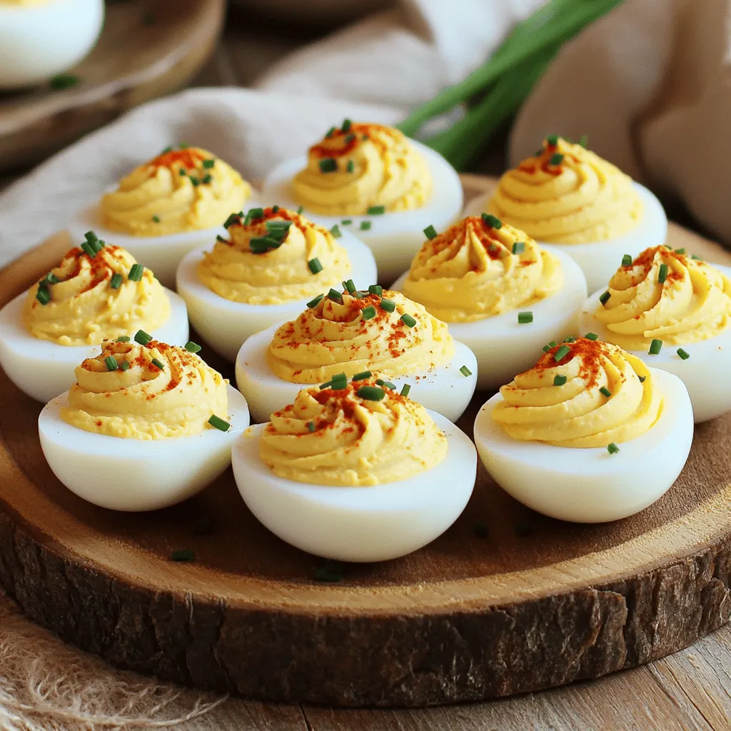 - 6 large eggs - 3 tablespoons mayonnaise - 1 teaspoon Dijon mustard - 1 teaspoon apple cider vinegar - 1/2 teaspoon smoked paprika I love the simplicity of deviled eggs. You only need a few key ingredients. First, you need 6 large eggs. They are the star of the dish. Next, you’ll add 3 tablespoons of mayonnaise. This gives the filling a creamy texture. Then, mix in 1 teaspoon of Dijon mustard for a little kick. A teaspoon of apple cider vinegar adds tang. Lastly, sprinkle in 1/2 teaspoon of smoked paprika for flavor and color. - Salt and black pepper to taste - 1 tablespoon finely chopped chives - 1 teaspoon hot sauce (optional for extra heat) - Extra chives and smoked paprika for garnish Seasoning makes a big difference. You’ll want to add salt and black pepper to taste. I also recommend 1 tablespoon of finely chopped chives. They bring a fresh taste. If you like heat, stir in 1 teaspoon of hot sauce. For the final touch, garnish with extra chives and a sprinkle of smoked paprika. This will make your deviled eggs look and taste amazing. For the full recipe, check out the instructions! - Prepare the Eggs: Begin by placing the 6 large eggs in a medium saucepan. Cover them with cold water, about an inch above the eggs. - Boil and Steam: Place the pot on the stove over medium-high heat. Bring the water to a rolling boil. Once boiling, cover the pot and remove it from the heat. Let the eggs sit in the hot water for 12 minutes. - Ice Bath: After 12 minutes, carefully transfer the eggs to a large bowl filled with ice water. Let them cool for at least 5 minutes. This makes peeling much easier. - Peeling Made Easy: After cooling, gently tap each egg on a hard surface to crack the shell. Peel the eggs under cool running water. This helps remove any stubborn shell pieces. - Egg Assembly: Slice each egg in half lengthwise. Scoop the yolks into a mixing bowl. Place the egg white halves on a serving platter, cut side up. - Mix the Filling: To the yolks, add 3 tablespoons of mayonnaise, 1 teaspoon of Dijon mustard, 1 teaspoon of apple cider vinegar, and 1/2 teaspoon of smoked paprika. Season with salt and black pepper to taste. Mix with a fork until smooth. - Add a Kick: If you like some heat, stir in 1 teaspoon of hot sauce. Taste the mixture and adjust the seasoning if needed. - Fill the Eggs: Spoon or use a piping bag to fill each egg white half with the yolk mixture. - Garnishing Touch: For a colorful finish, sprinkle extra smoked paprika and finely chopped chives on top. Now you have a tasty snack ready to impress! For the full recipe, check the recipe section. - Tips for Cooking Eggs: Use older eggs for easier peeling. Fresh eggs stick to their shells, making them hard to peel. Older eggs have a larger air cell, which helps separate the membrane from the shell. This saves time and frustration during prep. - Achieving Creamy Filling: Try different ratios of mayonnaise for texture. If you want a thicker filling, reduce the mayo slightly. For a creamier texture, add a touch more. Test different amounts to find the perfect mix that suits your taste. - Pairing Ideas: Deviled eggs go well with many dishes. Serve them with a fresh salad, crispy toast, or crunchy vegetables. For drinks, try pairing with a light white wine or sparkling water to balance the flavors. - Presentation Tips: Get creative when serving deviled eggs. Use a pretty platter or individual cups. You can even garnish with colorful herbs or edible flowers. A fun display makes your dish more inviting for guests. For the complete cooking process, check out the Full Recipe. {{image_4}} You can spice up your classic deviled eggs in fun ways. - Different Seasonings: Try adding curry powder for warmth, wasabi for a kick, or garlic for depth. Each brings a unique twist. - Tasty Add-ins: Think about adding bacon bits for crunch, olives for brininess, or pickles for tang. These extras can make your eggs stand out. Not everyone can enjoy classic deviled eggs as is. But you can adapt them easily. - Vegan Deviled Eggs: Swap egg yolks for creamy avocado or blended tofu. This keeps the texture smooth and adds healthy fats. - Low-Calorie Adjustments: You can use Greek yogurt or low-fat mayonnaise instead of regular mayo. This helps cut calories but still keeps that creamy flavor. For the full recipe, visit [Full Recipe]. Enjoy exploring these variations! To keep your deviled eggs fresh, always refrigerate them. Place the eggs in a clean, airtight container. Cover the container tightly to avoid any odors from the fridge. This method helps maintain the taste and texture of your deviled eggs. Deviled eggs can safely stay in the fridge for about 3 to 4 days. After that, they may lose their freshness and flavor. If you notice any off smells or changes in texture, it's best to toss them out for safety. You might wonder if you can freeze deviled eggs. However, it’s not recommended. Freezing alters the texture of both the egg whites and the filling. They may become watery and mushy once thawed. If you still want to freeze them, separate the yolk mixture from the whites. Freeze the yolk mixture in an airtight container. For thawing, move it to the fridge overnight. When ready, mix it with fresh egg whites for better texture. What’s the best way to prevent green yolks? Green yolks appear when eggs cook too long. To avoid this, use a timer. Cook eggs for exactly 12 minutes when boiling. After that, place them in ice water to stop cooking. This will keep your yolks bright yellow. Can I make deviled eggs ahead of time? Yes, you can make deviled eggs ahead. Prepare them a day in advance and store in the fridge. Keep the filling and egg whites separate until serving. This will keep them fresh and tasty. What’s the origin of deviled eggs? Deviled eggs date back to ancient Rome. They became popular in the U.S. in the 19th century. The term "deviled" refers to the spicy seasonings added to the filling. This dish is a classic for parties and gatherings. Why are my deviled eggs watery? Watery filling can occur if you add too much mayonnaise or other liquids. Be careful with measurements. If your mixture seems too wet, try adding more yolk or a bit of mustard to thicken it. How can I make my filling smoother? To achieve a smooth filling, mash yolks thoroughly with a fork. You can also use a food processor for a creamier texture. Mix in mayonnaise slowly until you reach your desired consistency. What can I do if I run out of mayonnaise? If you run out of mayonnaise, try Greek yogurt or sour cream. These alternatives provide creaminess and tang. You can also use mashed avocado for a healthy twist. You’ve learned how to make classic deviled eggs. We covered the main ingredients, cooking tips, and variations. You can add flavors like curry or vegan options. Remember to store them right for the best taste. Deviled eggs are perfect for any gathering. With a bit of creativity, you can impress your guests. Enjoy making these tasty treats and experimenting with flavors!