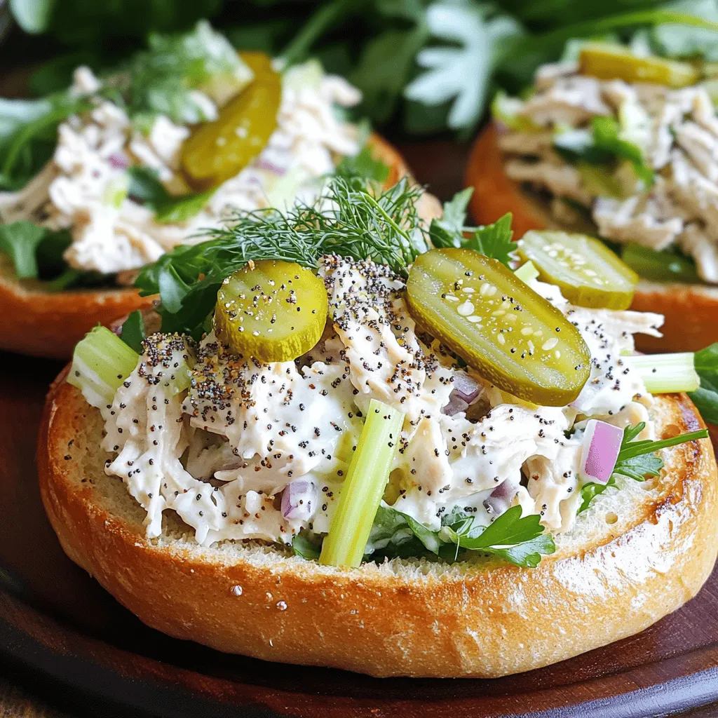 To make a tasty Everything Bagel Chicken Salad, you need a few key items: - 2 cups cooked chicken breast, shredded - 1/2 cup plain Greek yogurt - 1/4 cup mayonnaise - 2 tablespoons Dijon mustard - 1/4 cup celery, finely chopped - 1/4 cup red onion, finely chopped - 1/4 cup dill pickles, chopped - 2 tablespoons fresh dill, chopped - 2 tablespoons everything bagel seasoning - Salt and pepper, to taste - 4 bagels, sliced in half (for serving) - Fresh leafy greens (for serving) These ingredients create a creamy and flavorful salad that is perfect for lunch or a quick snack. You can also add more flavors to your chicken salad. Here are some great options: - Chopped bell peppers for a crunch - Sliced grapes for sweetness - Chopped nuts for extra texture - Avocado for creaminess Feel free to mix and match these add-ins. They can turn a simple recipe into your favorite dish. Each serving of Everything Bagel Chicken Salad has a balance of nutrients. Here’s a quick breakdown: - Calories: About 320 - Protein: 30g - Carbohydrates: 25g - Fat: 15g This salad is a satisfying meal that gives you energy without weighing you down. Enjoy it on a bagel or on its own! For the full recipe, check out the details provided earlier. Start by shredding your cooked chicken breast. I find it easiest to use two forks. In a large bowl, mix the chicken with Greek yogurt, mayonnaise, and Dijon mustard. Stir until everything blends well. The mixture should look creamy and smooth. This is the base of your chicken salad. Now, add the finely chopped celery, red onion, and dill pickles. These veggies add crunch and flavor. Gently fold them into the chicken mixture. Next, sprinkle in the fresh dill and everything bagel seasoning. This seasoning gives the salad its unique taste. Mix carefully, so you don’t break up the chicken too much. Finally, taste your salad. Adjust the flavor with salt and pepper if needed. Cover your bowl and refrigerate the salad for at least 30 minutes. This time helps the flavors merge. When you’re ready to serve, take a bagel half and add a generous scoop of the chicken salad. Top it with fresh leafy greens for some crunch. Place the other half of the bagel on top. Your Everything Bagel Chicken Salad is now ready to enjoy! For the complete process, check the Full Recipe. You can make this salad a day before. Just follow the recipe as normal. After mixing, cover the bowl with plastic wrap. Chill it in the fridge overnight. This waiting time helps all the flavors blend. It will taste even better on the next day. You can serve this salad in many fun ways. Use sliced bagels for a tasty sandwich. Add some fresh leafy greens for a nice crunch. You can also serve it in a bowl with crackers. For a lighter meal, pair it with a simple salad. No matter how you serve it, your guests will love it. If you have leftovers, store them in an airtight container. It’s best to eat the chicken salad within three days. Make sure to keep it in the fridge. You can also freeze it, but the texture may change. When you are ready to eat, let it thaw overnight in the fridge. For the full recipe, check the section above. Enjoy your delicious Everything Bagel Chicken Salad! {{image_4}} If you have allergies or dietary limits, you can change the recipe. For a dairy-free version, swap Greek yogurt and mayonnaise for avocado or a plant-based yogurt. If you want less fat, use low-fat yogurt and light mayo. For a gluten-free meal, serve the chicken salad on lettuce wraps or gluten-free bagels. Always check labels to ensure all ingredients fit your needs. You can serve Everything Bagel Chicken Salad in many fun ways. Try it on a bed of leafy greens for a fresh salad. You can also scoop it into mini cucumber boats for a crunchy snack. For a quick lunch, pack it in a wrap with your favorite veggies. The possibilities are endless, and each option makes it special! Mixing up the seasoning can add new flavors. You could use ranch seasoning for a creamy twist. A sprinkle of smoked paprika gives a nice smoky taste. If you like heat, try adding some cayenne pepper or sriracha. Experiment with different herbs like parsley or chives to find your favorite flavor blend. To keep your Everything Bagel Chicken Salad fresh, store it in an airtight container. This helps maintain flavor and texture. Place it in the fridge right after making it. It's best to chill the salad for at least 30 minutes before serving. This allows the flavors to blend well. Remember to cover it tightly to avoid drying out. You can freeze this chicken salad if you want to save some for later. However, keep in mind that the texture might change after thawing. To freeze, put the salad in a freezer-safe container. Leave some space at the top for expansion. It can last for up to three months in the freezer. When ready to eat, thaw it in the fridge overnight. When stored properly, Everything Bagel Chicken Salad lasts about three to four days in the fridge. Always check for signs of spoilage before eating. If it smells off or looks different, it’s best to toss it. Enjoy this tasty dish while it’s fresh for the best flavor and texture. You can add many tasty ingredients to your Everything Bagel Chicken Salad. Some great options include: - Chopped apples for sweetness. - Grapes for a burst of flavor. - Chopped nuts like pecans or walnuts for crunch. - Avocado for creaminess. - Sliced radishes for a peppery kick. These additions can enhance the flavor and texture of your salad. Feel free to mix and match based on what you like or have on hand! Everything Bagel Chicken Salad stays fresh in the fridge for about 3 to 4 days. Store it in an airtight container to keep it from drying out. If you notice any changes in smell or color, it's best to throw it away. Yes, using rotisserie chicken is a great idea! It saves time and adds wonderful flavor. Just shred the chicken and mix it with the other ingredients. This makes your Everything Bagel Chicken Salad even easier to prepare. For the full recipe, check out the details I provided earlier. You learned how to make Everything Bagel Chicken Salad, from ingredients to storage. Each step helps you create a tasty meal. Use my tips for making it ahead and serving it well. Don’t forget the variations to fit your needs. With the right storage, it stays fresh longer. Enjoy your salad and get creative with it!