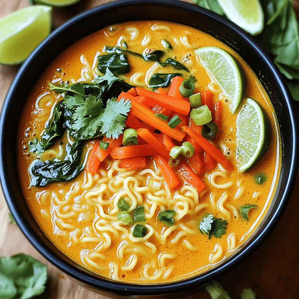 To make Coconut Curry Ramen, gather these ingredients: - 2 servings of ramen noodles - 1 tablespoon coconut oil - 1 small onion, finely chopped - 2 cloves garlic, minced - 1 tablespoon fresh ginger, grated - 1 tablespoon red curry paste - 1 can (400ml) coconut milk - 2 cups vegetable broth - 1 cup baby spinach - 1 small carrot, julienned - 1 red bell pepper, sliced - 1 tablespoon soy sauce (or tamari for gluten-free) - Fresh coriander, for garnish - Sliced green onions, for garnish - Lime wedges, for serving You can swap some ingredients for different flavors or diets. Here are a few ideas: - Ramen noodles: Use rice noodles for a gluten-free option. - Coconut oil: Olive oil works well if you don’t have coconut oil. - Red curry paste: Try yellow curry paste for a milder taste. - Vegetable broth: Chicken broth can add a richer flavor. - Spinach: Kale or bok choy can replace spinach nicely. - Soy sauce: Use coconut aminos for a soy-free version. Fresh ingredients make your Coconut Curry Ramen taste great. Here’s how to pick the best: - Onions: Choose firm onions with no soft spots. - Garlic: Look for plump, dry bulbs with tight skin. - Ginger: Pick ginger that feels heavy and has smooth skin. - Vegetables: Select bright, crisp veggies. Avoid wilted or brown ones. - Coconut milk: Use full-fat coconut milk for creaminess; check the can for freshness. These simple tips will help you create a tasty dish. Enjoy making your Coconut Curry Ramen! For more detailed steps, check the Full Recipe. To start, cook the ramen noodles. Boil water in a pot and add salt. Add the noodles to the boiling water. Cook them for about 4-5 minutes or until they are soft. Once cooked, drain the noodles. Set them aside to keep warm. Next, let’s sauté the aromatics. In a large pot, heat the coconut oil over medium heat. Once melted, add the finely chopped onion. Sauté for around 5 minutes. You want the onion to turn soft and translucent. Stir often to avoid burning. After the onion is ready, add the minced garlic and grated ginger. Cook for an additional 2 minutes. Stir frequently to bring out the lovely aroma. Now, mix in the red curry paste. Stir it well with the onion, garlic, and ginger. Cook for about 1 minute until you smell the fragrant blend. Now, pour in the coconut milk and vegetable broth. Stir the mix until everything combines well. Bring the broth to a gentle simmer. This step is key for blending the flavors. Once simmering, add the julienned carrot and sliced red bell pepper. Let them cook in the broth for about 5-7 minutes. You want them tender but still colorful. Next, stir in the baby spinach and soy sauce. Watch as the spinach wilts and brightens. Taste the broth and adjust with more soy sauce if needed. Finally, divide the cooked ramen noodles into two bowls. Ladle the hot coconut curry broth over the noodles, filling them with tasty vegetables. Garnish each bowl with fresh coriander and sliced green onions. Serve lime wedges on the side. These add a zesty finish! For the complete recipe, refer to the Full Recipe section above. To get the best flavor, use fresh ingredients. Fresh onion, ginger, and garlic make a huge difference. Choose a good quality red curry paste too. If you like it spicy, add more curry paste! You can also add a pinch of salt to enhance the taste. Taste as you go to find what you like best. This way, your dish will be just right for you. Having the right tools helps a lot. Use a large pot for the broth. A sharp knife makes chopping easy and fast. You’ll need a cutting board to keep your workspace clean. A ladle is great for serving the ramen into bowls without any mess. Don't forget a whisk for mixing the broth. These tools help you work quickly and keep things fun in the kitchen. This coconut curry ramen tastes great on its own. You can add a side salad for some crunch. Try serving it with spring rolls for a fun meal. Lime wedges are a must! Squeeze some over the dish right before eating. Fresh coriander and sliced green onions not only look nice but add extra flavor too. Enjoy your meal with friends or family for a cozy dinner! {{image_4}} You can easily add protein to your coconut curry ramen. Chicken, shrimp, or tofu work great. For chicken, use cooked shredded chicken. For shrimp, add them in the last few minutes of cooking. If you prefer tofu, choose firm tofu. Cut it into cubes and sauté it with the onions. This way, it absorbs all the flavors. This recipe is simple to make vegan. Just skip the chicken or shrimp. You can also replace soy sauce with tamari for gluten-free ramen. Use vegetable broth for the base to keep it vegan. To boost protein, add chickpeas or lentils. Both taste good and make the dish filling. You can adjust the spice level to fit your taste. If you like it mild, use less red curry paste. For more heat, add sliced jalapeños or a dash of chili flakes. Fresh herbs like cilantro also add flavor without heat. Remember, start small and add more if you want it spicier. Enjoy exploring your spice level! Feel free to check out the Full Recipe for detailed steps and ingredient lists! To keep your coconut curry ramen fresh, store it in an airtight container. Allow the ramen to cool before sealing it. Place it in the fridge. It will stay good for up to three days. If you want to keep it longer, consider freezing. When you are ready to eat, take the ramen from the fridge. Pour it into a pot and add a splash of water or broth. Heat it on low until it warms through. Stir gently to mix it well. You can also use a microwave. Heat it in 30-second bursts and stir in between until warm. To freeze your coconut curry ramen, first, let it cool completely. Then, place it in a freezer-safe container. Make sure to leave some space at the top, as liquids expand when frozen. It will stay fresh in the freezer for up to three months. When you're ready to eat, thaw it overnight in the fridge before reheating. Enjoy your meal with the full recipe in mind! Coconut milk adds creaminess and flavor. It has healthy fats that can boost energy. These fats may also help with heart health. Coconut milk is rich in vitamins and minerals. It contains magnesium, potassium, and iron, which support your body. Plus, it is dairy-free, making it good for those with lactose issues. Yes, you can use instant ramen noodles. They cook quickly and save time. Just follow the package directions to prepare them. Keep in mind that instant noodles may have a different texture. Traditional ramen has a chewier bite, while instant is softer. Both can be tasty in coconut curry ramen. Cooking ramen noodles usually takes about 4-5 minutes. Start by boiling them in salted water. Once they are soft, drain and set aside. Make sure not to overcook them. Overcooked noodles can become mushy and lose their texture. You can find great coconut curry ramen at local Asian restaurants. Some places focus on fusion dishes and offer their twist on this classic. Look for spots with good reviews. Ask friends for recommendations, too. Many food blogs and review sites list the best ramen places in your area. This blog post covered how to create delicious coconut curry ramen. You learned about key ingredients, tips, and step-by-step cooking methods. We also explored variations and storage advice for your ramen. In summary, making your own coconut curry ramen can be fun and rewarding. You can adjust flavors, add protein, or even make it vegan. Experiment with your dish and enjoy every tasty bite!