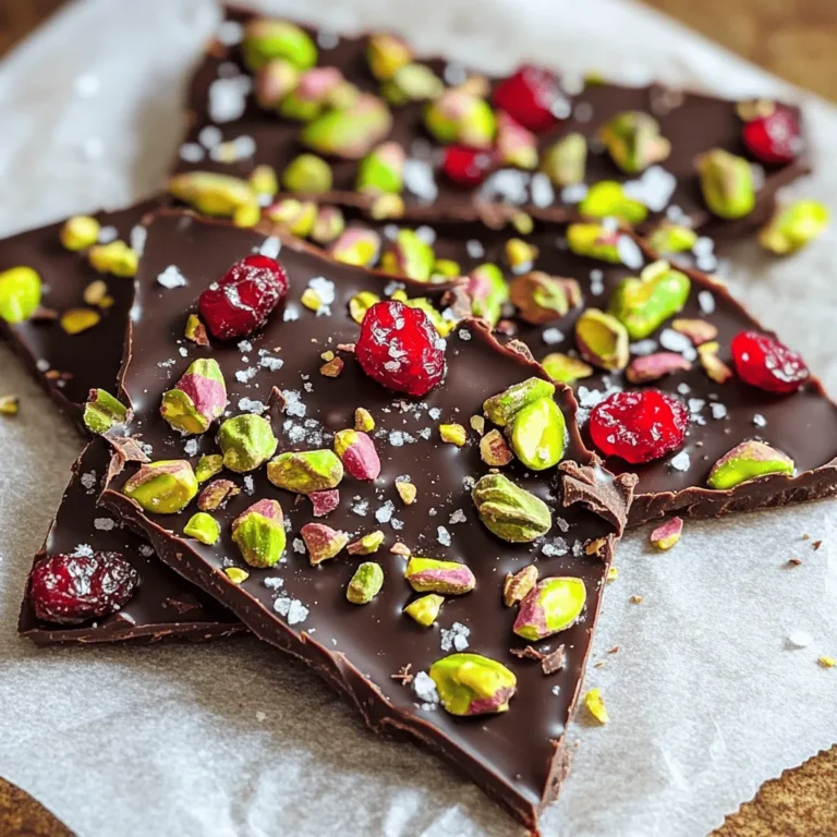 - 12 ounces dark chocolate (preferably 60% cacao or higher), finely chopped - 1 cup unsalted pistachios, shelled and roughly chopped - 1 cup dried cranberries - 1 teaspoon flaky sea salt - 1 teaspoon pure vanilla extract These ingredients create a perfect mix of sweet and salty. Dark chocolate gives richness, while pistachios add crunch. The cranberries provide a sweet, chewy contrast. The sea salt enhances the flavors, making each bite pop. When selecting ingredients, look for high-quality chocolate. Aim for at least 60% cacao for a richer flavor. Check that the pistachios are fresh and unsalted. Dried cranberries should be plump and not too hard. Always choose pure vanilla extract over imitation for the best taste. One serving of this bark has about 180 calories. It packs healthy fats from pistachios and antioxidants from dark chocolate. Dried cranberries add some fiber and natural sweetness. This treat can fit into a balanced diet when enjoyed in moderation. If you want the full recipe, check it out [here](insert link). To melt the chocolate, start by chopping it into small pieces. This helps it melt evenly. You can use a double boiler or a microwave. For the double boiler, place the chocolate over simmering water. Stir it constantly until it becomes smooth. If you use the microwave, heat the chocolate at 50% power. Do this in 30-second bursts. Stir after each time until it is fully melted. Be careful not to overcook it, or the chocolate can burn. Next, prepare your baking sheet. Take a baking sheet that is about 11x17 inches. Line it with parchment paper. Make sure the paper is flat and has no wrinkles. This will make it easy to lift the bark off later. A smooth surface helps the chocolate spread evenly. Now, let's mix the add-ins! In a large mixing bowl, combine the chopped pistachios and dried cranberries. Pour in the vanilla extract, too. Mix everything well to spread the flavors evenly. This mix will add a nice crunch and sweetness to your bark. Now that you have everything ready, you can follow the rest of the [Full Recipe] to create your delicious Pistachio Cranberry Bark! To make the best pistachio cranberry bark, follow these tips: - Use quality chocolate: Dark chocolate with 60% cacao or higher works best. - Chop the chocolate evenly: This helps it melt smoothly. - Mix well: Ensure the nuts and cranberries are evenly spread in the chocolate. - Cool before serving: Let it set properly in the fridge for a firmer texture. Watch out for these common mistakes: - Overheating chocolate: This can cause it to seize up. - Not pressing toppings: If you don’t press the pistachios and cranberries down, they may fall off. - Skipping the salt: A sprinkle of sea salt enhances the flavors. - Using wax paper: Always use parchment paper for easy removal. Make your bark look as good as it tastes: - Use a decorative box: This makes a sweet gift. - Serve on a platter: Arrange the pieces neatly for a lovely display. - Pair with tea or coffee: This adds a nice touch to your snack time. - Cut into shapes: Use cookie cutters for fun designs. For the full recipe, check out the detailed instructions above. Enjoy your delicious creation! {{image_4}} You can change the nuts or dried fruits in this recipe. Try almonds, walnuts, or pecans. Each nut adds a new taste. For fruits, consider raisins, apricots, or cherries. You can mix and match based on what you like. This keeps the bark exciting and fresh. Want to boost the flavor of your bark? Add a pinch of cinnamon or a hint of orange zest. These small changes make a big difference. You can also try a splash of peppermint extract for a holiday vibe. Just remember, a little goes a long way! To make this bark vegan, simply swap the dark chocolate for a dairy-free option. Many brands offer vegan chocolate that works well. Ensure all other ingredients are vegan too, like the vanilla extract. This way, everyone can enjoy this sweet treat! For the full recipe, check out the details above. Store your pistachio cranberry bark in an airtight container. Choose a cool, dry place. This keeps it fresh and tasty. Avoid direct sunlight, as it can melt the chocolate. If you have leftovers, layer the bark pieces with parchment paper. This prevents sticking and keeps them neat. Pistachio cranberry bark lasts about two weeks at room temperature. If you store it in the fridge, it can last up to a month. Be sure the container is sealed tight. This keeps out moisture and air, which can spoil the bark. You can freeze pistachio cranberry bark for longer storage. Wrap it well in plastic wrap, then place it in a freezer bag. It can last for about three months in the freezer. When you're ready to enjoy it, thaw the bark in the fridge overnight. This keeps the texture nice and smooth. Avoid thawing at room temperature, as this can cause the chocolate to become soft and lose its snap. Yes, you can use milk chocolate if you prefer a sweeter taste. Milk chocolate gives a creamier feel and a lighter flavor. However, keep in mind that it will change the bark's overall taste. Dark chocolate brings a rich depth that balances well with the tart cranberries and salty pistachios. If you go with milk chocolate, consider adding a pinch more sea salt to enhance the flavors. You can use any nut you like! Almonds, walnuts, or cashews work great. If you want a nut-free option, try using seeds like pumpkin or sunflower seeds. These choices will add a nice crunch, just like pistachios. Make sure to chop them into similar sizes for even spreading. To make your bark more chocolatey, you can add cocoa powder or melted chocolate chips to the mixture. Another great option is to use a higher percentage of dark chocolate, like 70% cacao or more. This will give you a richer chocolate flavor. You might also drizzle some melted chocolate on top before it sets for a beautiful finish. For more tips and the full recipe, check out the [Full Recipe]. You now know how to make delicious pistachio cranberry bark. We covered key ingredients, tips for choosing quality items, and the nutritional info. I shared step-by-step instructions to melt the chocolate and prepare the baking sheet. We discussed serving suggestions, common mistakes, and variations like vegan options. Finally, I gave storage tips and answered common questions. Making this bark is fun and easy, so enjoy creating your own tasty treats!