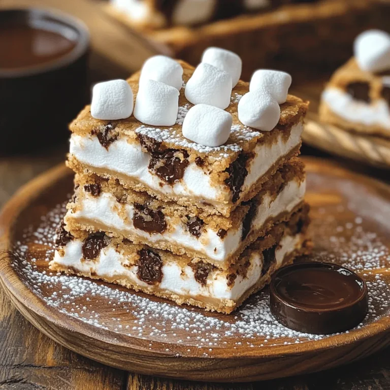 For S'mores Chocolate Chip Cookie Bars, you'll need these simple ingredients: - 1 cup unsalted butter, softened - 1 cup packed brown sugar - ½ cup granulated sugar - 2 large eggs - 1 teaspoon pure vanilla extract - 2 ½ cups all-purpose flour - 1 teaspoon baking soda - ½ teaspoon fine sea salt - 1 cup semi-sweet chocolate chips - 1 cup mini marshmallows - 1 cup graham cracker crumbs These ingredients come together to create a delicious treat. The butter gives a rich flavor, while the sugars add sweetness. The eggs help bind everything, making the bars soft and chewy. The flour, baking soda, and salt create a sturdy base. Adding chocolate chips, marshmallows, and graham cracker crumbs brings that classic s'mores flavor. When you mix these ingredients, remember to enjoy the process. Baking should be fun. You can also experiment with the amounts a bit, if you want a more chocolatey or gooey bar. For the full recipe, check out the instructions above. - Preheat the oven to 350°F (175°C). - Grease a 9x13-inch baking pan and line with parchment paper. First, set your oven to 350°F. This step warms the oven for even baking. Next, grab a 9x13-inch baking pan. Lightly grease it with butter or cooking spray. Then, line the pan with parchment paper. Leave some paper hanging over the edges. This makes it easy to lift the bars out later. - Cream butter and sugars together. - Add eggs and vanilla extract. In a large bowl, take softened butter, brown sugar, and granulated sugar. Use an electric mixer to cream them together. Beat until the mix is light and fluffy. This should take about two minutes. Next, add the eggs, one at a time. Mix well after each egg. Finally, pour in the vanilla extract. Blend until everything combines smoothly. - Whisk flour, baking soda, and salt. - Incorporate dry ingredients into the wet mixture. Grab another bowl for your dry mix. In it, whisk together the flour, baking soda, and salt. Make sure everything mixes evenly. Now, slowly add this dry mix to your wet mixture. Stir gently until no flour streaks remain. Be careful not to overmix; that can make the bars tough. - Spread half of the dough into the pan. - Layer with marshmallows and chocolate chips. - Top with remaining dough. Now it’s time to assemble! Take half of the dough and spread it evenly in the pan. Press down gently to form a solid base. Next, sprinkle mini marshmallows all over the dough. Follow this with semi-sweet chocolate chips. Save a handful of each for the top. Finally, spread the remaining dough over everything. Make sure to cover the marshmallows and chocolate well. - Bake for 25-30 minutes. - Cool in pan before transferring to wire rack. Place your pan in the preheated oven. Bake for 25 to 30 minutes. Keep an eye on it. You want a golden brown color and a slightly puffy center. When done, take the pan out and let it cool for about 10 minutes. Use the parchment paper edges to lift the bars out. Transfer them to a wire rack for further cooling. For the full recipe, check out the details above. Enjoy creating these tasty bars! When making S'mores Chocolate Chip Cookie Bars, avoid overmixing the dough. Overmixing can make the bars tough. You want a soft, chewy texture. After adding flour, fold the mixture gently. Stop mixing as soon as there are no flour streaks. This helps keep the bars light. To check if your cookie bars are done, look for a golden brown top. The center should be slightly puffy and not jiggly. Insert a toothpick into the center. If it comes out clean or with just a few crumbs, your bars are ready. Keep an eye on them, as ovens vary. To make your bars look fancy, dust the top with powdered sugar. This adds a sweet touch and makes them pop. Serve with a small bowl of chocolate sauce for drizzling. It enhances both flavor and presentation. These simple steps make your treat even more special. For the complete recipe, check out the Full Recipe section. {{image_4}} You can switch up the chocolate in these bars. Use dark chocolate chips for a rich taste. Milk chocolate brings a sweet touch. White chocolate adds creaminess and pairs well with the marshmallows. Nuts can also enhance the texture. Chopped pecans or walnuts add a nice crunch. Just fold them in with the chocolate chips. This extra layer of flavor makes each bite special. If you want a vegan version, use plant-based butter and flax eggs. Mix one tablespoon of ground flaxseed with three tablespoons of water. Let it sit for five minutes to thicken. This will replace one egg in the recipe. For gluten-free bars, use a gluten-free flour blend. Make sure it's a one-to-one substitute. You can also find gluten-free graham crackers. This way, everyone can enjoy these tasty treats. Adapt these bars for different holidays! Try adding peppermint extract for Christmas. Top with crushed candy canes for a festive flair. For Halloween, mix in orange and black sprinkles. You can also add pumpkin spice for a cozy, autumn flavor. These simple twists keep the recipe fresh and fun for any occasion. You can find the full recipe above to start baking today! To keep your S'mores chocolate chip cookie bars fresh, place them in an airtight container. Make sure the bars are cool before sealing. This helps prevent sogginess and keeps them soft. If you have extra bars, layer them with parchment paper to avoid sticking. Avoid leaving them uncovered, as they can dry out quickly. You can freeze these bars for later enjoyment. First, let them cool completely. Then, cut them into squares. Wrap each piece tightly in plastic wrap. Place the wrapped bars in a freezer-safe bag or container. When you are ready to eat, just take them out and thaw at room temperature. You can also warm them slightly in the microwave for a gooey treat. When stored properly, these bars last about a week at room temperature. If you freeze them, they can last up to three months. Just remember to check for any signs of freezer burn if you keep them for a long time. Enjoy your delicious treat fresh, but don’t worry if you have some left! Yes, you can use whole wheat flour instead of all-purpose flour. It adds a nutty flavor. You may need to adjust the liquid slightly, as whole wheat absorbs more moisture. Almond flour is another option, but it will change the texture. For a gluten-free option, try a gluten-free all-purpose blend. Always check the blend for added binders. Look for a golden brown top. The center should appear slightly puffy and set. You can also insert a toothpick into the center. If it comes out clean or with a few crumbs, the bars are ready. Keep an eye on them, as baking times can vary with different ovens. Yes, you can prepare them a day in advance. Just bake and let them cool completely. Cover them tightly with plastic wrap. They will stay fresh in the fridge for a few days. You can also freeze them for up to three months. Just thaw them in the fridge before serving. For clean cuts, use a sharp knife. Warm the knife slightly under hot water, then dry it. This helps it glide through the bars. Cut them into squares or rectangles as you prefer. Arrange them neatly on a plate for a nice presentation. Absolutely! Kids love the sweet mix of chocolate, marshmallows, and graham crackers. These bars are easy to hold and eat. Just be mindful of allergies. You can adjust the chocolate or marshmallow amounts to suit their tastes. They are a fun treat for parties and gatherings. These S'mores Chocolate Chip Cookie Bars are easy and delicious. We covered the ingredients, steps, and helpful tips. You saw how to mix it all together and achieve the perfect bake. The variations let you try new flavors, and the storage tips help keep them fresh. Enjoy these bars with friends and family. They are a hit for any gathering. Keep experimenting and find your favorite way to make them. Happy baking!