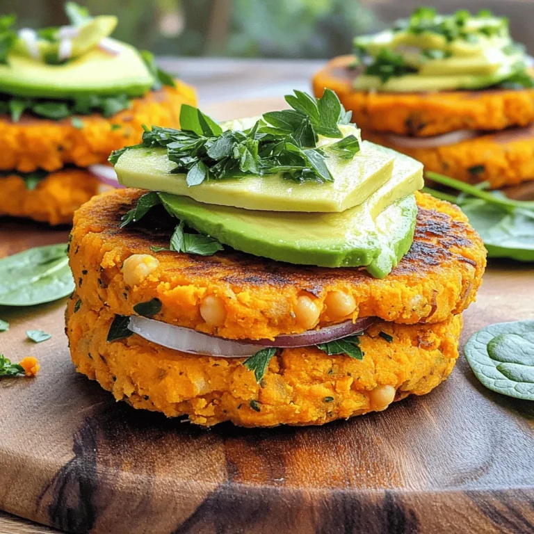 - 1 large sweet potato, baked until tender and mashed - 1 can (15 oz) chickpeas, thoroughly drained and rinsed - 1/2 cup rolled oats, blended into a coarse flour - 1/4 cup whole wheat breadcrumbs - 1 small red onion, finely diced - 2 garlic cloves, minced - 1 teaspoon ground cumin - 1 teaspoon smoked paprika - 1/2 teaspoon salt - 1/4 teaspoon freshly ground black pepper - 2 tablespoons fresh parsley, chopped (or cilantro for a refreshing twist) I love using sweet potatoes in this recipe. They add a natural sweetness and great texture. Chickpeas bring protein and fiber to the mix, making these burgers hearty. Oats and breadcrumbs help bind everything together, giving the patties a satisfying bite. The spices like cumin and smoked paprika add depth and warmth, creating a flavor explosion in every bite. - Creamy avocado slices - Fresh spinach leaves - Ripe tomato slices - Your favorite sauce Toppings can take your burger to the next level. Creamy avocado adds richness, while fresh spinach gives a nice crunch. Juicy tomato slices keep things fresh and bright. You can also drizzle your favorite sauce for extra flavor. - Olive oil - Alternative frying oils I prefer using olive oil for frying. It has a lovely flavor and high smoke point. If you need a different option, other frying oils work just as well. Choose what you like best! For the full recipe, check out the complete instructions above. - Bake the sweet potato: First, preheat your oven to 400°F (200°C). Place the sweet potato on a baking sheet. Bake for about 45 minutes or until it is soft. Let it cool, then mash it in a bowl. - Rinse chickpeas: Open the can of chickpeas and pour them into a strainer. Rinse them under cold water to remove any canning liquid. This helps keep the burgers from being too wet. - Combining sweet potato and chickpeas: In a big bowl, add the mashed sweet potato and the rinsed chickpeas. Use a fork or a potato masher to blend them together. You want a mix that is mostly smooth, with some texture for bite. - Adding spices and other ingredients: Now, add rolled oats, breadcrumbs, diced red onion, minced garlic, cumin, smoked paprika, salt, black pepper, and chopped parsley. Mix well until all ingredients are evenly combined. - Forming the burger patties: Take the mixture and shape it into burger patties. Aim for 6 to 8 patties depending on how big you want them. Place them on a parchment-lined tray to avoid sticking. - Frying instructions for perfect patties: Heat olive oil in a non-stick skillet over medium heat. When the oil is hot, carefully add the patties. Don’t crowd them. Fry each side for about 4-5 minutes until they are golden brown and heated through. Once cooked, place the patties on a plate lined with paper towels to soak up extra oil. You can find the full recipe for these tasty burgers above. Enjoy them on a bun or in a lettuce wrap with your favorite toppings! To get the best texture for your sweet potato chickpea burgers, follow these steps: - Mash Well: Make sure to mash the sweet potato and chickpeas together well. You want some texture but not big chunks. - Use the Right Oats: Blend rolled oats into a coarse flour. This helps bind your patties. - Don’t Overcrowd: When frying, give each patty space in the pan. This helps them brown evenly. Common mistakes to avoid include: - Too Wet Mixture: If your mix is too wet, add more oats or breadcrumbs. - Not Enough Heat: Make sure your oil is hot before adding patties. This helps them crisp up nicely. You can adjust the spices to suit your taste. Here are some tips: - More Spice: If you like heat, add a pinch of cayenne pepper or chili powder. - Herb Variations: Try using fresh basil or cilantro instead of parsley for a different flavor. For extra variety, consider adding: - Grated Carrots: This adds sweetness and crunch. - Chopped Spinach: A great way to sneak in some greens. For the best pairing options, consider these ideas: - Buns or Wraps: Serve the burgers on whole-grain buns or in lettuce wraps. - Sides: A fresh salad or sweet potato fries make great sides. For plate presentation, follow these tips: - Garnish: Sprinkle extra parsley on top of each burger. - Colorful Sides: Serve with a bright salad for a vibrant look. Make sure to check out the Full Recipe for more details! {{image_4}} You can easily modify this sweet potato chickpea burger recipe. For a gluten-free version, swap the whole wheat breadcrumbs for gluten-free breadcrumbs or crushed rice crackers. This keeps the texture while making it safe for those with gluten sensitivities. You can also use ground flaxseed mixed with water as a binder instead of breadcrumbs. Adding more veggies boosts the flavor and nutrition. Try shredded carrots, zucchini, or bell peppers. You can also mix in other legumes like black beans or lentils. These additions create varied textures and flavors. To change up the taste, create a Southwest-inspired version. Add chili powder, corn, and diced jalapeños for a spicy kick. Top with avocado and salsa to enhance the flavors. For a Mediterranean twist, mix in chopped olives, sun-dried tomatoes, and feta cheese. Season with oregano and lemon zest for a fresh taste. Serve these burgers with tzatziki sauce for a cool complement. You can serve these burgers in many ways. Use classic burger buns for a traditional look. Alternatively, wrap them in lettuce leaves for a low-carb option. This adds a crunchy texture and freshness. Pair these burgers with tasty side dishes. A simple side salad with greens or roasted vegetables works well. Sweet potato fries or quinoa salad also make great companions. Enjoy your meal with a colorful plate that looks as good as it tastes! To store your sweet potato chickpea burgers in the fridge, place them in an airtight container. This keeps them fresh and tasty. I recommend using them within 4 days. After this time, they may lose their flavor and texture. You can freeze the patties for later use. Just place them in a single layer on a baking sheet. Once frozen firm, transfer them to a freezer bag. They can last up to 3 months. To thaw, move them to the fridge overnight. For quick meals, you can also cook them from frozen. For the best results, reheat the burgers in a skillet over medium heat. This method keeps them crispy. Avoid using the microwave, as it can make the patties soggy. If you use the oven, bake them at 375°F for about 10-15 minutes, flipping halfway through. Enjoy your savory sweet potato chickpea burgers warm and crispy! You can tell if a sweet potato is done when it is soft. Use a fork to poke it. If the fork goes in easily, it is ready. A properly cooked sweet potato should feel tender and creamy inside. You can also check the skin. If it starts to wrinkle, it’s a good sign it’s done. Cooking times may vary based on size and method. Baking usually takes about 45 minutes at 400°F (200°C). Yes, you can prepare these burgers in advance. Form the patties and store them in the fridge for up to 24 hours. This helps the flavors blend well. For longer storage, place them in the freezer. Use parchment paper between each patty to prevent sticking. They can last in the freezer for up to three months. When ready to eat, just cook from frozen or thaw in the fridge overnight. If you don’t have chickpeas, you can use other beans. Black beans or white beans work great. They add a different flavor but still keep the burger tasty. Lentils are another option; just cook them first. You can also try split peas for a unique twist. Each substitute will change the texture a bit, so feel free to experiment. You now have all you need to make delicious sweet potato and chickpea burgers. We've covered key ingredients, preparation, and cooking tips. You can easily customize with toppings and variations to match your taste. Remember to store your patties properly for convenient meals later. Experiment with flavors and find what you love. Enjoy each bite as you create a tasty, healthy dish. These burgers are not just food; they can spark creativity in your kitchen. Happy cooking!