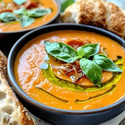- 2 lbs ripe tomatoes, quartered - 1 medium onion, finely chopped - 4 cloves garlic, peeled - 3 tablespoons extra virgin olive oil - 1 teaspoon balsamic vinegar - 1 teaspoon dried oregano - Salt and freshly cracked black pepper, to taste - 3 cups vegetable broth - 1/2 cup heavy cream (for a velvety texture) - 1 cup fresh basil leaves, roughly chopped (for garnish) This recipe serves 4 to 6 people. Each bowl offers a comforting mix of flavors. Nutritionally, the soup is rich in vitamins and antioxidants from the tomatoes and basil. The olive oil adds healthy fats, while the cream offers a touch of indulgence if you choose to use it. Together, these ingredients create a balanced dish that satisfies the palate and nourishes the body. For the full recipe, refer to the section above. Start by preheating your oven to 400°F (200°C). This heat will help the tomatoes roast perfectly. Next, gather a large mixing bowl. Add 2 lbs of quartered ripe tomatoes, 1 chopped onion, and 4 peeled garlic cloves. Pour in 3 tablespoons of extra virgin olive oil and 1 teaspoon of balsamic vinegar. Sprinkle in 1 teaspoon of dried oregano, salt, and black pepper to taste. Mix everything well so each piece gets coated. Now, spread this mixture onto a baking sheet. Make sure to lay it out in a single layer. This helps the vegetables roast evenly. Place your baking sheet in the preheated oven. Roast the tomatoes for 25 to 30 minutes. You will know they are ready when they turn caramelized and soft. The onion should feel tender, and the garlic should smell fragrant. Once roasted, take the baking sheet out and let it cool for a few minutes. In a large pot, combine the roasted mixture with 3 cups of vegetable broth. Heat this over medium heat until it simmers gently. Let it cook for another 10 minutes to let the flavors blend well. To blend the soup, use an immersion blender for a smooth texture. If you do not have one, carefully transfer the soup in batches to a regular blender, then return it to the pot. Stir in 1 cup of roughly chopped fresh basil and 1/2 cup of heavy cream if you want a creamier soup. Taste it and add more salt or pepper if needed. Heat the soup for about 5 more minutes, but do not let it boil. Ladle the soup into bowls and serve it hot. For a beautiful touch, garnish with more fresh basil, a drizzle of olive oil, and crusty bread for dipping. Enjoy your comforting bowl of roasted tomato basil bliss! For more details, check the Full Recipe. Using fresh herbs makes a big difference. Fresh basil gives your soup a vibrant taste. Dried herbs work too, but fresh adds brightness. When adding herbs, try to use them towards the end of cooking. This keeps their flavor lively. Balancing acidity and sweetness is key for a great soup. Roasted tomatoes can be sweet and tangy. If your soup tastes too tart, add a pinch of sugar. This simple step can elevate your dish. For more depth, try adding a splash of balsamic vinegar. It rounds out the flavors nicely. One common mistake is over-roasting or under-roasting tomatoes. Over-roasting can make them taste bitter. Under-roasting leaves them bland. Aim for a golden, caramelized look that enhances sweetness. Incorrect seasoning adjustments are another pitfall. Always taste as you go. If your soup lacks flavor, don’t be afraid to add more salt. Each ingredient is important, so adjust carefully to bring out the best in your soup. For this recipe, you will need essential cookware. A baking sheet is crucial for roasting tomatoes. A large pot helps combine everything smoothly. An immersion blender makes blending easy and mess-free. If you don’t have one, a standard blender works too. Just be cautious with hot liquids, and blend in batches if needed. These tools will help you create a delicious roasted tomato basil soup that shines. For the full recipe, refer back to the main section. Enjoy the process and the wonderful aroma in your kitchen! {{image_4}} To make this soup vegan, you can substitute heavy cream with plant-based milk. Almond, coconut, or oat milk work well. These milks add creaminess without dairy. You may also add lentils for protein. They cook fast and blend well into the soup. This keeps your meal filling and nutritious. You can spice up your soup by adding paprika or red pepper flakes. They bring warmth and depth to the flavor. Feel free to experiment with different herbs like thyme or parsley. Each herb adds its unique twist. You can find your favorite mix over time. Pair your soup with grilled cheese or a fresh salad. The crunch of grilled cheese complements the soup’s smooth texture. For a fun twist, try creative garnishes. A drizzle of olive oil or a sprinkle of freshly grated cheese adds flair. Whole basil leaves also make a lovely touch. These small details elevate your dish and impress your guests. After you make your roasted tomato basil soup, cool it down first. Pour it into a container that seals well. Glass jars or BPA-free plastic containers work great. Make sure to leave some space at the top. This space helps the soup expand when it freezes. Store it in the fridge for up to five days. You can freeze the soup for later. Pour the cooled soup into freezer-safe containers. Make sure to leave some space for expansion. Seal them tightly to avoid freezer burn. The soup stays good in the freezer for about three months. To thaw, place it in the fridge overnight before reheating. Reheat the soup slowly to keep its yummy taste. Use a pot on low heat, stirring often. If the soup is too thick, add a splash of broth or water. If you want to cook it in the microwave, use a microwave-safe bowl. Heat it in short intervals, stirring in between. Adjust the thickness after reheating by adding more liquid if needed. Enjoy every spoonful of your comforting soup! Roasted Tomato Basil Soup offers many health benefits. First, tomatoes are rich in vitamins C and K. They also contain antioxidants like lycopene, which can fight cancer. Basil adds flavor and has anti-inflammatory properties. The soup is low in calories, making it a great choice for weight management. Olive oil provides healthy fats, which support heart health. You can easily make this soup ahead of time. Roasting the tomatoes and veggies takes about 30 minutes. Once done, blend and store it in the fridge. The soup keeps well for up to three days. You can also freeze it in portions. Just remember to leave space in the container for expansion. Yes, you can use canned tomatoes. Look for high-quality canned tomatoes for the best flavor. Drain them slightly before roasting. This step helps avoid a watery soup. Canned tomatoes can save time and still create a tasty dish. There are many great sides for this soup. Grilled cheese is a classic choice. You can also serve crusty bread for dipping. A fresh salad adds crunch and nutrition. For a twist, pair it with garlic bread or cheese toast to enhance the meal. Roasted Tomato Basil Soup is both simple and delicious. We explored key ingredients like ripe tomatoes, onion, and garlic. You learned how to prepare, roast, and blend for a great flavor. I shared tips to avoid common mistakes and how to store your soup properly. In the end, you can experiment with flavors and serving styles. Every bowl can be your personal creation. Enjoy making this soup and savor each bite!