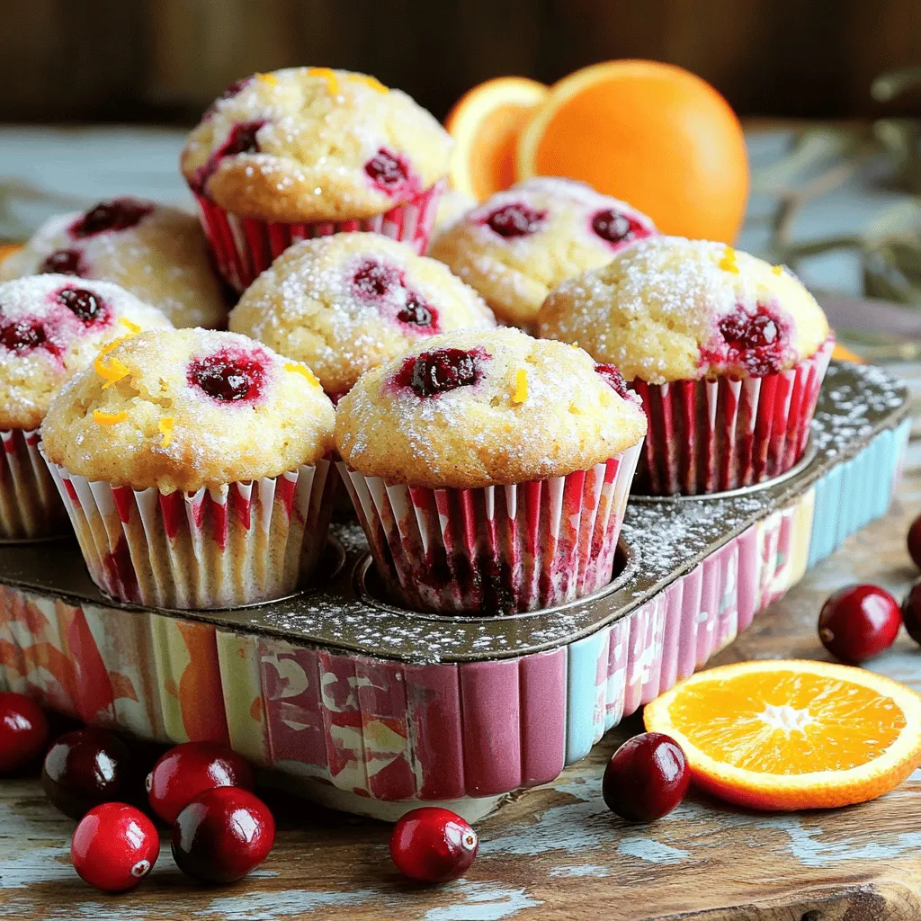 When making cranberry orange muffins, you need to gather some key ingredients. These ingredients work together to create a moist, flavorful treat that everyone will love. Here’s what you’ll need: - 1 ½ cups all-purpose flour - ½ cup granulated sugar - ½ cup packed brown sugar - 1 tablespoon baking powder - ½ teaspoon baking soda - ½ teaspoon salt - 1 teaspoon ground cinnamon - ¾ cup fresh cranberries, roughly chopped - Zest of 1 large orange - ½ cup freshly squeezed orange juice - ⅓ cup vegetable oil - 1 large egg - 1 teaspoon vanilla extract - Optional: ¼ cup chopped walnuts or pecans These ingredients bring the perfect balance of sweet and tart. The fresh cranberries add a burst of flavor, while the orange juice and zest give a refreshing twist. You can even add nuts for a crunchy touch. For the Full Recipe, check the detailed instructions that follow! 1. Preheat oven and prepare muffin tin First, preheat your oven to 375°F (190°C). While it heats, grab your muffin tin. Line it with paper liners or spray it with non-stick cooking spray. This step helps prevent the muffins from sticking. 2. Combine dry ingredients In a large bowl, mix the dry ingredients. Add 1 ½ cups of all-purpose flour, ½ cup of granulated sugar, ½ cup of packed brown sugar, 1 tablespoon of baking powder, ½ teaspoon of baking soda, ½ teaspoon of salt, and 1 teaspoon of ground cinnamon. Whisk these together until they blend well. 3. Mix cranberry-zest mixture In another bowl, combine ¾ cup of roughly chopped fresh cranberries and the zest of 1 large orange. Toss these together lightly. This mix gives the muffins a bright flavor and aroma. 4. Combine wet ingredients In a medium bowl, mix together ½ cup of freshly squeezed orange juice, ⅓ cup of vegetable oil, 1 large egg, and 1 teaspoon of vanilla extract. Whisk these until they are smooth. It’s okay if there are a few small lumps. 5. Fold wet and dry ingredients together Pour the wet mixture into the dry ingredients. Use a rubber spatula or wooden spoon to gently fold everything together. Be careful not to over-mix. A few lumps are fine. This keeps the muffins light. 6. Fill muffin cups and bake Now, fold in the cranberry-zest mixture. If you like, add ¼ cup of chopped walnuts or pecans for extra crunch. Using a spoon or ice cream scoop, fill each muffin cup about ¾ full. Then, bake in the preheated oven for 18 to 22 minutes. Check if they’re done by inserting a toothpick into the center. It should come out clean or with a few crumbs. 7. Cooling the muffins Once baked, let the muffins cool in the pan for about 5 minutes. After that, transfer them to a wire rack. This helps them cool completely, keeping their fluffy texture. Now you have delicious cranberry orange muffins ready to enjoy! For the complete recipe, check the full recipe section. Selecting the best cranberries When picking cranberries, choose fresh ones. Look for bright red berries that are firm and plump. Avoid any that are soft or shriveled. Fresh cranberries give your muffins a tart taste and vibrant color. Choosing the right orange for zest Select a large, juicy orange. The skin should be bright and smooth. This ensures you get the best zest. Use a microplane or fine grater to collect the zest. This will add a strong, fresh flavor to your muffins. Avoiding over-mixing Mix your batter gently. Over-mixing can make your muffins tough. Stir until just combined, even if there are small lumps. This keeps them light and fluffy. Ensuring even texture For a consistent texture, fold in the cranberries last. This way, they stay whole and create bursts of flavor. Use a rubber spatula to gently combine the ingredients. This helps maintain the muffins’ airy structure. Arranging muffins for display Once cooled, set your muffins on a pretty plate or wooden board. This makes them stand out. Group them together for a nice look. It’s perfect for sharing with friends or family. Garnishing ideas Add a touch of flair by garnishing with fresh cranberries. You can also place thin slices of orange on the plate. These details make your muffins look even more inviting and festive. {{image_4}} You can easily change the flavor of your cranberry orange muffins. Here are some fun ideas: - Adding nuts like walnuts or pecans: Nuts add a nice crunch. Just fold in ¼ cup of chopped nuts when mixing in the cranberries. This gives your muffins more texture and flavor. - Using lemon instead of orange: If you love lemon, swap the orange zest and juice for lemon zest and juice. This gives a bright, zesty twist. - Incorporating chocolate chips: For a sweet surprise, add ½ cup of chocolate chips. The sweet chocolate pairs well with the tart cranberries. You can make these muffins fit different diets too. Here are some options: - Gluten-free options: Use a gluten-free flour blend instead of all-purpose flour. This keeps the muffins light while making them gluten-free. - Vegan adaptations: To make vegan muffins, replace the egg with a flax egg. Mix 1 tablespoon of ground flaxseed with 3 tablespoons of water. Let it sit for a few minutes to thicken. Also, switch to plant-based oil and milk. For the full recipe, check the [Full Recipe] section! To keep your cranberry orange muffins fresh, store them in an airtight container. This helps prevent them from drying out. Place a piece of parchment paper in the container to absorb moisture. This keeps the muffins soft and tasty. You can store them at room temperature for up to three days. If you want them to last longer, consider refrigerating them. However, this may change their texture slightly. You can freeze these muffins for later. Wrap each muffin in plastic wrap, then place them in a freezer bag. This keeps them safe from freezer burn. They can stay in the freezer for up to three months. When you're ready to enjoy them, simply take one out. Let it thaw at room temperature for about an hour. For a warm treat, reheat them in the oven at 350°F for about 10 minutes. You can also microwave them for 15 to 20 seconds. Enjoy the fresh taste of homemade muffins anytime! To make your muffins fluffy, avoid over-mixing the batter. When you mix the wet and dry ingredients, stop as soon as you see no dry flour. A few lumps are okay. Also, ensure your baking powder is fresh. If it’s old, your muffins won’t rise well. Yes, you can substitute the sugar. You might use coconut sugar or honey for a different flavor. Keep in mind that honey is liquid, so you may need to reduce other liquids slightly. If you want less sweetness, cut the sugar in half and taste as you go. Cranberry orange muffins last about three days at room temperature. Store them in an airtight container to keep them fresh. If you want them to last longer, you can freeze them for up to three months. Just thaw them at room temperature before enjoying. You can add many fruits to this recipe. Blueberries, raspberries, or chopped apples work well. Each fruit will give a unique flavor. Just make sure to adjust the sugar if you use sweeter fruits. Enjoy experimenting with flavors and find your favorite mix! These delicious cranberry orange muffins are easy to make and full of flavor. We covered the key ingredients, mixing steps, and baking tips to ensure great results. You can even customize them to suit your taste or dietary needs. Remember, the joy of baking comes from sharing tasty treats with friends and family. Enjoy your muffins fresh or stored for later. Happy baking!