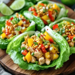 - 1 lb boneless, skinless chicken thighs, diced into bite-sized pieces - 2 tablespoons peanut oil - 1 red bell pepper, diced into small cubes - 1 yellow bell pepper, diced into small cubes - 3 green onions, finely chopped, green and white parts separated - 3 cloves garlic, minced - 1 tablespoon fresh ginger, minced - 1/4 cup roasted unsalted peanuts, roughly chopped - 3 tablespoons soy sauce - 2 tablespoons hoisin sauce - 1 tablespoon rice vinegar - 1 tablespoon sesame oil - 1 teaspoon crushed red pepper flakes (adjust to taste) - Salt and pepper to taste - 1 head of butter or romaine lettuce, leaves gently separated for wrapping When I make Kung Pao Chicken Lettuce Wraps, I focus on fresh ingredients. Chicken thighs offer juicy flavor. The bell peppers add color and crunch. Green onions bring a nice bite, while garlic and ginger add depth. Peanuts give a lovely crunch and richness. The sauces harmonize the dish, making it both savory and a bit sweet. - Skillet or wok - Mixing bowls - Measuring spoons Having the right tools makes cooking easier. A skillet or wok ensures even heat. Mixing bowls help keep things organized. Measuring spoons guarantee accuracy in flavors. When you have these tools, preparing your meal becomes a breeze. For the full recipe, check out the details above. First, let's prep our ingredients. Start by chopping the chicken into small pieces. Use boneless, skinless chicken thighs for the best taste. Next, dice the red and yellow bell peppers into small cubes. Chop the green onions, keeping the green and white parts separate. Finally, mince the garlic and ginger. This mix of fresh and vibrant flavors will bring your dish to life. Now, mix the sauce ingredients. In a small bowl, combine soy sauce, hoisin sauce, rice vinegar, sesame oil, and crushed red pepper flakes. Whisk them together until smooth. This sauce packs a punch and ties all the flavors together beautifully. Heat two tablespoons of peanut oil in a large skillet or wok over medium-high heat. Wait until the oil shimmers before adding the chicken. Season the chicken with salt and pepper. Cook the chicken for about 6-8 minutes, stirring often, until it turns golden brown. Once the chicken is browned, add the minced garlic, ginger, and diced bell peppers. Stir and cook for an extra 3-4 minutes. You want the peppers to stay crisp but tender. Now it’s time to add the sauce. Pour your prepared sauce over the chicken and veggies. Stir well to coat everything. Let it cook for another 2 minutes. This step helps the flavors blend perfectly. Finally, fold in the chopped peanuts and the white parts of the green onions. To serve, take a lettuce leaf and place a scoop of the chicken mixture in the center. Fold the leaf around the filling to create a wrap. It’s neat and fun to eat! For presentation, arrange the filled wraps on a large platter. Garnish with the leftover green onions and a sprinkle of crushed red pepper. You can also add lime wedges on the side for an extra zesty touch. This dish looks great and tastes even better! For the full recipe, you can check out the full recipe link. To make tender chicken, choose boneless, skinless thighs. They stay juicy when cooked. Cut them into small, even pieces. This helps them cook evenly. Don’t crowd the pan when cooking. This ensures they brown well and don’t steam. If you want to adjust spice levels, start with less crushed red pepper flakes. You can always add more later. Taste the sauce before adding to the chicken. This way, you control the heat. Garnishes can enhance flavor and make the dish pop. Use chopped green onions on top for freshness. A sprinkle of crushed peanuts adds crunch. You can also add lime wedges for a zesty touch. For pairing options, serve with steamed rice or quinoa. They balance the meal well. You can also try it with a side of stir-fried veggies. This adds more color and nutrients to your meal. Enjoy your Kung Pao Chicken Lettuce Wraps with a cold drink for a complete experience! {{image_4}} You can switch up the protein in Kung Pao Chicken Lettuce Wraps. Tofu works great for a veggie twist. It absorbs flavors well and gives a nice texture. Use firm tofu and press it to remove excess water before cooking. Simply cube it and follow the same steps as you would with chicken. Shrimp is another tasty option. It cooks quickly and adds a lovely seafood flavor. Make sure to buy fresh or frozen shrimp, peeled and deveined. Just sauté it for a few minutes until pink and cooked through. For a vegetarian or vegan option, you can skip meat altogether. Use a mix of mushrooms and bell peppers. They add depth and flavor, making the dish rich and satisfying. To enhance the flavor, add more vegetables. Carrots, zucchini, or snap peas work well. They bring color and crunch to the wraps. Chop them into small pieces, so they blend nicely with the chicken or tofu. Experimenting with different sauces can also boost the taste. Try adding a splash of orange juice for sweetness or some chili sauce for heat. You can even mix in a bit of peanut butter for a creamier texture. For the full recipe, check out the detailed instructions on how to make these delicious wraps. To keep your Kung Pao chicken lettuce wraps fresh, store the leftovers properly. First, let the dish cool to room temperature. Then, place it in an airtight container. This helps prevent moisture loss and keeps the flavors intact. For best results, separate the chicken mixture from the lettuce. This keeps the lettuce crisp. The wraps will last for about 3 to 4 days in the fridge. If you notice any off smells or changes in color, it’s best to throw it out. When you’re ready to enjoy your leftovers, reheating them correctly is key. The best way to reheat the chicken mixture is in a skillet. Heat it over medium heat for 3 to 5 minutes, stirring often. This helps maintain the texture and flavor. You can also microwave the chicken mixture. Place it in a microwave-safe bowl and cover it loosely with a lid. Heat in 30-second bursts, stirring in between, until warm. Avoid reheating the lettuce, as it will wilt. Serve the warm chicken in fresh lettuce leaves for a great meal. For the full recipe, check the ingredients and instructions listed above. Can I use different greens for wraps? Yes, you can use other greens. Try using collard greens or Swiss chard. Both give a nice taste. They add a crunch too. Just make sure the leaves are large enough to hold the filling. How can I make it gluten-free? To make this dish gluten-free, choose gluten-free soy sauce. Many brands offer great options. Also, check hoisin sauce labels. Some might contain gluten. With these swaps, you can enjoy Kung Pao Chicken Lettuce Wraps without worry. What to do if the dish is too salty? If it's too salty, add a bit of sugar. Start with a teaspoon and mix well. You can also add more vegetables to balance the salt. This helps to absorb the saltiness. How to fix overcooked chicken? If the chicken is dry, add a splash of broth. This can bring back some moisture. You can also serve it with a sauce. It will add flavor and help with the dryness. In this post, we explored tasty chicken thigh wraps. We covered main ingredients, tools, and step-by-step cooking. You learned easy tips for cooking and serving. We discussed variations with different proteins and flavors. Proper storage and reheating advice helps you enjoy leftovers. In conclusion, making chicken thigh wraps is simple and fun. With these methods, you can create a dish that fits your taste. Try different flavors and enjoy your cooking journey!