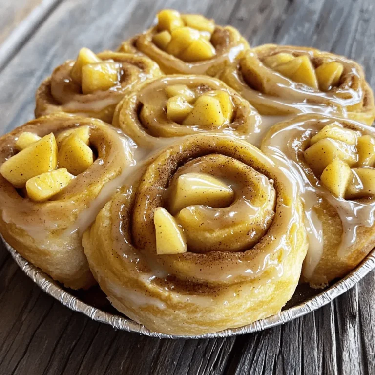- 2 cups all-purpose flour - 1/2 cup warm milk (about 110°F) - 1/4 cup granulated sugar - 1 packet active dry yeast - 2 medium apples (Granny Smith or Honeycrisp) - 1 tablespoon lemon juice - 1/4 cup packed brown sugar - 1 teaspoon ground cinnamon - 1/2 cup powdered sugar - 1-2 teaspoons milk - 1/4 teaspoon vanilla extract When making apple pie cinnamon rolls, you start with the dough. This dough is soft and fluffy. You mix flour, warm milk, and sugar with yeast. This makes a perfect base. The yeast helps it rise well, making it light. For the filling, you need apples. Granny Smith or Honeycrisp apples work best. You peel and dice the apples first. Then, you add lemon juice to keep them fresh. Mixing in brown sugar and cinnamon gives the filling a sweet and spicy kick. Lastly, the topping is simple. You whisk powdered sugar, milk, and vanilla together. The mixture should be smooth. You drizzle this over the warm rolls for a sweet finish. These ingredients create a tasty treat that anyone can make. If you want the full recipe, just check the details. 1. Start by warming the milk in a small bowl. Mix in the sugar and sprinkle the yeast. 2. Let it sit for 5-10 minutes until it bubbles. This shows the yeast is active. 3. In a large bowl, whisk the flour and salt together. 4. In another bowl, mix the melted butter, egg, and vanilla with the yeast mix. 5. Pour the wet mix into the flour. Stir until a soft dough forms. 1. Place the dough on a floured surface. 2. Knead the dough for about 5-7 minutes until it feels smooth. 3. Put it in a greased bowl and cover it. Let it rise for about 1 hour, or until it doubles in size. 1. While the dough rises, prepare the filling. 2. In a bowl, toss the diced apples with lemon juice to keep them fresh. 3. Add brown sugar, cinnamon, and flour. Mix until the apples are coated. 1. Once the dough has risen, roll it out into a rectangle on a floured surface. 2. Spread the apple filling evenly across the dough. 3. Roll the dough from the long side into a log. 4. Cut the log into 12 equal slices and place them in a baking dish with cut sides up. 1. Cover the rolls with a towel and let them rise for another 30 minutes. 2. Preheat your oven to 350°F (175°C). 3. Bake the rolls for 25-30 minutes until golden brown. 1. While the rolls bake, whisk powdered sugar, milk, and vanilla in a bowl. 2. Adjust the milk for your desired topping thickness. Follow these steps for a delightful treat. For the full recipe, check the details above. Enjoy baking! - Use room temperature ingredients for better mixing. Cold eggs or butter can slow down the rise. - Ensure yeast is fresh for proper rising. Old yeast can lead to flat, dense rolls. - Over-kneading or under-kneading the dough. Knead until smooth but don’t go too far. - Not properly measuring ingredients. Use a scale or measuring cups for accuracy. - Serve warm, garnished with apple slices and cinnamon. This adds color and enhances flavor. - A drizzle of the topping makes the rolls look more appealing. It's the perfect finishing touch! With these tips, you can create Apple Pie Cinnamon Rolls that impress. Following these simple guidelines helps ensure your rolls turn out perfect every time! For the full recipe, check out the section above. {{image_4}} You can mix up the filling in your apple pie cinnamon rolls. Try using pears or other fruits for a fresh twist. Pears offer a sweet flavor that pairs well with cinnamon. You can also add nuts, like walnuts or pecans, to give your rolls a crunchy bite. This adds texture and a nice contrast to the soft rolls. Want to add more flavor? Mix in some vanilla or nutmeg with your filling. Both enhance the sweet taste of apples. If you want a richer sweetness, substitute maple syrup for brown sugar. This change gives a warm, cozy flavor that will delight your taste buds. If you need gluten-free options, you can use almond flour instead of all-purpose flour. This will change the texture but still taste great. For those who follow a vegan diet, swap out the butter and milk for plant-based alternatives. These simple changes allow everyone to enjoy these delicious rolls without missing out. For the full recipe, check out the Apple Pie Cinnamon Rolls section. You can store apple pie cinnamon rolls at room temperature for up to three days. To keep them fresh, place the rolls in an airtight container. You can also cover them tightly with plastic wrap. This helps keep the rolls soft and tasty. Just make sure they cool fully before storing them. For longer freshness, you can freeze the rolls. Wrap each roll in plastic wrap, then place them in a freezer-safe bag or container. This way, they can last for up to three months. When you are ready to eat, let them thaw in the fridge overnight. To reheat the cinnamon rolls, take them out of the fridge. Preheat your oven to 350°F (175°C). Place the rolls on a baking sheet and cover them with foil. Heat for about 10 to 15 minutes. This keeps them soft and warm, just like fresh. You can also microwave a roll for 20-30 seconds if you want a quicker option. Enjoy them warm with that sweet topping! Yes, you can prepare the dough early. If you want, you can refrigerate it. Just wrap it in plastic wrap and place it in the fridge for up to 24 hours. When you’re ready, let it sit at room temperature for about 30 minutes before shaping. You can also freeze the dough. Wrap it tightly in plastic, then place it in a freezer bag. It can last for about 3 months. Thaw it overnight in the fridge before using. For the best apple pie rolls, I suggest using Granny Smith or Honeycrisp apples. They have a nice balance of sweet and tart flavors. Their firm texture holds up well during baking. Other good options include Fuji or Braeburn apples. You want apples that will not turn mushy when cooked. You can make the rolls ahead by preparing the dough and filling the night before. After shaping, place the rolls in your baking dish and cover them. Let them rise in the fridge overnight. In the morning, take them out and let them rise for about 30 minutes. Then, bake as directed. This way, you can enjoy fresh rolls in the morning with less effort. Yes, you can use other types of sugar. Brown sugar adds a deeper flavor and a slight caramel taste. You can try coconut sugar or maple sugar as well. Each type will change the taste slightly, but they all work well. Just be aware that using liquid sweeteners like honey will change the dough's texture. If your cinnamon rolls did not rise, there could be a few reasons. First, check the yeast. It might be old or inactive. Make sure to activate it properly with warm milk and sugar. Also, dough needs warmth to rise. If your kitchen is too cold, find a warmer spot. Lastly, avoid over-kneading, which can make the dough tough. If you follow these tips, your rolls should rise well. For the full recipe, check out the detailed instructions above. You learned how easy it is to make apple pie rolls. We covered ingredients, step-by-step instructions, and tips for perfect rolls. Variations offer fun ways to change flavors, and proper storage keeps them fresh. Remember, using fresh ingredients and accurate measurements is key. Don’t hesitate to try different fillings or dietary options. Enjoy baking these delicious treats and share them with loved ones. You’ll impress everyone with your skills!
