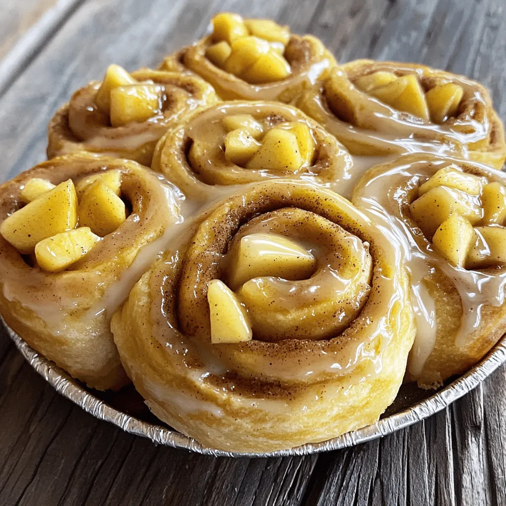 - 2 cups all-purpose flour - 1/2 cup warm milk (about 110°F) - 1/4 cup granulated sugar - 1 packet active dry yeast - 2 medium apples (Granny Smith or Honeycrisp) - 1 tablespoon lemon juice - 1/4 cup packed brown sugar - 1 teaspoon ground cinnamon - 1/2 cup powdered sugar - 1-2 teaspoons milk - 1/4 teaspoon vanilla extract When making apple pie cinnamon rolls, you start with the dough. This dough is soft and fluffy. You mix flour, warm milk, and sugar with yeast. This makes a perfect base. The yeast helps it rise well, making it light. For the filling, you need apples. Granny Smith or Honeycrisp apples work best. You peel and dice the apples first. Then, you add lemon juice to keep them fresh. Mixing in brown sugar and cinnamon gives the filling a sweet and spicy kick. Lastly, the topping is simple. You whisk powdered sugar, milk, and vanilla together. The mixture should be smooth. You drizzle this over the warm rolls for a sweet finish. These ingredients create a tasty treat that anyone can make. If you want the full recipe, just check the details. 1. Start by warming the milk in a small bowl. Mix in the sugar and sprinkle the yeast. 2. Let it sit for 5-10 minutes until it bubbles. This shows the yeast is active. 3. In a large bowl, whisk the flour and salt together. 4. In another bowl, mix the melted butter, egg, and vanilla with the yeast mix. 5. Pour the wet mix into the flour. Stir until a soft dough forms. 1. Place the dough on a floured surface. 2. Knead the dough for about 5-7 minutes until it feels smooth. 3. Put it in a greased bowl and cover it. Let it rise for about 1 hour, or until it doubles in size. 1. While the dough rises, prepare the filling. 2. In a bowl, toss the diced apples with lemon juice to keep them fresh. 3. Add brown sugar, cinnamon, and flour. Mix until the apples are coated. 1. Once the dough has risen, roll it out into a rectangle on a floured surface. 2. Spread the apple filling evenly across the dough. 3. Roll the dough from the long side into a log. 4. Cut the log into 12 equal slices and place them in a baking dish with cut sides up. 1. Cover the rolls with a towel and let them rise for another 30 minutes. 2. Preheat your oven to 350°F (175°C). 3. Bake the rolls for 25-30 minutes until golden brown. 1. While the rolls bake, whisk powdered sugar, milk, and vanilla in a bowl. 2. Adjust the milk for your desired topping thickness. Follow these steps for a delightful treat. For the full recipe, check the details above. Enjoy baking! - Use room temperature ingredients for better mixing. Cold eggs or butter can slow down the rise. - Ensure yeast is fresh for proper rising. Old yeast can lead to flat, dense rolls. - Over-kneading or under-kneading the dough. Knead until smooth but don’t go too far. - Not properly measuring ingredients. Use a scale or measuring cups for accuracy. - Serve warm, garnished with apple slices and cinnamon. This adds color and enhances flavor. - A drizzle of the topping makes the rolls look more appealing. It's the perfect finishing touch! With these tips, you can create Apple Pie Cinnamon Rolls that impress. Following these simple guidelines helps ensure your rolls turn out perfect every time! For the full recipe, check out the section above. {{image_4}} You can mix up the filling in your apple pie cinnamon rolls. Try using pears or other fruits for a fresh twist. Pears offer a sweet flavor that pairs well with cinnamon. You can also add nuts, like walnuts or pecans, to give your rolls a crunchy bite. This adds texture and a nice contrast to the soft rolls. Want to add more flavor? Mix in some vanilla or nutmeg with your filling. Both enhance the sweet taste of apples. If you want a richer sweetness, substitute maple syrup for brown sugar. This change gives a warm, cozy flavor that will delight your taste buds. If you need gluten-free options, you can use almond flour instead of all-purpose flour. This will change the texture but still taste great. For those who follow a vegan diet, swap out the butter and milk for plant-based alternatives. These simple changes allow everyone to enjoy these delicious rolls without missing out. For the full recipe, check out the Apple Pie Cinnamon Rolls section. You can store apple pie cinnamon rolls at room temperature for up to three days. To keep them fresh, place the rolls in an airtight container. You can also cover them tightly with plastic wrap. This helps keep the rolls soft and tasty. Just make sure they cool fully before storing them. For longer freshness, you can freeze the rolls. Wrap each roll in plastic wrap, then place them in a freezer-safe bag or container. This way, they can last for up to three months. When you are ready to eat, let them thaw in the fridge overnight. To reheat the cinnamon rolls, take them out of the fridge. Preheat your oven to 350°F (175°C). Place the rolls on a baking sheet and cover them with foil. Heat for about 10 to 15 minutes. This keeps them soft and warm, just like fresh. You can also microwave a roll for 20-30 seconds if you want a quicker option. Enjoy them warm with that sweet topping! Yes, you can prepare the dough early. If you want, you can refrigerate it. Just wrap it in plastic wrap and place it in the fridge for up to 24 hours. When you’re ready, let it sit at room temperature for about 30 minutes before shaping. You can also freeze the dough. Wrap it tightly in plastic, then place it in a freezer bag. It can last for about 3 months. Thaw it overnight in the fridge before using. For the best apple pie rolls, I suggest using Granny Smith or Honeycrisp apples. They have a nice balance of sweet and tart flavors. Their firm texture holds up well during baking. Other good options include Fuji or Braeburn apples. You want apples that will not turn mushy when cooked. You can make the rolls ahead by preparing the dough and filling the night before. After shaping, place the rolls in your baking dish and cover them. Let them rise in the fridge overnight. In the morning, take them out and let them rise for about 30 minutes. Then, bake as directed. This way, you can enjoy fresh rolls in the morning with less effort. Yes, you can use other types of sugar. Brown sugar adds a deeper flavor and a slight caramel taste. You can try coconut sugar or maple sugar as well. Each type will change the taste slightly, but they all work well. Just be aware that using liquid sweeteners like honey will change the dough's texture. If your cinnamon rolls did not rise, there could be a few reasons. First, check the yeast. It might be old or inactive. Make sure to activate it properly with warm milk and sugar. Also, dough needs warmth to rise. If your kitchen is too cold, find a warmer spot. Lastly, avoid over-kneading, which can make the dough tough. If you follow these tips, your rolls should rise well. For the full recipe, check out the detailed instructions above. You learned how easy it is to make apple pie rolls. We covered ingredients, step-by-step instructions, and tips for perfect rolls. Variations offer fun ways to change flavors, and proper storage keeps them fresh. Remember, using fresh ingredients and accurate measurements is key. Don’t hesitate to try different fillings or dietary options. Enjoy baking these delicious treats and share them with loved ones. You’ll impress everyone with your skills!