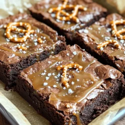 - 1 cup unsalted butter - 1 cup granulated sugar - 1 cup packed brown sugar - 4 large eggs - 1 teaspoon vanilla extract - 1 cup all-purpose flour - 1 cup unsweetened cocoa powder - 1/2 teaspoon salt - 1/2 teaspoon baking powder - 1 cup pretzel pieces (plus extra for topping) - 1 cup salted caramel sauce - Sea salt flakes for garnish For these Salted Caramel Pretzel Brownies, I like to use simple, fresh ingredients. Each one plays a key role in creating the perfect balance of flavors. The unsalted butter gives the brownies a rich taste. The granulated and brown sugars add sweetness and depth. Eggs help bind everything together, making the brownies fudgy. I love using high-quality vanilla extract. It adds warmth to the flavor. The all-purpose flour and cocoa powder create a soft, chocolatey base. The small amounts of salt and baking powder enhance the taste and texture. Pretzels bring a delightful crunch and salty contrast. You can use any pretzel type, but I recommend the classic shape for best results. The salted caramel sauce is the star here, adding a gooey sweetness. You can use store-bought or homemade for this recipe. Finally, sea salt flakes provide a finishing touch. They enhance the flavor and look great on top. - Prep Time: 20 minutes - Cook Time: 25-30 minutes - Total Time: 1 hour - Servings: 12-16 squares This recipe is easy to follow and quick to prepare. In just one hour, you can have 12 to 16 delicious brownie squares. Perfect for sharing with friends or family! Don't forget to check out the Full Recipe for specific instructions. - Preheat your oven to 350°F (175°C). - Prepare a 9x13 inch baking pan with grease and parchment paper. - Melt 1 cup of unsalted butter in a medium saucepan. - Stir in 1 cup of granulated sugar and 1 cup of brown sugar until smooth. - Cool the sugar mixture slightly before adding 4 large eggs. - Incorporate the eggs one at a time, then mix in 1 teaspoon of vanilla extract. - Whisk together 1 cup of all-purpose flour, 1 cup of cocoa powder, 1/2 teaspoon of salt, and 1/2 teaspoon of baking powder. - Gradually stir the dry mixture into the wet ingredients until just combined. - Gently fold in 1 cup of pretzel pieces. - Layer half of the brownie batter in the prepared pan, then drizzle half of the salted caramel sauce over it. - Bake for 25-30 minutes until a toothpick comes out with moist crumbs. - Allow the brownies to cool completely before cutting and garnishing. Following these simple steps will lead you to a sweet treat that’s hard to resist. Enjoy making your salted caramel pretzel brownies! For the full recipe, check the ingredients and instructions above. To get the right texture in your brownies, choose fudgy or cakey. For fudgy brownies, use more fat and less flour. This gives them a rich, moist center. For cakey brownies, add more flour and a little baking powder. This makes them light and fluffy. Do not overmix your batter. Mixing too much adds air, which makes brownies cake-like. Stir until just combined for a dense, fudgy treat. You can add extra chocolate chips or nuts for more flavor. Chocolate chips melt and create gooey pockets. Nuts add crunch and depth. Both choices make your brownies even better. Using homemade salted caramel can elevate your brownies. It is often fresher and has a more robust taste. Store-bought salted caramel is quicker but can be just as good. Choose based on your time and taste. For a great look, serve brownies on a decorative platter. Arrange pretzels around the brownies for fun texture. This adds a rustic touch. Drizzle extra salted caramel over the top. It creates a beautiful shine and enhances flavor. The visual appeal makes them hard to resist. These simple steps will wow your guests! {{image_4}} You can boost these brownies by adding nuts or chocolate. Try using walnuts, pecans, or even hazelnuts for a crunchy bite. Dark, milk, or white chocolate pieces can add a rich twist. Want something different? Experiment with flavored caramel sauces, like vanilla or chocolate. These small changes can create a unique treat each time. For a gluten-free option, swap all-purpose flour with almond or coconut flour. Both work well and taste great. If you're looking for vegan brownies, replace eggs with flaxseed meal or applesauce. Use coconut oil or a vegan butter substitute instead of regular butter. These adjustments keep the spirit of the recipe while catering to dietary needs. Serve these brownies warm with a scoop of vanilla ice cream. The ice cream melts into the warm brownie, creating a delicious blend. Pair these brownies with coffee for a rich dessert experience. They also go well with dessert wines, offering a sweet and salty contrast. Enjoy them in any way you like! For the full recipe, check out the details above. To keep your salted caramel pretzel brownies fresh, pack them well. Use an airtight container. Place parchment paper between layers to prevent sticking. Store in the fridge for up to one week. For longer storage, freeze them. Wrap brownies tightly in plastic wrap, then place them in a freezer bag. They can last up to three months in the freezer. To enjoy your brownies warm, heat them in the oven. Preheat your oven to 350°F. Place brownies on a baking sheet for about 10 minutes. You can also microwave them for about 15-20 seconds. This keeps them soft and gooey. Just be careful not to overheat, or they may become tough. Enjoy the warm, melted caramel and chocolate flavors! Salted caramel brownies stand out due to their rich flavors and textures. The deep chocolate taste combines with sweet and salty caramel. The pretzels add a crunchy bite, creating a fun contrast. This mix of smooth, creamy, and crunchy is what makes each bite exciting. You get sweetness from the caramel, saltiness from the pretzels, and fudgy goodness from the brownies. It’s a delightful treat that satisfies many cravings at once. Yes, you can make these brownies ahead of time. Bake them a day or two early. After cooling, wrap them tightly in plastic wrap. Store them at room temperature for a couple of days. If you want to keep them longer, freeze them. Just slice them first for easy serving later. When you're ready to enjoy, let them thaw at room temperature. This way, they stay fresh and tasty, ready for any occasion. To check if your brownies are done, look for a few key signs. When you insert a toothpick in the center, it should come out with moist crumbs, not wet batter. The edges will pull away slightly from the pan, and the top will look set and shiny. If you see cracks on the surface, that's a good sign too. Remember, overbaking can make them dry, so keep an eye on them as they bake. Absolutely! You can use various pretzel types to mix things up. Try different shapes, like pretzel sticks or rounds. You can also choose pretzels with different flavors, like cheese or chocolate-covered. The key is to keep the amount similar to one cup. This way, you will still get that crunch and salty flavor boost in your brownies. If you don’t have salted caramel sauce, don’t worry! You can make your own easily. Simply melt sugar in a pan until it turns golden. Then add butter and cream, whisking until smooth. For a quick fix, use store-bought caramel sauce and mix in a pinch of sea salt. This will give you that sweet and salty flavor without any hassle. For the full recipe, check out [Full Recipe]. In summary, you now have a clear guide to making salted caramel brownies. We covered ingredients, preparation, baking, and storage. The right methods ensure a rich texture and flavor. You can experiment with variations to make these treats your own. Enjoy serving them warm or with a scoop of ice cream. These brownies are sure to impress your friends and family!