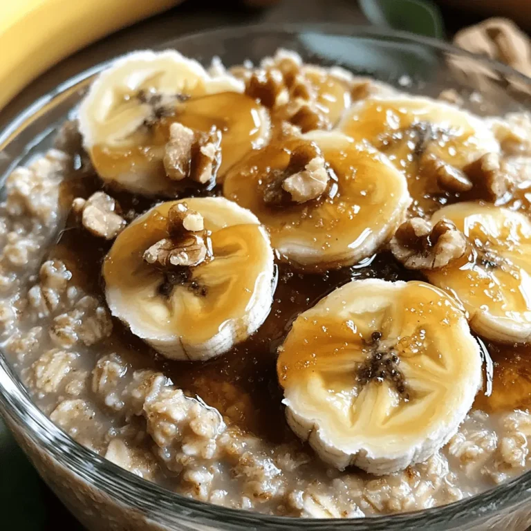 To make the perfect Caramelized Banana Oatmeal, gather these simple ingredients: - 1 cup rolled oats - 2 cups almond milk (or any milk of your choice) - 2 ripe bananas, sliced into rounds - 3 tablespoons brown sugar - 1 tablespoon unsalted butter - 1 teaspoon pure vanilla extract - 1/2 teaspoon ground cinnamon - A pinch of salt - Chopped walnuts or pecans (for a delightful garnish) - Fresh banana slices (for an extra touch of freshness) Each ingredient plays a key role in building flavor and texture. The rolled oats give a hearty base. Almond milk makes it creamy. Ripe bananas bring natural sweetness and richness. Brown sugar helps caramelize the bananas, creating a rich syrup. Butter adds a smooth finish. Vanilla and cinnamon enhance the flavors. A pinch of salt balances the sweetness. For garnish, the nuts add crunch, while fresh banana slices lend brightness. This mix makes for a delicious and wholesome bowl. You can find the complete recipe under the title Full Recipe. 1. Start by pouring 2 cups of almond milk into a medium saucepan. Set it over medium heat. 2. Watch the milk carefully until it simmers. Do not let it boil. 3. Once the milk is gently simmering, add 1 cup of rolled oats and a pinch of salt. 4. Stir well to mix everything. Reduce the heat to low. 5. Allow the oatmeal to cook for about 5-7 minutes. Stir it occasionally. The oats should become creamy and tender. 1. While the oatmeal cooks, grab a non-stick skillet and heat it over medium heat. 2. Add 1 tablespoon of unsalted butter and let it melt completely. 3. Once melted, gently place 2 sliced bananas into the skillet. 4. Sprinkle 3 tablespoons of brown sugar over the bananas. 5. Cook for about 2-3 minutes. Turn the bananas halfway through. They should turn a nice golden brown. 1. After your oatmeal is creamy and ready, remove it from the heat. 2. Stir in 1 teaspoon of pure vanilla extract and 1/2 teaspoon of ground cinnamon. 3. To serve, divide the oatmeal into bowls. 4. Top each bowl with the warm caramelized bananas and their syrup. 5. For extra crunch, sprinkle some chopped walnuts or pecans on top. 6. Add a few fresh banana slices for a nice touch. Enjoy your delicious bowl of caramelized banana oatmeal! You can find the full recipe for more details. To get a creamy oatmeal, use almond milk. This milk adds a nice flavor. You can also mix in a little butter for extra creaminess. Cook the oatmeal on low heat. This slow method helps it soften well. If you like your oatmeal thicker, cook it a bit longer. Watch it closely to avoid burning. For the best caramelized bananas, cut them into even slices. This helps them cook evenly. Heat your skillet on medium. Add butter until it is melted, then add the bananas. Sprinkle brown sugar over them but don’t pour too much. Turn the bananas gently halfway through. This way, they get a nice golden color without burning. You can add spices to boost flavor. A little nutmeg or ginger can be fun. You might also try adding a splash of maple syrup. For toppings, chopped walnuts or pecans add crunch. Fresh banana slices on top give a nice look and taste. If you want, drizzle some honey for extra sweetness. For the complete guide to making this delicious dish, check out the Full Recipe. {{image_4}} You can change the milk in this recipe to suit your taste. Almond milk works great, but you can also try: - Coconut milk - Soy milk - Oat milk - Cow's milk Each milk brings a unique flavor. Coconut milk adds a rich, tropical twist. Soy milk makes it creamier, while oat milk gives a smooth texture. Use what you like best! You can easily switch up the flavors in your oatmeal. Here are some fun ideas: - Add chocolate chips for a sweet touch. - Mix in peanut butter for creaminess and protein. - Toss in other fruits like berries or apples. These additions can make each bowl different. Get creative and find what you love most! If you need special diets, this recipe can fit your needs. Here are some options: - Use gluten-free oats for a gluten-free dish. - Swap butter for coconut oil to keep it vegan. - Choose maple syrup instead of brown sugar for a vegan sweetener. These changes help you enjoy caramelized banana oatmeal while sticking to your diet. To store leftovers, let the oatmeal cool down first. Once it's cool, pour it into an airtight container. You can keep it in the fridge for up to three days. Make sure to seal it tightly to keep it fresh. When you want to enjoy your oatmeal again, there are a few good ways to reheat it. The best method is to use the microwave. Just place the oatmeal in a microwave-safe bowl. Heat it for 30 seconds, then stir. If it is too thick, you can add a splash of almond milk. Heat it again until warm. You can also reheat it on the stove. Place it in a saucepan over low heat, stirring often. Yes, you can freeze caramelized banana oatmeal! First, let it cool completely. Spoon it into freezer-safe containers. Leave some space at the top, as it will expand when frozen. It can last up to three months in the freezer. When you’re ready to eat it, thaw it in the fridge overnight before reheating. Enjoy your delicious bowl anytime! For the full recipe, check out the Caramelized Banana Oatmeal Delight. Caramelized banana oatmeal lasts about 3 to 5 days in the fridge. Store it in a sealed container. The bananas may brown, but the taste stays good. Just reheat in the microwave when you want to eat it again. Yes, you can use steel-cut oats. However, they take longer to cook. You will need about 25 to 30 minutes to get them tender. Adjust the liquid amount too, as they absorb more. If you don’t have brown sugar, you can use white sugar mixed with a bit of molasses. Honey or maple syrup also works well. Just adjust the amount to keep the sweetness you like. Yes, this recipe is great for meal prep! You can make a big batch and store it. Just divide it into portions. Caramelized bananas can be added fresh later for the best taste. In this post, I covered a delicious caramelized banana oatmeal recipe. We explored all the key ingredients and step-by-step instructions. You learned how to achieve a creamy texture and enhance flavor. I offered variations and storage tips to suit your needs. Enjoying this recipe can make your mornings better. Simple steps bring joy and flavor to your breakfast. Try it out and feel the warmth of a homemade meal.
