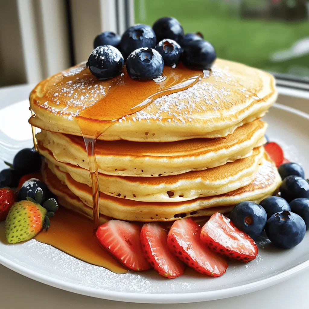 To make the best fluffy pancakes, you'll need a few simple ingredients. Each one plays a key role in creating that perfect, airy texture. Here’s what you need: - 1 cup all-purpose flour - 2 tablespoons granulated sugar - 1 tablespoon baking powder - 1/2 teaspoon fine sea salt - 1 large egg, at room temperature - 1 cup buttermilk (or milk with vinegar) - 2 tablespoons unsalted butter, melted - 1 teaspoon pure vanilla extract - Additional butter or oil for the skillet Using the right ingredients is vital. The flour gives structure, while baking powder adds lift. The buttermilk keeps the pancakes moist and tender. Don't skip the vanilla; it adds a lovely flavor that enhances every bite. For a twist, you can experiment with different milks or even add a hint of cinnamon. Each ingredient brings something special, making these pancakes a reliable choice for a delightful breakfast. For the full method, check out the Full Recipe to ensure each step brings you closer to pancake perfection. First, grab a large mixing bowl. In this bowl, combine the following dry ingredients: - 1 cup all-purpose flour - 2 tablespoons granulated sugar - 1 tablespoon baking powder - 1/2 teaspoon fine sea salt Use a whisk to mix the flour, sugar, baking powder, and salt. Make sure there are no lumps in the dry mix. This step is key to getting light and fluffy pancakes. Now, take a medium bowl. Crack one large egg into it and whisk it well. Next, add: - 1 cup buttermilk (or milk with vinegar) - 2 tablespoons melted unsalted butter - 1 teaspoon pure vanilla extract Mix these wet ingredients until smooth. It should look creamy and well combined. This blend gives flavor and moisture to your pancakes. Next, you will combine the wet and dry ingredients. Gradually pour the wet mix into the dry mix. Use a spatula to fold them together gently. Be careful not to over-mix; it's okay to have a few lumps in the batter. This keeps your pancakes fluffy. Preheat your non-stick skillet over medium heat. Once it’s hot, add a small pat of butter or a drizzle of oil. Tilt the skillet to coat it evenly. For each pancake, pour about 1/4 cup of batter onto the skillet. Let them cook undisturbed for 2-3 minutes until bubbles form on the surface. When you see bubbles, flip the pancakes. Cook for another 1-2 minutes until they are golden brown. Continue this process for the remaining batter, adding more butter or oil to the skillet as needed. Your pancakes are ready to serve! For the full recipe, refer to the earlier section. To make your pancakes fluffy, do not over-mix the batter. When you mix too much, the gluten in the flour tightens. This leads to dense pancakes. You want a few lumps left in the batter. They help keep the pancakes light and airy. Using room temperature ingredients is also key. Cold eggs or buttermilk can cool down the batter. This may affect cooking times and fluffiness. Allow your ingredients to sit out for about 30 minutes before using them. The skillet temperature is very important. Heat your skillet to medium. A hot skillet makes the pancakes puff up nicely. If it’s too hot, the outside burns while the inside stays raw. Use the right amount of batter for each pancake. Pour about 1/4 cup of batter onto the skillet. This size cooks evenly and makes a perfect pancake. If you pour too much, they can spread out and lose their shape. For a stunning pancake stack, use a wide plate. Start with one pancake and build up layers. Drizzle warm syrup over the top. This adds a nice shine. Adding fruits can boost both flavor and color. Use blueberries, strawberries, or slices of banana. A light dusting of powdered sugar on top makes it look fancy. Presentation matters, as it makes your pancakes even more inviting. Enjoy your delicious creation! {{image_4}} You can easily boost your pancake flavor with fun additions. Adding chocolate chips or blueberries to the batter makes them extra special. Just fold in about 1/2 cup of these goodies after mixing the batter. This little step turns a classic pancake into a treat that everyone loves! You can make your pancakes a bit healthier without losing taste. Swap out regular flour for whole wheat flour. This change gives you more fiber and nutrients. You can also use sugar substitutes like honey or maple syrup. For a dairy-free option, try almond or oat milk instead of buttermilk. These swaps keep your pancakes soft and tasty. Feeling adventurous? Make savory pancakes using herbs and cheese. Add fresh chives, spinach, or even feta cheese to the mix. This twist gives a whole new flavor to your morning meal. Savory pancakes are great for lunch or dinner too! They pair well with a fresh salad or soup. Try these variations to find your favorite way to enjoy pancakes. For the full recipe, check out the Ultimate Fluffy Pancake Recipe! To keep your pancakes fresh, store them in the fridge. Place them in an airtight container. If you stack pancakes, place parchment paper between them. This step prevents sticking. Use them within three days for the best taste. When reheating pancakes, keep them fluffy. Use a microwave for quick results. Heat them for 20-30 seconds. Check if they are warm enough. If not, heat in 10-second bursts. You can also use a skillet. Warm it on low heat, then add pancakes. Flip them after 1-2 minutes until hot. Freezing pancakes is easy and great for quick meals. First, let them cool completely. Then, stack them with parchment paper in between. Wrap the stack in plastic wrap. Place it in a freezer bag and seal tightly. To thaw, leave them in the fridge overnight. You can also reheat them straight from the freezer. Just add a minute or two to your microwave or skillet time. The secret lies in a few key factors. First, use fresh baking powder. It gives your pancakes the lift they need. Next, don’t over-mix the batter. A few lumps are okay. This helps keep them light. Also, use room temperature ingredients. They blend better and create a smoother batter. Lastly, let the batter rest for about 5 minutes. This allows the flour to hydrate, which makes the pancakes fluffier. Yes, you can! You can make the batter and store it in the fridge. Just keep it in a sealed container. It’s best to use it within 24 hours. After that, the batter may lose its fluffiness. When you’re ready to cook, stir the batter gently. If it seems too thick, add a splash of milk. This will help restore the right consistency. There are so many tasty options! Here are a few ideas: - Maple syrup for that classic touch. - Fresh fruits like strawberries, blueberries, or banana slices. - Whipped cream for a rich and creamy addition. - Nut butter or chocolate spread for a sweet twist. - A sprinkle of powdered sugar for extra sweetness. - Bacon or sausage on the side for a savory contrast. You can mix and match these toppings to find your favorite combination! You learned how to make fluffy pancakes from scratch. We covered ingredients, step-by-step instructions, and cooking tips. You can enhance your pancakes with fun flavors or make them healthier too. Storing pancakes is easy, and reheating them keeps their fluffiness. Remember, the secret to perfect pancakes is in the mixing. With practice, you’ll master this simple dish and wow your family or friends. Enjoy your delicious results and share them with others!