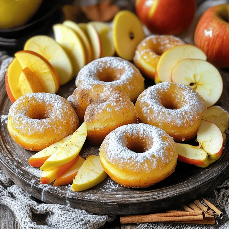 Making spiced apple cider donuts is simple and fun. Here’s what you need: - 2 cups apple cider - 2 cups all-purpose flour - 1 teaspoon baking powder - 1 teaspoon baking soda - 1 teaspoon ground cinnamon - 1/2 teaspoon ground nutmeg - 1/4 teaspoon ground ginger - 1/2 teaspoon salt - 3/4 cup granulated sugar - 1/3 cup unsalted butter, melted - 2 large eggs - 1 teaspoon vanilla extract - 1/2 cup powdered sugar (for dusting) These ingredients blend together to create a warm, spiced flavor that screams fall. Apple cider gives these donuts a unique taste. The spices bring warmth and comfort, making each bite a treat. You can find most of these ingredients in your pantry. The apple cider is the star here, so choose a good quality one. Fresh cider makes a big difference in flavor. If you follow the full recipe, you’ll have 12 delicious donuts ready to enjoy. Each ingredient plays a role in creating that perfect fall dessert. Get ready to impress your family with this delightful treat! To start, take 2 cups of apple cider. Pour it into a medium saucepan. Bring the cider to a rolling boil over medium heat. Once it boils, reduce the heat to low. Let it simmer gently for about 15 to 20 minutes. Stir it occasionally. The goal is to reduce the cider to 1 cup. This intensifies the flavor. After reducing, remove it from heat and let it cool to room temperature. While your cider cools, preheat your oven to 350°F (175°C). Next, prepare a donut pan by greasing it lightly. In a large bowl, combine the dry ingredients: 2 cups of all-purpose flour, 1 teaspoon of baking powder, 1 teaspoon of baking soda, 1 teaspoon of ground cinnamon, 1/2 teaspoon of ground nutmeg, 1/4 teaspoon of ground ginger, and 1/2 teaspoon of salt. Whisk these ingredients together until they blend well. In a separate bowl, whisk together the cooled apple cider, 1/3 cup of melted unsalted butter, 3/4 cup of granulated sugar, 2 large eggs, and 1 teaspoon of vanilla extract. Blend these wet ingredients until smooth. Now, gently add the dry ingredients to the wet mixture. Stir with a spatula until just combined. Be careful not to overmix; some lumps are okay. Next, fill each cavity of the donut pan about two-thirds full with the batter. You can use a piping bag or a ziplock bag with the corner cut off for easy filling. Place the donut pan in the oven. Bake for 10 to 12 minutes. Check for doneness by inserting a toothpick into a donut. If it comes out clean, the donuts are ready. After baking, remove the pan from the oven. Let the donuts cool in the pan for 5 minutes. Then, transfer them to a wire rack to cool completely. Once the donuts cool, dust them with powdered sugar using a fine-mesh sieve. This adds a sweet touch to each bite. For the full recipe, refer to the earlier section. - Overmixing the batter: This is a key mistake. If you mix too much, your donuts may turn out dense. Mix just until combined. Remember, a few lumps are okay! - Incorrect oven temperature: Always check your oven's heat. An oven that's too hot can burn the donuts, while one that's too cool can leave them raw. Use an oven thermometer for best results. - Recommended donut pan: A non-stick donut pan works best. It helps the donuts pop out easily without sticking. - Useful mixing bowls and whisk: Use large mixing bowls to give yourself room to stir. A sturdy whisk helps mix dry and wet ingredients well. - Adding spices or extracts: You can boost the flavor by adding more spices, like cloves or allspice. A splash of maple or almond extract adds a nice twist too. - Using fresh apples for garnish: Sliced fresh apples make a lovely garnish. They add color and a fresh taste that complements the sweetness of the donuts. For more details, check the Full Recipe. {{image_4}} To make gluten-free spiced apple cider donuts, swap all-purpose flour for a blend of gluten-free flour. Look for a blend that includes xanthan gum. This will help give your donuts a good texture. You might need to adjust the liquid in the recipe. Gluten-free flours can absorb more moisture, so keep an eye on the batter. To create a vegan version, replace the eggs with flax eggs. Mix one tablespoon of flaxseed meal with three tablespoons of water for each egg. For the butter, use melted coconut oil or vegan butter. You can also use almond milk or oat milk instead of dairy milk. Top your donuts with dairy-free options like coconut whipped cream or dark chocolate glaze. Get creative with your flavors! Try adding cardamom or allspice for a warm kick. You can also mix in chocolate chips or a swirl of caramel for a sweet surprise. These twists can make each batch of donuts unique. Experimenting in the kitchen is part of the fun! For the full recipe, check out the details above. To keep your spiced apple cider donuts fresh, place them in an airtight container. This method helps maintain their soft texture. You can also layer the donuts with parchment paper to prevent sticking. Store them at room temperature for up to two days. If you want them to last longer, move them to the fridge. They will stay fresh for about a week there. To freeze your donuts, first let them cool completely. Then, wrap each donut tightly in plastic wrap. Place the wrapped donuts inside a freezer-safe bag. This will help prevent freezer burn. You can freeze them for up to three months. When you are ready to enjoy a donut, take it out of the freezer. Remove the wrap and place it on a microwave-safe plate. Heat the donut for about 15-20 seconds. This will warm it up and restore some of its soft texture. Enjoy your treat warm for the best flavor. For a crispier texture, you can reheat them in an oven at 350°F (175°C) for about 5 minutes. To make your donuts fluffier, adjust the baking powder and egg ratios. Use a bit more baking powder for rise and add an extra egg for moisture. This change helps create a light texture. Be sure to mix gently to avoid tough donuts. Yes, you can use apple juice, but it changes the flavor. Apple cider has a richer taste. If you use juice, add a pinch of cinnamon for extra flavor. Adjust the cooking time slightly since juice is thinner than cider. You can find Spiced Apple Cider Donuts at local bakeries, especially in fall. Check farmers' markets too; they often have fresh, homemade treats. Some grocery stores sell them, especially during harvest season. Instead of powdered sugar, try using cinnamon sugar or cocoa powder. You can mix granulated sugar with cinnamon for a tasty twist. For a healthier option, use a light sprinkle of crushed nuts or shredded coconut. This blog post covered the key steps to make delicious spiced apple cider donuts. We discussed the right ingredients, mixing methods, and baking tips. Remember, avoid overmixing your batter for the best texture. Don’t be afraid to try the gluten-free or vegan options for everyone to enjoy. Store your leftovers properly or freeze them for later. With these tips, you can create a delightful treat that warms the heart. Now, gather your ingredients and get baking!