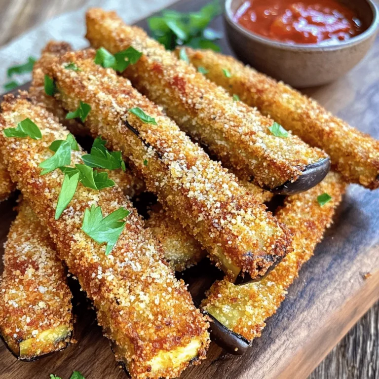 Here’s what you need to make crispy air fryer eggplant fries. Gather these simple ingredients: - 1 medium eggplant, sliced into thin fry shapes - 1 cup panko breadcrumbs - 1/2 cup grated Parmesan cheese or nutritional yeast - 1 teaspoon garlic powder - 1 teaspoon onion powder - 1 teaspoon smoked paprika - Salt and black pepper to taste - 2 large eggs, beaten - 1 tablespoon olive oil - Fresh parsley for garnish (optional) These ingredients bring together the perfect blend of flavors. The eggplant gives a nice texture, while the panko breadcrumbs add crunch. Parmesan cheese or nutritional yeast offers a savory touch. Garlic and onion powder, along with smoked paprika, give depth to the taste. Using fresh parsley as a garnish makes the dish look appealing. It adds color and a hint of freshness. You can also switch things up based on your taste. For a spicy kick, add some cayenne pepper or chili powder. Remember, quality ingredients make a big difference. Choose firm eggplants with smooth skin. This ensures your fries are tasty and won't turn mushy. For the full recipe, check out the detailed instructions to create these delicious snacks! To start, wash your eggplant well. Cut off the ends and slice it into thin fry shapes, about 1/4 inch thick. This size helps them cook evenly. Next, set up your breading station. You need three bowls: one for flour, one for eggs, and one for the breadcrumb mix. In the first bowl, you can add flour. This helps the egg stick better. In the second bowl, beat the eggs until smooth. In the third bowl, mix panko breadcrumbs with Parmesan cheese, garlic powder, onion powder, smoked paprika, salt, and pepper. Stir this mix well to combine all the flavors. When breading, take each eggplant fry and dust it lightly in flour first. This step makes the egg stick. After that, dip the fry into the beaten eggs. Let any extra egg drip off. Finally, roll the fry in the breadcrumb mix. Press gently to make sure the crumbs stick well. Now it’s time to cook! Preheat your air fryer to 400°F (200°C). This usually takes about 5 minutes. Once it's hot, arrange the breaded eggplant fries in a single layer in the air fryer basket. Drizzle olive oil over the fries for extra crispiness. Air fry the eggplant fries for about 10 to 12 minutes. At the halfway mark, shake the basket to help them brown evenly. Once done, they should look golden brown and crunchy. Carefully take them out and let them cool a bit. Serve them with your favorite dip for a tasty treat. For the full recipe, check the earlier section. To make your eggplant fries crispy, use panko breadcrumbs. Panko is lighter and flakier than regular breadcrumbs. This gives your fries that nice crunch. When you coat the fries, press the breadcrumbs on well. This helps them stick and create a crispy layer. Olive oil is key for crispiness too. Drizzle it over the coated fries before air frying. This will help them brown and crisp up nicely. Use just enough to coat, but not too much. A light touch works best! One common mistake is overcrowding the air fryer basket. If you pack in too many fries, they won’t get crispy. Fry them in batches if needed. Give each fry space to cook evenly. Another mistake is skipping the flour dusting step. Dusting the eggplant in flour helps the egg mixture stick. It creates a better base for the breadcrumbs. Don’t skip this step if you want great results! For dipping, I suggest marinara or ranch. Both go perfectly with these fries. You could also try a spicy aioli for a kick. These sauces add flavor and fun to your snack. To present the fries, arrange them on a bright plate. Use fresh parsley as a garnish. This adds color and makes the dish look inviting. You can also serve them in a small basket for a fun touch. {{image_4}} You can spice up your eggplant fries with fun seasonings. Try adding cayenne pepper for heat. Italian herbs like oregano and basil make a lovely blend too. If you want a cheesy twist, swap the Parmesan for a different cheese. Nutritional yeast is a fantastic vegan option, giving a nutty flavor. Experimenting with flavors keeps your fries exciting! Eggplant isn’t the only veggie that shines in the air fryer. Zucchini makes a great substitute. Slice it into sticks, just like the eggplant. Sweet potatoes also work well and add a sweet touch. Remember to adjust cooking times, as these veggies may need more or less time than eggplant. Keep an eye on them to get the perfect fry. If you want a gluten-free option, use gluten-free breadcrumbs or almond flour. These substitutes still give great texture. For a low-calorie version, you can skip the cheese or reduce the amount used. You can also bake the fries instead of air frying them if you prefer. This way, you can enjoy a lighter snack without losing the flavor. To store cooked eggplant fries, let them cool first. Place them in an airtight container. Keep them in the fridge for up to three days. This method helps keep them fresh. Avoid stacking the fries to prevent them from getting soggy. To reheat your eggplant fries and keep them crispy, use the air fryer. Set it to 350°F (175°C). Heat for about 5 to 7 minutes. This method brings back their crunchiness. You can also use an oven, but it may take longer. Microwave is not recommended as it makes them soft. Yes, you can freeze eggplant fries! First, let them cool completely. Arrange them in a single layer on a baking sheet. Freeze them for about an hour until firm. After that, transfer the fries to a freezer bag. Remove as much air as possible before sealing. To thaw, place them in the fridge overnight before reheating. To make eggplant fries crispy, start by slicing the eggplant thin. A thin slice helps with even cooking. Dust the slices lightly with flour. Next, dip them in beaten eggs for moisture. Then coat them with panko breadcrumbs. Panko gives a crunch that regular breadcrumbs do not. Air fry them at 400°F for about 10 to 12 minutes. Don’t forget to shake the basket halfway through. This ensures they cook evenly and remain crispy. Yes, you can use regular breadcrumbs instead of panko. However, panko gives a better crunch. Regular breadcrumbs may not provide that extra texture you want. If you use them, try to toast them lightly first. This can enhance their crunchiness. Several sauces go well with crispy eggplant fries. You can try marinara for a classic taste. Ranch dressing adds a creamy element. For something unique, try a spicy aioli or garlic sauce. Each option adds a different twist to your snack. Eggplant fries can be a healthy snack. Eggplants are low in calories and high in fiber. They provide vitamins and antioxidants too. When air-fried, you use less oil than deep-frying. This keeps the fries lighter. Just be mindful of the cheese and breadcrumbs in the recipe. They add flavor but also calories. Leftover eggplant fries last about 3 to 4 days in the fridge. Store them in an airtight container to keep them fresh. To reheat, use an air fryer or oven to maintain their crispiness. Microwaving can make them soggy, so avoid that method. In this blog post, I shared how to make crispy eggplant fries in an air fryer. You learned the key ingredients, simple steps, and valuable tips for perfecting this dish. I highlighted variations and storage options to keep your fries fresh. Try these methods to bring new life to your meals. Enjoy your cooking journey with these easy, tasty fries!