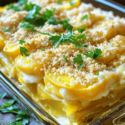 - 4 cups yellow squash - 1 cup onion - 2 cloves garlic - 1 cup sharp cheddar cheese - ½ cup heavy cream The main ingredients for Cheddar Squash Casserole are simple yet full of flavor. The yellow squash brings a mild sweetness and soft texture. I like to slice it into 1/4-inch rounds for even cooking. Onion and garlic add depth and aroma. Sharp cheddar cheese gives the dish a rich, tangy flavor. Heavy cream adds creaminess to blend all the ingredients well. Each bite is a delicious mix of tastes and textures. - Breadcrumbs (gluten-free options) - Different types of cheese - Seasoning alternatives You can easily change the casserole to fit your taste. If you need gluten-free options, use gluten-free breadcrumbs. You can also swap in different cheeses, like mozzarella or gouda, for a new twist. If you want to add more flavor, think about using herbs like rosemary or basil. This flexibility makes the dish fun and unique for everyone. - Fresh parsley Garnishing with fresh parsley adds a pop of color and freshness. I love to sprinkle it on top just before serving. It makes the dish look appealing and brightens the flavors. You can also try other herbs like thyme or chives for a different touch. This small step makes a big difference in the final presentation. For a complete guide, check out the Full Recipe. First, preheat your oven to 350°F (175°C). This helps your casserole cook evenly. Next, take a 9x13-inch baking dish and lightly grease it with olive oil. Use about one tablespoon to coat the bottom and sides. This step is key to keep your casserole from sticking. Now, let's cook the veggies. In a large skillet, heat the remaining tablespoon of olive oil over medium heat. When the oil shimmers, add the diced onion and minced garlic. Sauté them for about five minutes. You want the onions to become soft and fragrant. Keep stirring to avoid burning. After that, add the sliced yellow squash to the skillet. Toss everything well. Cook for another 10 to 12 minutes, stirring occasionally. You want the squash to be tender and just starting to turn golden. This adds a nice depth of flavor. In a large mixing bowl, combine the cooked squash mixture with the following ingredients: - 1 cup sharp cheddar cheese, shredded - 1 cup breadcrumbs - ½ cup heavy cream - 2 large eggs, beaten - 1 teaspoon salt - ½ teaspoon freshly ground black pepper - 1 teaspoon dried thyme Mix everything well. This ensures every bite is packed with flavor. Once mixed, pour the mixture into the prepared baking dish. Spread it evenly with a spatula. Finally, sprinkle ½ cup grated Parmesan cheese on top. This creates a crispy layer when baked. Your casserole is now ready for the oven. Bake for 25 to 30 minutes. Look for a golden brown top and bubbly edges. Enjoy your flavorful family favorite! For the full recipe, refer to the earlier section. To ensure that your squash is tender, cut it into 1/4-inch rounds. This size allows for even cooking. Sauté the squash until it is slightly golden. This adds a nice depth of flavor. Use medium heat for perfect cooking. Stir often to avoid burning. Mixing evenly is crucial. When you combine your ingredients, make sure everything gets coated well. This helps all the flavors blend. If you don’t mix enough, some bites may taste bland. Take your time to fold in the cheese, cream, and eggs. A good mix makes a big difference. For a lovely presentation, serve the casserole in the baking dish. It gives a warm, homey feel. If you prefer, spoon portions onto plates. Garnish with fresh parsley for a pop of color. This small touch makes your dish look gourmet. As for side dishes, consider a simple green salad. It adds freshness and crunch. You can also serve crusty bread for dipping. This combo pairs well with the creamy casserole. One common mistake is overcooking the squash. If it gets too soft, it loses texture. Keep an eye on it while sautéing. You want it tender but not mushy. Another mistake is not mixing your ingredients thoroughly. If you skip this step, some parts of the casserole may be dry. Make sure to blend everything well. A good mix ensures a tasty and cohesive dish. For the full recipe and steps, click [Full Recipe]. {{image_4}} You can swap out the cheddar for many other cheeses. Try mozzarella for a mild taste. Feta adds a salty kick. Goat cheese gives a tangy twist. Each cheese shifts the flavor. It keeps your casserole new and exciting. Want to make it heartier? Add protein. Ground turkey or chicken works well. You can also use cooked sausage for a savory punch. If you prefer plant-based, black beans or chickpeas are great options. They add texture and nutrients. Using seasonal veggies makes this dish shine. In summer, add fresh zucchini or bell peppers. Fall brings sweet potatoes and kale. Winter calls for hearty root vegetables. Each season, the casserole can taste different and delightful. For more tips and a complete recipe, check the Full Recipe above. After baking, let the casserole cool for about 5 to 10 minutes. This helps it set and makes serving easier. Once cooled, cover it with plastic wrap or aluminum foil. Keep it in the fridge if you plan to eat it within a few days. Proper cooling avoids sogginess and keeps flavors fresh. To reheat the casserole, use the oven for the best results. Preheat to 350°F (175°C). Place the casserole in an oven-safe dish and cover it with foil. Heat for about 20 to 25 minutes. This method helps keep the texture creamy and the top crispy. You can also use the microwave, but the oven gives better results. If you want to save some for later, freezing is a great option. First, let the casserole cool completely. Then, cut it into portions for easy heating later. Wrap each piece tightly with plastic wrap and then aluminum foil. Store them in the freezer. When you're ready to eat, thaw in the fridge overnight and reheat in the oven. This way, you can enjoy a tasty meal anytime! For the full recipe, check out the earlier section. Cheddar Squash Casserole lasts about four to five days in the fridge. To keep it fresh, store it in an airtight container. This way, it stays moist and tasty. If you notice any strange smells or colors, it's best to throw it out. When reheating, make sure it's hot all the way through. This ensures you enjoy every bite like the first time. Yes, you can make Cheddar Squash Casserole ahead of time! Prep it up to one day in advance. After mixing all the ingredients, cover it tightly and place it in the fridge. When you are ready to bake, just pop it in the oven. This makes dinner easy on busy days. It can save you time while still serving a delicious meal. Yes, it can be gluten-free. Just use gluten-free breadcrumbs instead of regular ones. This small swap keeps the flavor and texture the same. Always check the labels of other ingredients too. Some may contain gluten, so it’s good to be safe. With these simple changes, everyone at your table can enjoy it. Cheddar Squash Casserole pairs well with many sides. Here are a few ideas: - A fresh garden salad - Steamed green beans - Roasted carrots - Garlic bread These sides add a nice crunch and balance to the meal. They also make the plate look colorful and inviting. Enjoy mixing and matching to find your favorites! Cheddar Squash Casserole combines fresh squash, cheese, and spices into a tasty dish. You learned how to prepare the casserole, from cooking squash to mixing ingredients. I shared tips for the best texture and flavor. Remember to avoid common mistakes while cooking. You can change up ingredients and store leftovers easily. This dish can fit many diets, making it a great choice for all. Get creative with your version! Enjoy making and sharing this casserole with friends and family.