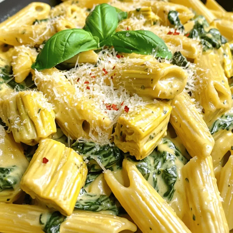 This dish is all about rich flavors and simple prep. Here’s what you need: - 12 oz pasta (fettuccine, penne, or rotini) - 1 tablespoon olive oil - 3 cloves garlic, finely minced - 1 cup fresh spinach, roughly chopped - 1 can (14 oz) artichoke hearts, well-drained and chopped - 1 cup cream cheese, softened - 1 cup heavy cream - ½ cup grated Parmesan cheese - 1 teaspoon garlic powder - ½ teaspoon red pepper flakes (optional) - Salt and freshly ground black pepper to taste - Fresh basil leaves for garnish Gather these ingredients for a creamy spinach and artichoke pasta that anyone can make. You’ll love how the fresh spinach and artichokes mix with the creamy sauce. Using quality ingredients makes all the difference in flavor. Check out the Full Recipe for Creamy Spinach and Artichoke Pasta Delight for step-by-step guidance! Start by boiling water in a big pot. Add salt to the water. Once it boils, add 12 oz of your favorite pasta. Cook it until it's al dente, following the package directions. This usually takes about 8 to 10 minutes. Drain the pasta and save a small cup of the water. Set the pasta aside while you prepare the rest. Grab a large skillet and heat 1 tablespoon of olive oil over medium heat. When the oil is hot, add 3 minced garlic cloves. Sauté for about 1 minute. You want the garlic to smell good but not turn brown. Next, toss in 1 cup of roughly chopped fresh spinach. Cook this for 2 to 3 minutes. Wait until the spinach wilts. Then, add 1 can of chopped artichoke hearts. Cook for 2 more minutes, stirring often. Now, lower the heat and add 1 cup of softened cream cheese to the skillet. Stir until it melts and blends well with the veggies. Slowly pour in 1 cup of heavy cream while mixing it in. This makes your sauce smooth and rich. Next, sprinkle in ½ cup of grated Parmesan cheese, 1 teaspoon of garlic powder, and ½ teaspoon of red pepper flakes if you want some heat. Stir everything well. If the sauce is too thick, add a bit of the reserved pasta water. Carefully fold the cooked pasta into the creamy sauce. Use tongs or a big spoon to mix it gently. Ensure every piece of pasta gets coated in that delicious sauce. Heat everything together for about 2 minutes. This step warms up the pasta and blends the flavors nicely. Once everything is well combined, it's time to serve! Spoon the creamy spinach and artichoke pasta into bowls or plates. Add fresh basil leaves on top for a nice touch. The bright color and aroma will make your dish stand out. Enjoy your meal with a smile! Cooking pasta just right is key. Al dente means "to the tooth," or soft but firm. Use a large pot with plenty of salted water. Bring it to a boil before adding your chosen pasta. Follow the package time closely. Test the pasta a minute early. It should be tender but still have a slight bite. Drain it and save some water for later. The secret to a creamy sauce lies in the pasta water. After boiling, save a ladle of this starchy water. If your sauce is too thick, add a bit of this water. It helps blend the flavors and makes the sauce smoother. This technique can really elevate your dish! You can mix things up by swapping ingredients. If you want a twist, try different pasta types like whole wheat or gluten-free. For the creaminess, use Greek yogurt instead of cream cheese. If you’re looking for extra flavor, add sun-dried tomatoes or olives. Always taste as you go, and have fun! {{image_4}} You can make this dish even better by adding protein. Chicken, shrimp, or tofu are great choices. If you use chicken, grill or sauté it first. Cut it into bite-sized pieces. For shrimp, sauté them until they turn pink. If you prefer tofu, use firm tofu and cube it. Sauté it until golden. Mix your choice of protein with the creamy sauce before adding the pasta. This makes the meal heartier. If you want a vegetarian version, just skip the meat. Use vegetable broth instead of chicken broth if you choose to add some. For a vegan option, swap out the cream cheese and heavy cream for cashew cream or coconut milk. Nutritional yeast can add a cheesy flavor without dairy. You can still enjoy all the rich flavors while keeping it plant-based. Mixing in other vegetables can boost flavor and nutrition. Try adding bell peppers, zucchini, or mushrooms. Sauté them along with the garlic for the best taste. You can also add broccoli or peas for a pop of color and crunch. The more veggies you add, the more fun it is. This way, you can customize your creamy spinach and artichoke pasta delight to your taste. After you finish your meal, store any leftovers in an airtight container. This keeps the pasta fresh for up to three days. Make sure to let it cool before sealing. This helps prevent moisture build-up. When you’re ready to enjoy it again, just take it out and warm it up. If you want to save it for later, freezing is a great option. Place the cooled pasta in a freezer-safe container. It can last for up to three months in the freezer. Label the container with the date for easy tracking. When you’re ready to eat, thaw it in the fridge overnight before reheating. To reheat your pasta, use a skillet over medium heat. Add a splash of water or cream to keep it moist. Stir frequently until warmed through. You can also use the microwave, but cover it with a damp paper towel. This helps keep the pasta from drying out. Enjoy your creamy spinach and artichoke pasta just like fresh! Yes, you can use frozen spinach. Just thaw it first and drain excess water. This helps keep your sauce from becoming watery. Fresh spinach gives a brighter taste, but frozen works well in a pinch. To make the sauce healthier, try using low-fat cream cheese and heavy cream. You can also add Greek yogurt for extra creaminess without all the fat. Using whole grain pasta boosts the fiber content too. This dish pairs well with a side salad. You can also serve garlic bread or grilled chicken for extra protein. A light white wine complements the creamy flavors nicely. Yes, this recipe is great for meal prep! You can store leftovers in the fridge for up to three days. Just reheat gently on the stove with a splash of water to revive the creaminess. For the full recipe, check out the details above. Enjoy making this creamy delight! You learned how to make Creamy Spinach and Artichoke Pasta. We covered the key ingredients, step-by-step cooking, and helpful tips. You can adjust this recipe for more flavors or protein. Don’t forget to try different veggies or store leftovers properly. This dish is fun and easy to make. Enjoy a comforting meal that impresses your friends and family! Happy cooking!