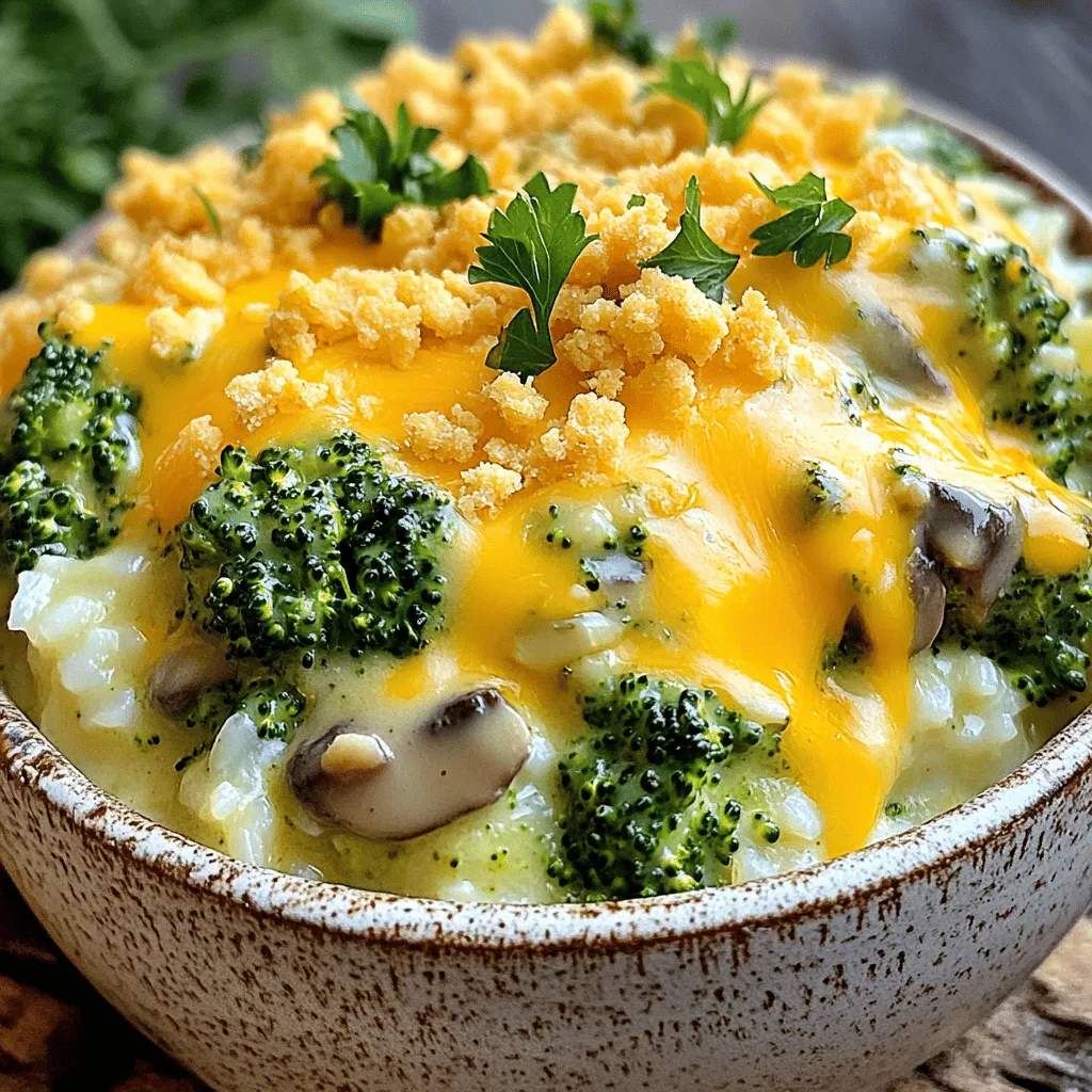 To make Easy Cheesy Broccoli Casserole, you need a few simple ingredients. Here’s the list to get you started: - Fresh broccoli florets - Cooked rice options - Cheese varieties - Cream of mushroom soup - Seasoning essentials Let's break these down more. First, fresh broccoli florets are key. They add a crunch and bright color. You can use frozen broccoli if you want, but fresh gives the best taste. Next, you need cooked rice. You can use white or brown rice. Both work well and add a filling base to the dish. For cheese, sharp cheddar is my top choice. It melts nicely and brings a rich flavor. You can mix it with other cheeses if you like! The cream of mushroom soup binds everything together. It adds creaminess and a savory taste. You can use canned soup or make your own. Lastly, seasonings like garlic powder and onion powder make a big difference. They boost the flavor of your casserole. Don't forget salt and pepper to taste! These ingredients combine to create a delicious and comforting meal. For the complete recipe, check out the Full Recipe section! First, you need to preheat your oven. Set it to 350°F (175°C). This step is key for a perfect bake. Next, bring a large pot of water to a boil. Add 4 cups of fresh broccoli florets. Blanch them for 2-3 minutes. You want them bright green and a bit tender. After that, drain the broccoli in a colander and let it cool. In a big mixing bowl, stir together the base. Combine 1 cup of cooked rice, 3/4 cup of shredded sharp cheddar cheese, 1 cup of cream of mushroom soup, and 1/2 cup of milk. Add 1/2 teaspoon of garlic powder and 1/2 teaspoon of onion powder. Season with salt and pepper. Mix until it's smooth and well blended. Now, gently fold the cooled broccoli into the rice mixture. Ensure the broccoli is evenly coated. This step helps every bite be cheesy and delicious. Grab a greased 9x13 inch baking dish. Carefully transfer the broccoli and rice mix into it. Spread it out evenly with a spatula. This helps it cook evenly in the oven. In a small bowl, mix the topping. Combine 1/2 cup of crushed crackers with 2 tablespoons of melted butter. Add the remaining 1/4 cup of shredded cheddar cheese. Mix well until the crackers are coated. Then sprinkle this crunchy topping over the casserole. Place your dish in the oven. Bake for 25-30 minutes. Look for melted cheese and a golden brown topping. After baking, take the casserole out of the oven. Let it cool for a few minutes. This makes it easier to cut. Serve it hot, and enjoy this Easy Cheesy Broccoli Casserole. You can find the Full Recipe above for a complete guide! You can swap ingredients easily for this dish. Here are some ideas: - Use cauliflower instead of broccoli for a different flavor. - Swap white rice for quinoa for a nutty taste. - Try different cheeses like mozzarella or gouda for a twist. - Use cream of chicken soup instead of mushroom for a richer taste. - Almond milk or oat milk can replace regular milk for a dairy-free option. I have a few key tips to ensure your casserole turns out great: - Blanch the broccoli just right. Too long makes it mushy. - Mix the ingredients well to get even flavor in every bite. - Press the mixture into the baking dish firmly. This helps it hold together. - Keep an eye on the oven during the last few minutes. You want that topping to be golden brown. Serve this casserole hot from the oven. Here are some ways to make it shine: - Garnish with fresh parsley for a pop of color. - Pair it with crusty bread or a side salad for a full meal. - For a fun twist, serve with a dollop of sour cream or a sprinkle of hot sauce. - Use individual ramekins for a nice touch when serving guests. For the full recipe, check out the [Full Recipe]. {{image_4}} You can add protein to your Easy Cheesy Broccoli Casserole. Here are some ideas: - Chicken: Use cooked, shredded chicken for extra flavor. - Turkey: Substitute shredded turkey for a lighter option. - Bacon: Add crispy bacon bits for a smoky taste. - Beans: Mix in black beans for plant-based protein. Adding protein makes the dish heartier and more filling. It’s a great way to use leftovers too. For a vegetarian twist, try these swaps: - Quinoa: Replace rice with cooked quinoa for a nutty flavor. - Cauliflower Rice: Use cauliflower rice for a low-carb option. - Mushrooms: Add sautéed mushrooms for extra texture and flavor. - Tempeh: Crumbled tempeh works well for added protein and taste. These options keep the dish delicious while catering to different diets. Cheese is key to this casserole. Experiment with these combinations: - Mozzarella: For a gooey, stretchy texture. - Monterey Jack: Adds a mild, creamy flavor. - Gouda: Gives a rich, smoky taste. - Parmesan: Sprinkle on top for a salty crunch. Mixing cheeses can create new flavors and textures. Each choice brings something special to the dish. For the full recipe, check out the main section! After you make Easy Cheesy Broccoli Casserole, let it cool. Cover it tightly with plastic wrap or foil. Store it in the fridge. It will keep well for about 3 to 4 days. When ready to eat, check for any signs of spoilage. You can freeze this casserole for longer storage. First, let it cool completely. Then, place it in an airtight container or a freezer bag. Label it with the date. It should last about 2 to 3 months in the freezer. To avoid freezer burn, try to remove as much air as possible. To reheat, first, if frozen, thaw it in the fridge overnight. Then, preheat your oven to 350°F (175°C). Place the casserole in a baking dish. Cover it with foil to keep it moist. Bake for about 20 to 25 minutes, or until heated through. You can also microwave single servings for quick meals. Enjoy your Easy Cheesy Broccoli Casserole warm! To make this dish from scratch, gather your ingredients. You need fresh broccoli, cooked rice, cheddar cheese, cream of mushroom soup, milk, garlic powder, onion powder, salt, pepper, crushed crackers, and butter. Start by preheating the oven to 350°F (175°C). Blanch the broccoli for 2-3 minutes, then drain. In a bowl, mix rice, cheese, soup, milk, and spices. Fold in the broccoli. Transfer the mix to a greased baking dish. Top with buttered crackers and cheese. Bake for 25-30 minutes until golden. Check the full recipe for details. Yes, frozen broccoli works well in this recipe. Just thaw it first and drain any excess water. The cooking time may be slightly shorter since it's already blanched. This makes for a quick and easy option when you’re in a rush. This casserole pairs well with many dishes. Serve it alongside grilled chicken or baked fish. A fresh salad also complements the meal nicely. You could even add crusty bread for a complete dinner experience. You can store leftovers in the fridge for up to 3-4 days. Make sure to keep it in an airtight container. Reheat in the oven or microwave until warmed through. Enjoy your tasty leftovers! You’ve learned how to make Easy Cheesy Broccoli Casserole using fresh ingredients and easy steps. With tips on ingredient swaps and serving ideas, you can customize it to your taste. This dish is not just quick; it’s tasty and healthy too. Whether for a family meal or a party, this casserole shines. Store leftovers smartly for later enjoyment. I hope this recipe inspires you to try it today. Enjoy your cooking!