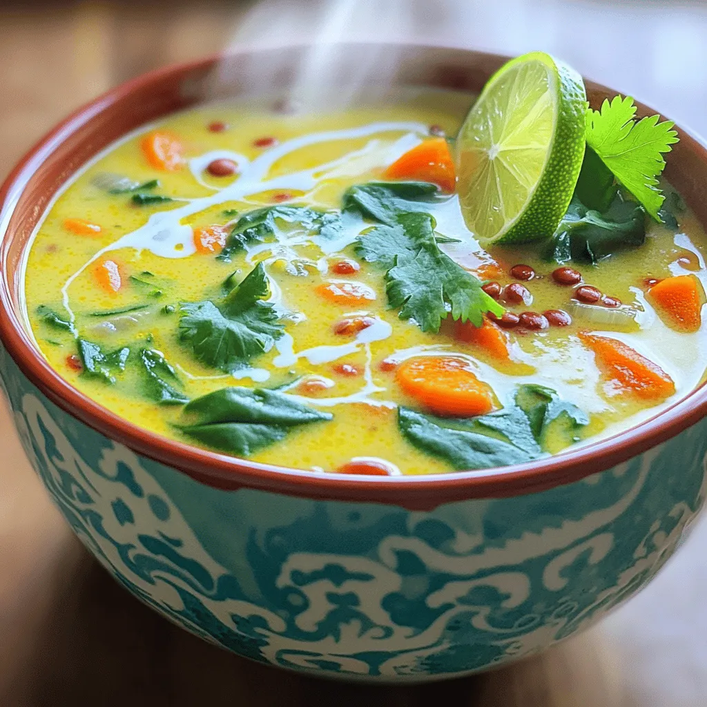- 1 cup red lentils - 1 can creamy coconut milk - 4 cups vegetable broth - 1 tablespoon olive oil - 1 medium onion - 3 cloves garlic - 1 tablespoon fresh ginger - 2 tablespoons red curry paste - 1 teaspoon turmeric powder - 1 teaspoon cumin powder - 1 cup carrots - 1 cup spinach or kale - Sea salt - Fresh cilantro leaves - Lime wedges Gathering the right ingredients is key for a great Coconut Curry Lentil Soup. Start with red lentils. They cook quickly and add a nice texture. For creaminess, use coconut milk. It gives a rich flavor and balances the spices. Next, vegetable broth brings depth to the soup. Olive oil helps sauté the onion, garlic, and ginger. These aromatics lay a solid flavor base. For seasoning, red curry paste brings heat and warmth. Turmeric adds color and health benefits. Cumin rounds out the flavor with its earthy notes. Carrots add sweetness and crunch. Spinach or kale brings freshness and nutrients. Don't forget sea salt for taste. Garnish with fresh cilantro for a pop of color. Lime wedges add a zesty finish. You can find the Full Recipe above for complete details. - Rinse and prepare the lentils - Dice the onion, carrots, and mince garlic and ginger Start by rinsing the red lentils under cold water. This helps remove any dust. You want to make sure they are clean for cooking. Next, take your onion, carrots, garlic, and ginger. Dice the onion and carrots into small pieces. Mince the garlic and ginger finely. This helps release their strong flavors. - Sauté the onion, garlic, and ginger - Incorporate spices and lentils, then add liquids In a large pot, heat olive oil over medium heat. Once hot, add the diced onion. Sauté for about five minutes until it turns soft. Then, mix in the minced garlic and ginger. Cook for an additional two minutes. The aroma will fill your kitchen! After that, add the red curry paste, turmeric, and cumin. Stir well and cook for one more minute. This step builds the base flavor. Next, add the diced carrots and rinsed lentils to the pot. Pour in the vegetable broth and coconut milk. Stir everything together, ensuring all ingredients mix well. - Bring to a boil, then simmer - Stir in greens and season to taste Raise the heat until the soup boils. Once it bubbles, lower the heat and cover the pot. Let it simmer for 20 to 25 minutes until the lentils are soft. After that, fold in the chopped spinach or kale. Cook for an additional five minutes until the greens are bright and tender. Finally, season your soup with sea salt to taste. Adjust as needed for the best flavor. You can check out the Full Recipe for exact measures and times! To get the right consistency, start by cooking your lentils just right. You want them tender but not mushy. If the soup is too thick, add more vegetable broth. For a thinner soup, add coconut milk. This will still keep it creamy and rich. Adjusting flavors is key. Taste your soup before serving. If it needs more flavor, add salt or spices. A little extra red curry paste can give it a nice kick. Always taste as you go for the best result. When serving Coconut Curry Lentil Soup, use bowls that catch the eye. Bright colors will make your dish pop. Ladle the soup in and garnish with fresh cilantro. A wedge of lime on the side adds a fresh touch. Pair your soup with warm, crusty bread. It’s perfect for dipping. You can also serve it with rice for a more filling meal. This makes it a great option for lunch or dinner. To make your soup look great, focus on presentation. Use vibrant bowls to highlight the rich colors of the soup. Garnish generously with cilantro. This adds a fresh look and flavor. Choose dishware that contrasts with the soup. A bright bowl can make the soup stand out even more. This simple trick makes your meal more inviting and delicious. {{image_4}} You can switch up lentils to change the soup's flavor. Try green or brown lentils for a heartier bite. They may take longer to cook but add texture. For veggies, consider sweet potatoes or zucchini. Both will boost nutrition and make the soup even tastier. This soup is easy to make vegan. Just ensure your vegetable broth is plant-based. For gluten-free needs, check that your curry paste is free from gluten. If you want a milder soup, reduce the curry paste. Start with one tablespoon and taste as you go. Want to spice things up? Add local spices like cumin or coriander for a new twist. Fresh herbs like basil or cilantro can change the flavor profile as well. If you love Mediterranean flavors, mix in some oregano or thyme. The soup can take on many styles, making it exciting every time! For the complete recipe, check out the Full Recipe section. To keep your Coconut Curry Lentil Soup fresh, use airtight containers. Glass or BPA-free plastic work best. Fill them with soup, leaving some space at the top. This space helps if the soup expands when frozen. Store the soup in the fridge for up to five days. Always let it cool before sealing. To freeze Coconut Curry Lentil Soup, pour it into freezer-safe containers. Leave space at the top to allow for expansion. Seal tightly and label with the date. The soup can last for up to three months in the freezer. When ready to eat, thaw it overnight in the fridge. To reheat, warm it on the stove over low heat. Stir well to ensure it heats evenly. In the fridge, your soup lasts about five days. Watch for changes in color or smell. If it smells sour or looks off, it’s best to toss it. Always trust your senses. If in doubt, throw it out! What can I substitute for coconut milk? You can use almond milk or cashew cream. Both add a nice creaminess. If you want a richer taste, try heavy cream. Make sure to adjust the flavors in the soup as needed. Can I use dried lentils instead of red lentils? Yes, you can use dried lentils. However, red lentils cook faster. If you use other types, soak them first. This helps them cook evenly and become soft. How long does it take to cook lentils? Cooking lentils usually takes 20 to 30 minutes. Red lentils cook faster, about 15 to 20 minutes. Always check if they are soft before serving. Is it okay to add other protein sources? Absolutely! You can add chicken, shrimp, or tofu for protein. Just add them early enough so they cook well. Adjust the cooking time based on what you choose. Where can I find the Full Recipe? You can find the Full Recipe in this article. It will guide you through every step of making this delicious soup. Can I adjust the spiciness of the dish? Yes, you can! If you want less heat, use less red curry paste. For more spice, add extra paste or fresh chili. Taste as you go to find your perfect level. Coconut Curry Lentil Soup blends simple ingredients into a nutritious meal. We learned about the main ingredients, cooking steps, and perfecting the flavor. You can adjust the recipe to fit your taste and dietary needs. Store leftovers properly to enjoy them later. Remember, cooking is about experimenting, so have fun with variations. Share this soup recipe with loved ones for warmth and comfort!