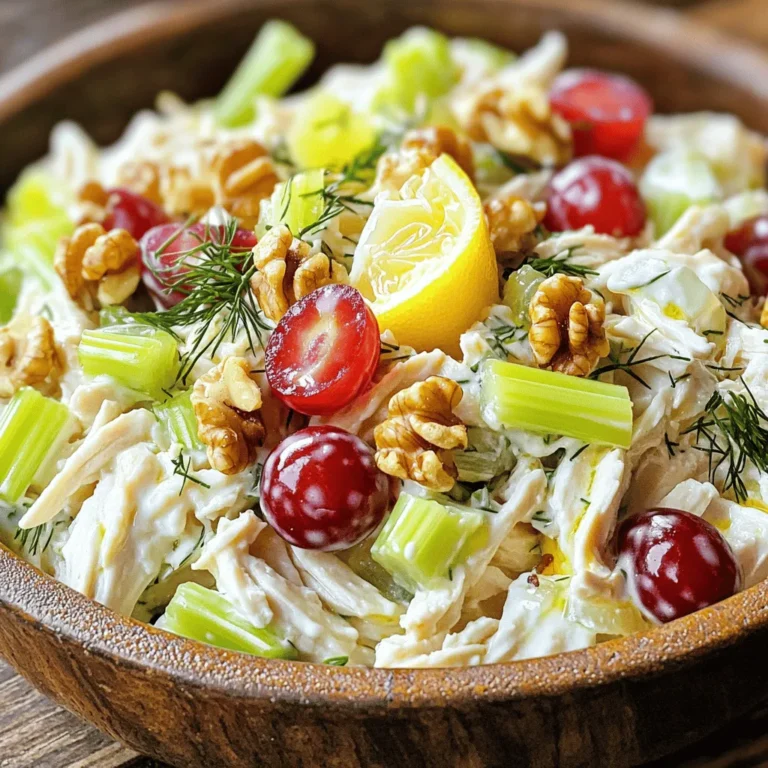 To make a tasty Greek yogurt chicken salad, you need some key ingredients: - 2 cups cooked chicken breast, shredded into bite-sized pieces - 1 cup plain Greek yogurt for a creamy texture - 1/2 cup celery, finely diced for crunch - 1/2 cup red grapes, halved for a touch of sweetness - 1/4 cup walnuts, roughly chopped for nuttiness - 1/4 cup fresh dill, finely chopped for an herbal aroma - 1 tablespoon freshly squeezed lemon juice to brighten the flavors - 1 teaspoon garlic powder for depth - Salt and black pepper to taste, preferably freshly ground These ingredients give the salad its fresh taste and fun textures. You can mix in some optional ingredients to make your salad unique: - 1/2 cup diced apples for extra sweetness - 1/4 cup feta cheese for a salty kick - 1/4 cup green onions, chopped for a mild onion flavor - 1 tablespoon honey for a hint of sweetness Adding these ingredients can enhance the flavor and make it your own. If you don’t have some ingredients, don’t worry! Here are some swaps: - Use Greek yogurt with a flavor, like honey or vanilla, if you want a twist. - Swap walnuts with pecans or almonds for a different nutty taste. - Use any cooked protein, like turkey or tofu, in place of chicken. - Try fresh herbs like basil or parsley instead of dill for variety. These substitutions can help you create a salad that fits your taste and what you have at home. For the full recipe, check out the details above. Start by gathering your ingredients. You need cooked chicken, Greek yogurt, celery, grapes, walnuts, dill, lemon juice, garlic powder, salt, and pepper. 1. Shred the chicken: Use two forks to pull apart the cooked chicken breast into bite-sized pieces. This helps it mix well with the yogurt. 2. Chop the veggies and fruits: Dice the celery finely and cut the grapes in half. This adds crunch and sweetness to your salad. 3. Prep the herbs: Chop the fresh dill, which gives a fresh taste to the dish. In a large bowl, combine the shredded chicken and Greek yogurt. Mix them until the chicken is well coated. 1. Add the chopped celery: Mix in the celery for that nice crunch. 2. Incorporate the grapes: Add the halved grapes for a sweet burst in each bite. 3. Mix in walnuts: Stir in the walnuts for a nutty flavor and extra texture. Next, sprinkle in the chopped dill. Squeeze the lemon juice over everything to brighten the taste. Then, add garlic powder, salt, and pepper to your liking. Gently fold all the ingredients together. Make sure everything is well combined and coated with yogurt. Taste it and adjust the salt and pepper if needed. Once mixed, cover your bowl with plastic wrap or a lid. Place it in the fridge for at least 30 minutes. This chilling time lets the flavors blend together nicely. When you take it out, the salad will taste even better. You can serve it on a bed of greens or in bowls. Enjoy this tasty Greek yogurt chicken salad! For the complete recipe, check out the Full Recipe. To make your Greek yogurt chicken salad creamy, use full-fat Greek yogurt. This adds richness and keeps the salad smooth. Mix the yogurt with the chicken well. You want every piece to get coated. If you like it chunkier, shred the chicken less. This gives a nice bite. To boost flavors, add fresh herbs like dill. Fresh herbs add a bright taste. You can also squeeze in more lemon juice. This helps balance the creaminess of the yogurt. Don't forget the salt and pepper! They make all the flavors pop. For a twist, try adding a dash of hot sauce or a sprinkle of paprika. Serve your salad in many fun ways. You can put it on a bed of greens for a fresh look. Or, try it in a sandwich or wrap for a tasty lunch. For a fun twist, scoop it into avocado halves. Garnish with extra dill and some grape halves for color. This makes the dish look beautiful and inviting. Check out the Full Recipe for more ideas! {{image_4}} You can change up the protein in your Greek yogurt chicken salad. Instead of chicken, try cooked turkey or rotisserie chicken. These options add a nice twist. For a seafood flavor, use canned tuna or cooked shrimp. Both taste great with Greek yogurt. If you want something different, diced hard-boiled eggs can work well too. Each protein brings its own taste and texture. If you want a vegetarian salad, skip the meat. Use chickpeas or black beans as your base. They add protein and fiber. You can also try diced tofu or tempeh for a meaty bite. Mix in some diced apples or pears for extra sweetness. Adding nuts like almonds or pecans can give a nice crunch. These swaps keep the salad filling and delicious. To make your salad unique, think about different flavors. Try adding spices like paprika or cumin. These can give the dish a warm, smoky taste. Fresh herbs like basil or cilantro can also brighten it up. For more crunch, add diced bell peppers or cucumbers. If you like a little heat, toss in some jalapeños. You can even mix in some dried fruit like cranberries or apricots for a sweet touch. These little changes can make your Greek yogurt chicken salad exciting. For the full recipe, check out the section above! To store Greek yogurt chicken salad, keep it in an airtight container. This helps keep it fresh and safe. Make sure the lid fits well. If you plan to eat it later, refrigerate it right away. This salad tastes better when chilled. You can keep Greek yogurt chicken salad in the fridge for about three days. After that, it may lose its taste and texture. If you want to freeze it, add the yogurt later. Freeze the chicken mix without yogurt for up to two months. When you’re ready to eat, thaw it in the fridge. Then, stir in the yogurt fresh for the best flavor. You do not need to reheat Greek yogurt chicken salad. It is best served cold. If you prefer to warm it, heat the chicken mix gently in a pan. Avoid overheating, as this can change the yogurt's texture. Once warm, let it cool again before adding the yogurt back in. Enjoy your salad chilled for the best taste! Yes, you can use other yogurt types. However, Greek yogurt is best. It has a thick texture that gives the salad creaminess. If you use regular yogurt, the salad may be runny. You might also try non-dairy yogurt for a vegan option. Just ensure it is unsweetened for the best taste. Absolutely! Greek yogurt chicken salad is healthy. It uses lean chicken, which is high in protein. Greek yogurt adds creaminess without extra fat. The fresh veggies, like celery and grapes, provide vitamins and fiber. This salad is also lower in calories than traditional versions made with mayo. You can enjoy it guilt-free! The best way to serve this salad is chilled. Place it in a bowl or on a plate with greens. Garnish with dill and a few grape halves for color. You can also serve it in a wrap or on whole-grain bread. This gives you a tasty lunch or snack. For the full recipe, check out the details provided earlier. This blog post covered how to make a tasty Greek yogurt chicken salad. We discussed key ingredients, preparation steps, and how to add flavor. You learned about different proteins, vegetarian options, and ways to store and serve the salad. In summary, Greek yogurt chicken salad is easy to adapt. With the right ingredients and tips, you can enjoy a healthy meal. Make it to suit your taste and enjoy!