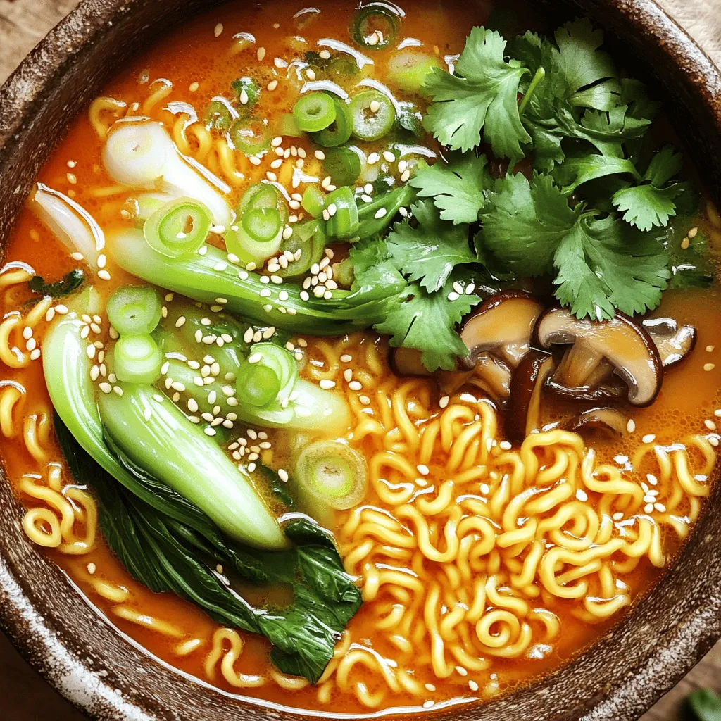 - 2 packs of instant ramen noodles - 4 cups vegetable broth - 4 cloves garlic, minced - 1 tablespoon fresh ginger, grated - 2 tablespoons soy sauce - 1 tablespoon sriracha - 1 tablespoon sesame oil - 1 tablespoon vegetable oil - 1 cup baby bok choy, chopped - 1 cup shiitake mushrooms, sliced - 2 green onions, sliced thinly - 1 tablespoon sesame seeds - Fresh cilantro leaves for garnish (optional) Gather these ingredients to make your spicy garlic ramen. Each one adds a layer of flavor. The instant ramen noodles cook fast and absorb the spices. The vegetable broth serves as a rich base. Minced garlic and grated ginger create a fragrant aroma. Add soy sauce for depth and sriracha for heat. Sesame oil gives a nutty flavor that ties it all together. Fresh vegetables like bok choy and shiitake mushrooms add crunch and color. Green onions and sesame seeds make great toppings. If you like, sprinkle cilantro for a fresh touch. You can find the full recipe to guide you through each step of this tasty dish. 1. In a large pot, bring 4 cups of vegetable broth to a boil. 2. Add 2 packs of instant ramen noodles. Cook them for about 3 minutes. 3. Drain the noodles and set them aside for later. 1. In the same pot, heat 1 tablespoon of vegetable oil over medium heat. 2. Add 4 cloves of minced garlic and 1 tablespoon of grated ginger. Sauté until fragrant, about 1-2 minutes. 1. Now, introduce 1 cup of sliced shiitake mushrooms and 1 cup of chopped baby bok choy to the pot. 2. Stir well and cook for 3-4 minutes until the vegetables are tender. 1. Pour in 2 tablespoons of soy sauce, 1 tablespoon of sriracha, and 1 tablespoon of sesame oil. 2. Stir thoroughly and let it simmer for one minute to meld the flavors. 1. Gently add the reserved ramen noodles back into the pot. 2. Toss the noodles in the spicy garlic broth for about 2 minutes until they are heated through and well coated. 1. Ladle the spicy garlic ramen into bowls. 2. Garnish with sliced green onions, a sprinkle of sesame seeds, and fresh cilantro leaves if desired. For full instructions, refer to the Full Recipe. Enjoy your flavorful bowl of spicy garlic ramen noodles! To make your ramen just right, start with sriracha. You can add more if you love heat. Try using chili oil for a different kick. If you want more spice, add crushed red pepper. For a smoky flavor, consider smoked paprika. Each option gives your dish a unique twist! Homemade vegetable broth makes a big difference. It tastes fresh and rich. You can also enhance the flavor with miso paste. Just a spoonful adds umami goodness. Try using a mix of broths for depth. This gives your ramen a more layered taste. For a heartier meal, add proteins like soft-boiled eggs or crispy tofu. They bring flavor and make the dish filling. You can also add more veggies, like spinach or kale. This boosts nutrition and adds crunch. Mix and match to find your favorite combination! For the complete dish, check out the Full Recipe. {{image_4}} You can make spicy garlic ramen vegan or vegetarian with some easy swaps. Use vegetable broth instead of chicken broth. This keeps the dish plant-based and tasty. For protein, add tofu or tempeh. Both soak up flavors well and add a nice bite. You can also try chickpeas for a different twist. Want to explore new tastes? Try adding a Japanese or Korean influence. For a Japanese twist, use miso paste in the broth. It adds umami and depth to the flavor. If you prefer Korean flavors, include gochujang for a sweet heat. You can also mix in sesame seeds or kimchi for extra crunch and zest. If you’re short on time, store-bought ramen kits work great. They often come with sauce packets and toppings. Just boil water, add noodles, and follow package instructions. You can also make a one-pot version. Cook everything in one pot to save time and cleanup. Just toss in all the ingredients and let them meld together. For the full recipe, check out Spicy Garlic Ramen Noodles. After enjoying your Spicy Garlic Ramen Noodles, store leftovers in an airtight container. Place them in the fridge. They stay fresh for up to three days. Ensure the noodles and broth are in the same container for the best flavor. To freeze your ramen, first cool it to room temperature. Then, divide it into portions. Use freezer-safe bags or containers. Remove as much air as possible before sealing. You can freeze it for up to three months. When you're ready to eat, thaw the ramen in the fridge overnight. To reheat, warm it gently on the stove or in the microwave. Add a splash of broth to keep it moist. Reheating leftover ramen is easy. You can use a pot on low heat. Add a bit of broth or water to help it heat evenly. Another method is using the microwave. Heat in short bursts, stirring in between. To elevate your leftovers, add fresh ingredients. Toss in chopped green onions, spinach, or even a soft-boiled egg. This step brings back freshness and adds more flavor. You can easily add protein and hearty veggies. Try these options: - Soft-boiled eggs for creaminess - Crispy fried tofu for texture - Grilled chicken or shrimp for heartiness - Spinach or kale for extra nutrients These additions make your meal more satisfying and nutritious. You have many choices for noodles. Here are some great options: - Soba noodles for a nutty flavor - Udon noodles for a thicker texture - Rice noodles for a gluten-free option - Whole wheat noodles for added fiber These alternatives can change the dish while keeping it tasty. Yes, you can meal prep these noodles. Here are some tips: - Cook the noodles and store them separately. - Keep the broth in a separate container. - Combine them just before serving. Store in the fridge for up to three days. This way, your meal stays fresh and flavorful. For the full recipe, check out the details above. Spicy Garlic Ramen Noodles are easy to make and tasty. You only need a few ingredients to enjoy a big bowl of flavor. Cooking is simple with our step-by-step guide, so you can feel like a chef. Add your favorite toppings to change things up. Remember, you can tailor the spice level for your taste. As you explore variations and storage tips, your ramen skills will grow. So, grab your pots and get cooking!