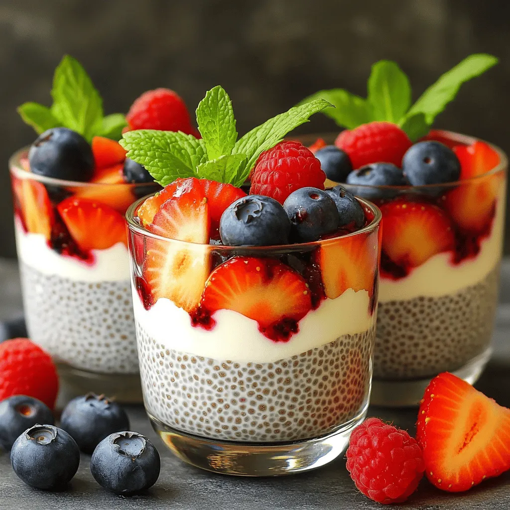 - 1 cup coconut milk (or almond milk for a nutty flavor) - 1/4 cup chia seeds - 2 tablespoons maple syrup (or honey for sweetness) - 1 teaspoon pure vanilla extract - 1/2 cup mixed berries (strawberries, blueberries, raspberries) - A pinch of sea salt - Fresh mint leaves for garnish The main ingredients of this berry chia pudding create a delicious treat. Coconut milk gives a rich, creamy base. You can use almond milk for a nutty twist. Chia seeds are the star of the show. They soak up liquid and form a lovely texture. Sweeteners like maple syrup or honey add just the right sweetness. Vanilla extract enhances the flavor and aroma. Mixed berries bring freshness and color. You can mix strawberries, blueberries, and raspberries for a fruity splash. A pinch of sea salt balances the sweetness. Lastly, fresh mint leaves add a pop of color and a refreshing taste. - Calories per serving: around 180 - Protein: 4 grams - Fiber: 10 grams Chia seeds are tiny but mighty. They are packed with protein and fiber. This helps keep you full longer. Berries are rich in vitamins and antioxidants. They help boost your immune system. The combination of these ingredients makes this pudding not just tasty, but also healthy. This recipe is easy and quick. You can find the full recipe within this article. Enjoy making this tasty berry chia pudding! 1. Mixing the base ingredients In a medium mixing bowl, pour in the coconut milk. Add 1/4 cup of chia seeds, 2 tablespoons of maple syrup, 1 teaspoon of vanilla extract, and a pinch of sea salt. This mix creates a creamy and sweet base. 2. Resting and whisking After combining, let the mixture rest for 10 minutes. This step is key as it allows the chia seeds to absorb the liquid. Once the time is up, whisk the mixture again. This helps break up any clumps. 1. Refrigeration time Cover the bowl tightly with plastic wrap or a lid. Place it in the refrigerator for at least 4 hours or overnight. This chilling time is crucial for the pudding to thicken. 2. How to check for the right consistency When ready, the pudding should have a creamy texture. It should hold its shape but still be soft. You can stir it gently to check if it’s set properly. 1. Portioning into cups or bowls Once the pudding is ready, scoop it into individual cups or bowls. This makes it easy to serve and enjoy. 2. Garnishing with mint and berries Top each serving with extra mixed berries for color. Add a few fresh mint leaves for a refreshing touch. This not only looks great but also adds a burst of flavor. For the full recipe, you can refer back to the Berry Chia Pudding Delight section. Enjoy your simple and nourishing treat! To get the best chia pudding, avoid clumps in the chia seeds. When mixing, whisk all the ingredients well. This helps distribute the seeds evenly. Let the mix rest for about 10 minutes. Then, whisk it again to break up any clumps that formed. This step is key to a smooth texture. Next, adjust the sweetness to your taste. I like using maple syrup, but honey works too. Start with the amount in the full recipe. Taste it, then add more if you want it sweeter. Remember, everyone's sweet tooth is different! Choose the right serving dishes for your pudding. Clear glasses show off the beautiful layers and colors. They make your dessert look fancy and fun. You can also use small bowls if you prefer. For visual appeal, layer your pudding with mixed berries. Start with a layer of pudding, then add some berries. Repeat until your cup is full. Drizzle a bit of extra coconut milk on top for a creamy touch. It adds flavor and makes your dessert look even better! {{image_4}} You can change the flavor of your berry chia pudding by using different types of milk. Coconut milk gives a rich taste. Almond milk adds a nice nutty flavor. Oat milk is great if you want a creamy texture without nuts. You can also try alternative sweeteners. Agave syrup works well for a light, sweet taste. Stevia is a great choice if you want to cut down on sugar. Each option can change how your pudding tastes, so have fun exploring! Toppings can make your berry chia pudding even better! You can mix in other fruits like mango, kiwi, or banana. These fruits add extra color and flavor. For some crunch, try adding granola or nuts. They give a nice texture contrast to the smooth pudding. You can layer the toppings for a pretty look and added taste. Feel free to get creative with these variations. Each change can make your pudding unique and exciting! For the full recipe, check out the Berry Chia Pudding Delight. To keep your berry chia pudding fresh, store it in an airtight container. This helps prevent it from absorbing other smells in the fridge. Place it in the fridge right after serving. How long will it last? Your berry chia pudding can last up to five days when stored properly. But, it’s best when enjoyed fresh. Can you freeze chia pudding? Yes, you can freeze chia pudding! However, the texture may change when thawed. Best practices for freezing and thawing: Pour the pudding into freezer-safe containers, leaving space for expansion. When ready to eat, thaw it overnight in the fridge. Stir well before serving to restore some creaminess. Chia pudding is a creamy treat made from chia seeds. The base ingredients are simple: chia seeds, coconut milk (or almond milk), and a sweetener like maple syrup. Chia seeds soak up liquid and expand, creating a gel-like texture. This pudding is easy to make and very satisfying. Yes, chia pudding is very healthy! Chia seeds are packed with fiber, protein, and omega-3 fatty acids. They can help with digestion and keep you full longer. Berries, like strawberries and blueberries, add vitamins and antioxidants. Together, they create a nutritious dish that supports your health. Yes, you can make berry chia pudding ahead of time! It stores well in the fridge for up to five days. To meal prep, mix the base ingredients and let them chill overnight. This way, you save time and enjoy a tasty breakfast or snack whenever you want. Just add fresh berries before serving for the best taste. You now have a simple guide to make delicious chia pudding. We covered the key ingredients, step-by-step instructions, and creative variations. You learned how to adjust sweetness, ensure the right texture, and present it well. Store your pudding for future snacking or freeze it if needed. Remember, chia pudding is not just tasty but also packed with nutrients. Enjoy making this healthy treat your own!