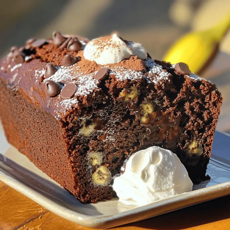 To make this delicious double chocolate banana bread, gather these ingredients: - 3 ripe bananas, mashed - 1/2 cup unsalted butter, melted - 1/2 cup packed brown sugar - 1/4 cup granulated sugar - 2 large eggs - 1 teaspoon pure vanilla extract - 1 teaspoon baking soda - 1/2 teaspoon fine sea salt - 1 cup all-purpose flour - 1/2 cup unsweetened cocoa powder - 1/2 cup semi-sweet chocolate chips - 1/4 cup chopped walnuts (optional) Using good ingredients makes a big difference in taste. Here are my tips: - Choose very ripe bananas; they should have brown spots for the best flavor. - Use unsalted butter to control the salt level in your bread. - Select high-quality cocoa powder; it adds rich chocolate notes. - Opt for pure vanilla extract instead of imitation for a deeper taste. - If you add nuts, pick fresh walnuts for a crunchy texture. You can customize your banana bread with some fun additions! Consider: - Adding a teaspoon of cinnamon for warmth. - Mixing in dried fruit like raisins or cranberries. - Swapping semi-sweet chips for dark chocolate chips for a richer flavor. - Tossing in some peanut butter chips for a nutty twist. - Sprinkling a pinch of sea salt on top before baking to enhance sweetness. For the full recipe, check out the detailed steps on making this delightful treat! To make double chocolate banana bread, start simple. Gather your ingredients first. You need ripe bananas, butter, sugars, eggs, vanilla, baking soda, salt, flour, cocoa powder, and chocolate chips. Grease your loaf pan to prevent sticking. Preheat your oven to 350°F (175°C). This step is key for even baking. 1. In a large bowl, mash the ripe bananas. Add the melted butter and mix well. 2. Stir in the brown sugar and granulated sugar. Make sure it looks smooth and mixed. 3. Add the eggs one at a time, mixing well after each addition. Then, pour in the vanilla extract. 4. In another bowl, whisk baking soda, salt, flour, and cocoa powder. This helps the dry mix blend better. 5. Slowly add the dry mix to the wet mix. Stir just until combined. Avoid over-mixing. 6. Gently fold in the chocolate chips and walnuts if using. This adds flavor and texture. 7. Pour the batter into the greased loaf pan. Smooth the top for even baking. 8. Bake for 50-60 minutes. Insert a toothpick in the center. It should come out clean or with a few crumbs. 9. Let the bread cool in the pan for 10 minutes. Then transfer it to a wire rack to cool fully. To check if your bread is ready, use a toothpick. Insert it in the middle. If it comes out clean, your bread is done. If it has wet batter on it, give it more time. Start checking around the 50-minute mark. Remember, over-baking can dry it out, so watch closely. Enjoy the rich aroma as it bakes! For the Full Recipe, refer to the main recipe section. Many cooks make mistakes when making double chocolate banana bread. Here are some to watch for: - Over-mixing the batter: This makes the bread tough. Mix until just combined. - Using unripe bananas: Ripe bananas add the best flavor and moisture. Choose bananas with brown spots. - Skipping the cooling step: Let the bread cool before slicing. Cutting too soon can make it crumble. For a moist and fluffy texture, follow these tips: - Use room temperature ingredients: This helps them mix better. - Don’t over-bake: Check for doneness a few minutes early. The bread should be soft and spring back when touched. - Add chocolate chips: They add richness and moisture. Add more if you love chocolate! Having the right tools makes baking easier. Here are some must-haves: - Loaf pan: A 9x5-inch pan works best for this recipe. - Mixing bowls: Use both large and medium bowls for mixing wet and dry ingredients. - Whisk: A whisk helps mix dry ingredients evenly. - Spatula: Use a spatula to fold in chocolate chips and avoid over-mixing. - Toothpick: This is perfect for checking if the bread is done. With these tips and tools, your double chocolate banana bread will turn out amazing! For the full recipe, check out the complete guide. {{image_4}} You can easily make this Double Chocolate Banana Bread healthier. Replace some butter with applesauce. This swap cuts fat but keeps moisture. Use whole wheat flour instead of all-purpose flour for added fiber. You can also reduce the sugars by using ripe bananas. They add sweetness without extra sugar. Want to mix things up? You can add nuts like pecans or almonds for crunch. Dried fruits, like cranberries or raisins, add a nice chew. If you love spice, try adding cinnamon or nutmeg to the batter. For a tropical twist, fold in shredded coconut or fresh pineapple. In fall, consider adding pumpkin puree for a seasonal vibe. You could also mix in some pumpkin spice to enhance the flavor. During the holidays, add peppermint extract and crushed candy canes for a festive touch. In summer, use fresh berries instead of chocolate chips for a fruity burst. The options are endless! Check out the [Full Recipe] for more ideas. To keep your Double Chocolate Banana Bread fresh, wrap it tightly in plastic wrap. This keeps it moist and tasty. You can also place it in an airtight container. Store it at room temperature for up to three days. If you want it to last longer, refrigeration is an option, but it may dry out a bit. Freezing banana bread is simple and effective. First, let the bread cool completely. Then, slice it into pieces for easy thawing. Wrap each slice in plastic wrap. For extra protection, place the wrapped slices in a freezer bag. This helps prevent freezer burn. Your banana bread can last in the freezer for up to three months. To enjoy your banana bread warm, you can reheat it easily. Preheat your oven to 350°F (175°C). Place the slices on a baking sheet. Heat them for about 10-15 minutes. If you want a quick method, use the microwave. Heat the slices for about 15-20 seconds. Enjoy your warm and gooey Double Chocolate Banana Bread! For the complete recipe, check the Full Recipe. Yes, you can use frozen bananas. Just let them thaw first. This helps to make them easy to mash. They should be very ripe for the best flavor. You can replace eggs with applesauce or mashed avocado. Use 1/4 cup for each egg. This keeps the bread moist and adds great taste. You can use carob powder if you want a different flavor. You can also use dark chocolate in place of cocoa powder. Just melt it down and mix it in. Absolutely! Chopped walnuts or pecans add crunch. You can also use seeds like pumpkin seeds for added texture and nutrition. Insert a toothpick into the center of the bread. If it comes out clean or with a few crumbs, it’s done. Yes! Use gluten-free all-purpose flour instead of regular flour. This will keep the recipe tasty without gluten. Keep the bread in an airtight container at room temperature. It will stay fresh for about three days. Yes, you can freeze it! Wrap it tightly in plastic wrap. It can last for about three months in the freezer. To reheat, slice the bread and warm it in the microwave for 10-15 seconds. You can also toast slices in a toaster. Yes! Kids love the chocolate flavor. It’s a fun way to enjoy bananas and chocolate together. You learned about the key ingredients for banana bread and how to choose the best ones. I shared step-by-step instructions to guide your baking. We discussed tips to avoid common mistakes and achieve great texture. I also covered fun variations and storage methods to keep your bread fresh. Baking banana bread is simple and rewarding. Now you can enjoy your creation and share it with others. You have all the tools needed for success in the kitchen!