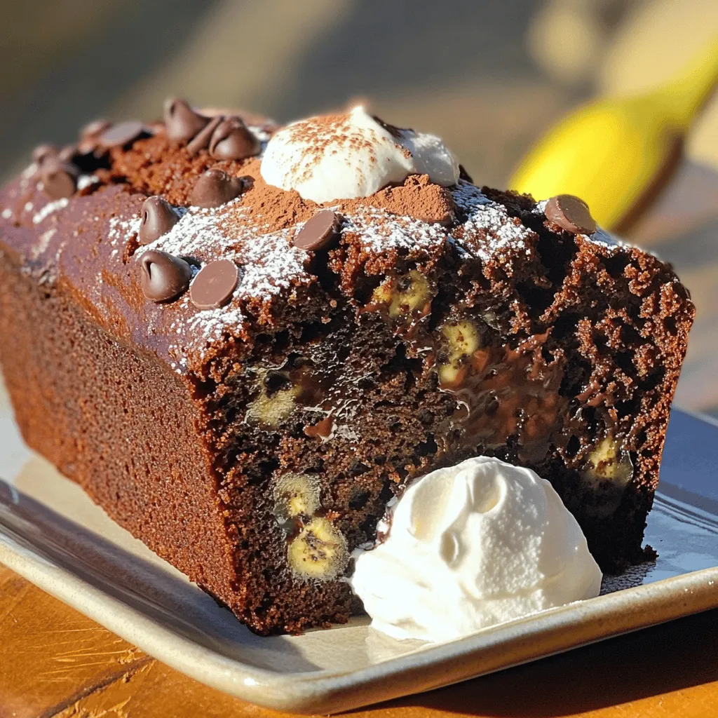 To make this delicious double chocolate banana bread, gather these ingredients: - 3 ripe bananas, mashed - 1/2 cup unsalted butter, melted - 1/2 cup packed brown sugar - 1/4 cup granulated sugar - 2 large eggs - 1 teaspoon pure vanilla extract - 1 teaspoon baking soda - 1/2 teaspoon fine sea salt - 1 cup all-purpose flour - 1/2 cup unsweetened cocoa powder - 1/2 cup semi-sweet chocolate chips - 1/4 cup chopped walnuts (optional) Using good ingredients makes a big difference in taste. Here are my tips: - Choose very ripe bananas; they should have brown spots for the best flavor. - Use unsalted butter to control the salt level in your bread. - Select high-quality cocoa powder; it adds rich chocolate notes. - Opt for pure vanilla extract instead of imitation for a deeper taste. - If you add nuts, pick fresh walnuts for a crunchy texture. You can customize your banana bread with some fun additions! Consider: - Adding a teaspoon of cinnamon for warmth. - Mixing in dried fruit like raisins or cranberries. - Swapping semi-sweet chips for dark chocolate chips for a richer flavor. - Tossing in some peanut butter chips for a nutty twist. - Sprinkling a pinch of sea salt on top before baking to enhance sweetness. For the full recipe, check out the detailed steps on making this delightful treat! To make double chocolate banana bread, start simple. Gather your ingredients first. You need ripe bananas, butter, sugars, eggs, vanilla, baking soda, salt, flour, cocoa powder, and chocolate chips. Grease your loaf pan to prevent sticking. Preheat your oven to 350°F (175°C). This step is key for even baking. 1. In a large bowl, mash the ripe bananas. Add the melted butter and mix well. 2. Stir in the brown sugar and granulated sugar. Make sure it looks smooth and mixed. 3. Add the eggs one at a time, mixing well after each addition. Then, pour in the vanilla extract. 4. In another bowl, whisk baking soda, salt, flour, and cocoa powder. This helps the dry mix blend better. 5. Slowly add the dry mix to the wet mix. Stir just until combined. Avoid over-mixing. 6. Gently fold in the chocolate chips and walnuts if using. This adds flavor and texture. 7. Pour the batter into the greased loaf pan. Smooth the top for even baking. 8. Bake for 50-60 minutes. Insert a toothpick in the center. It should come out clean or with a few crumbs. 9. Let the bread cool in the pan for 10 minutes. Then transfer it to a wire rack to cool fully. To check if your bread is ready, use a toothpick. Insert it in the middle. If it comes out clean, your bread is done. If it has wet batter on it, give it more time. Start checking around the 50-minute mark. Remember, over-baking can dry it out, so watch closely. Enjoy the rich aroma as it bakes! For the Full Recipe, refer to the main recipe section. Many cooks make mistakes when making double chocolate banana bread. Here are some to watch for: - Over-mixing the batter: This makes the bread tough. Mix until just combined. - Using unripe bananas: Ripe bananas add the best flavor and moisture. Choose bananas with brown spots. - Skipping the cooling step: Let the bread cool before slicing. Cutting too soon can make it crumble. For a moist and fluffy texture, follow these tips: - Use room temperature ingredients: This helps them mix better. - Don’t over-bake: Check for doneness a few minutes early. The bread should be soft and spring back when touched. - Add chocolate chips: They add richness and moisture. Add more if you love chocolate! Having the right tools makes baking easier. Here are some must-haves: - Loaf pan: A 9x5-inch pan works best for this recipe. - Mixing bowls: Use both large and medium bowls for mixing wet and dry ingredients. - Whisk: A whisk helps mix dry ingredients evenly. - Spatula: Use a spatula to fold in chocolate chips and avoid over-mixing. - Toothpick: This is perfect for checking if the bread is done. With these tips and tools, your double chocolate banana bread will turn out amazing! For the full recipe, check out the complete guide. {{image_4}} You can easily make this Double Chocolate Banana Bread healthier. Replace some butter with applesauce. This swap cuts fat but keeps moisture. Use whole wheat flour instead of all-purpose flour for added fiber. You can also reduce the sugars by using ripe bananas. They add sweetness without extra sugar. Want to mix things up? You can add nuts like pecans or almonds for crunch. Dried fruits, like cranberries or raisins, add a nice chew. If you love spice, try adding cinnamon or nutmeg to the batter. For a tropical twist, fold in shredded coconut or fresh pineapple. In fall, consider adding pumpkin puree for a seasonal vibe. You could also mix in some pumpkin spice to enhance the flavor. During the holidays, add peppermint extract and crushed candy canes for a festive touch. In summer, use fresh berries instead of chocolate chips for a fruity burst. The options are endless! Check out the [Full Recipe] for more ideas. To keep your Double Chocolate Banana Bread fresh, wrap it tightly in plastic wrap. This keeps it moist and tasty. You can also place it in an airtight container. Store it at room temperature for up to three days. If you want it to last longer, refrigeration is an option, but it may dry out a bit. Freezing banana bread is simple and effective. First, let the bread cool completely. Then, slice it into pieces for easy thawing. Wrap each slice in plastic wrap. For extra protection, place the wrapped slices in a freezer bag. This helps prevent freezer burn. Your banana bread can last in the freezer for up to three months. To enjoy your banana bread warm, you can reheat it easily. Preheat your oven to 350°F (175°C). Place the slices on a baking sheet. Heat them for about 10-15 minutes. If you want a quick method, use the microwave. Heat the slices for about 15-20 seconds. Enjoy your warm and gooey Double Chocolate Banana Bread! For the complete recipe, check the Full Recipe. Yes, you can use frozen bananas. Just let them thaw first. This helps to make them easy to mash. They should be very ripe for the best flavor. You can replace eggs with applesauce or mashed avocado. Use 1/4 cup for each egg. This keeps the bread moist and adds great taste. You can use carob powder if you want a different flavor. You can also use dark chocolate in place of cocoa powder. Just melt it down and mix it in. Absolutely! Chopped walnuts or pecans add crunch. You can also use seeds like pumpkin seeds for added texture and nutrition. Insert a toothpick into the center of the bread. If it comes out clean or with a few crumbs, it’s done. Yes! Use gluten-free all-purpose flour instead of regular flour. This will keep the recipe tasty without gluten. Keep the bread in an airtight container at room temperature. It will stay fresh for about three days. Yes, you can freeze it! Wrap it tightly in plastic wrap. It can last for about three months in the freezer. To reheat, slice the bread and warm it in the microwave for 10-15 seconds. You can also toast slices in a toaster. Yes! Kids love the chocolate flavor. It’s a fun way to enjoy bananas and chocolate together. You learned about the key ingredients for banana bread and how to choose the best ones. I shared step-by-step instructions to guide your baking. We discussed tips to avoid common mistakes and achieve great texture. I also covered fun variations and storage methods to keep your bread fresh. Baking banana bread is simple and rewarding. Now you can enjoy your creation and share it with others. You have all the tools needed for success in the kitchen!