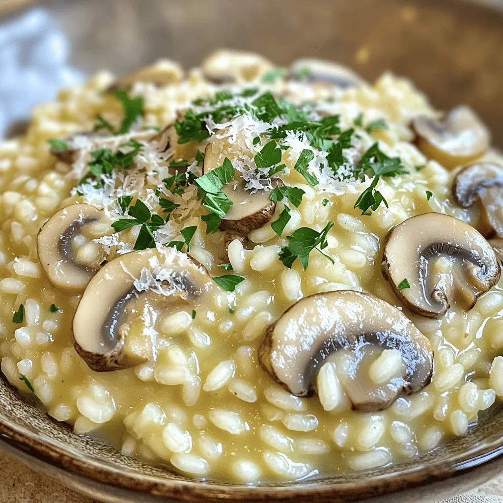 - 1 cup Arborio rice - 250g mixed mushrooms (cremini, shiitake, portabella), sliced - 4 cups vegetable broth (preferably homemade) Using Arborio rice is key. This rice has a high starch content, which makes the dish creamy. Mixed mushrooms add depth and earthiness. I love using cremini, shiitake, and portabella for a great mix of flavors. Always choose homemade vegetable broth if you can; it really boosts the taste. - 1 small onion, finely chopped - 2 cloves garlic, minced - 1/2 cup grated Parmesan cheese (or plant-based alternative) - 1/4 cup heavy cream (or coconut cream for vegan option) Onion and garlic build the base for flavor. Sauté them before adding mushrooms. The cheese and cream enrich the risotto, making it extra creamy. You can swap Parmesan for a plant-based cheese if you prefer a vegan option. - Sea salt and black pepper, to taste - 3 tablespoons extra virgin olive oil - 1 tablespoon unsalted butter (or vegan butter for a plant-based version) - Fresh parsley, finely chopped, for garnish Seasoning is crucial. Use sea salt and black pepper to bring all the flavors together. Olive oil and butter add richness. Finally, sprinkle fresh parsley on top for color and freshness. For the Full Recipe, check the instructions on how to combine these ingredients perfectly. To start, keep the vegetable broth warm in a medium saucepan. This is key for the risotto. Avoid boiling it, as this can change how the rice cooks. Keeping it warm helps the rice absorb the liquid evenly. Next, heat a large skillet over medium heat. Add the olive oil and butter. Once the butter melts, toss in the finely chopped onion. Cook it for about five minutes until soft and clear. Then, add the minced garlic and sliced mushrooms. Stir them in for another five to seven minutes. The mushrooms should become tender and release their flavor. Now, pour in the Arborio rice. Stir it well to coat each grain in the oil and mushroom mix. Toast the rice for about two minutes. You want it to look slightly clear around the edges. Slowly add the warm vegetable broth. Use a ladle to pour in one scoop at a time. Keep stirring often. Wait until most of the broth is soaked up before adding more. This takes about 18 to 20 minutes. The rice should be creamy and firm to the bite. Once the rice is done, lower the heat. Mix in the Parmesan cheese and heavy cream. Stir until everything is creamy and well-blended. Season with salt and pepper to fit your taste. Let the risotto rest for a minute. This helps the flavors come together. For the full recipe, click here. To make your risotto creamy, you must stir it continuously. This action helps the rice release its starch. This starch is key to creating that rich, velvety texture. When you stop stirring, the risotto may not reach its full potential. Timing is also key when adding broth. Always wait until most of the liquid is absorbed before adding more. This process allows the rice to cook evenly. Use a ladle to add broth, one scoop at a time. This method ensures a creamy consistency. You can use a rice cooker or an Instant Pot for a faster option. These tools simplify the cooking process. Just adjust the broth and rice ratios based on your machine's capacity. For larger batches, use two cups of rice and six cups of broth. To elevate your risotto, incorporate fresh herbs and spices. Try adding thyme or rosemary for a fragrant touch. Garlic powder can also add depth to the flavor. Experiment with different cheese options for unique tastes. Pecorino adds a sharp flavor, while goat cheese offers creaminess. Each cheese brings its own character to the dish. {{image_4}} You can use many types of mushrooms in creamy mushroom risotto. Each one adds its own flavor. Common choices include: - Cremini mushrooms - Shiitake mushrooms - Portabella mushrooms These mushrooms have rich flavors. For a gourmet touch, try wild mushrooms. They can elevate your dish to a new level. Look for chanterelles or morels at your local market. They bring unique tastes that impress. If you have dietary needs, you can still enjoy risotto. For vegan options, replace dairy with plant-based substitutes. Use coconut cream instead of heavy cream. You can also use a vegan cheese option. For gluten-free needs, check your broth and cheese labels. Want to add protein? You can mix in cooked chicken or shrimp. For a plant-based choice, try adding lentils or chickpeas. This way, you can make your risotto a full meal. Serving creamy mushroom risotto is easy and fun. I love pairing it with simple side dishes. A fresh green salad adds a nice crunch. You can also serve it with crusty bread for dipping. Wine can enhance your meal. A nice white wine, like Chardonnay or Pinot Grigio, pairs well. These wines balance the creamy flavors. Enjoy your risotto with a glass for a delightful dinner experience. For the full recipe, check the provided link. Happy cooking! To keep your creamy mushroom risotto fresh, use proper storage containers. Glass or BPA-free plastic containers work great. Make sure the risotto is cool before sealing it. Store it in the fridge for up to three days. If you want to keep it longer, freeze it. Place the risotto in freezer bags or airtight containers. It can last up to two months in the freezer. When it's time to enjoy leftovers, reheating properly is key. The best method is to use a skillet. Add a splash of broth or water to help maintain creaminess. Heat on low, stirring often. You can also use a microwave, but stir halfway through. This helps heat evenly and keeps the risotto from drying out. You can transform leftover risotto into delicious arancini or fritters. Just shape the cold risotto into balls, coat them in breadcrumbs, and fry until golden. Another option is to mix it into soups or casseroles. It adds flavor and a creamy texture. These ideas help you make the most of your creamy mushroom risotto! You can find the Full Recipe to create this dish from scratch. Cooking risotto usually takes about 30 minutes. Here’s how the time breaks down: - Prep Time: 10 minutes for chopping and measuring. - Cooking Time: 20 minutes while stirring and adding broth. You should not use instant rice for risotto. Arborio rice is key for this dish. It has a high starch content. This starch gives risotto its creamy texture. Instant rice won’t achieve that rich creaminess. If you want a dairy-free option, use nutritional yeast. It gives a cheesy flavor. You can also try cashew cheese or other plant-based cheeses. These can work well in risotto too. If your risotto is too mushy, add a splash of broth. Stir gently to adjust the texture. You can also add some fresh herbs to boost flavor. This will help revive the dish. You can find the Full Recipe for creamy mushroom risotto in the earlier section. It has all the steps you need for this delicious dish. Creamy mushroom risotto is easy with the right steps. You need Arborio rice, mixed mushrooms, and warm vegetable broth. With the right add-ins and seasonings, you can achieve a rich, creamy dish. Remember to stir constantly and adjust your broth timing to get the perfect texture. Whether you stick with the classic recipe or adapt it to suit your needs, risotto is a versatile meal. Enjoy your creation, and don’t forget to get creative with leftovers!