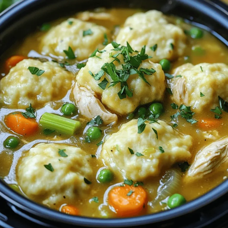 - 1 tablespoon olive oil - 1 pound boneless, skinless chicken thighs - 4 cups low-sodium chicken broth - 1 cup all-purpose flour - 1 small onion, finely chopped - 2 medium carrots, sliced - 2 celery stalks, diced - 3 cloves garlic, minced - Dried thyme and rosemary - 1 tablespoon baking powder - 1/2 teaspoon salt - 1 cup milk - Frozen peas for added flavor Chicken and dumplings need simple, fresh ingredients. The chicken thighs work well because they stay juicy. The broth adds rich flavor. Fresh vegetables like onion, carrots, and celery bring sweetness and crunch. Garlic adds depth and warmth. For the dumplings, you only need a few items. Flour and baking powder create a fluffy texture. Milk helps bind it all together. Adding frozen peas at the end gives a pop of color and flavor. This dish is cozy and fulfilling. You can find the Full Recipe at the end of the article. 1. Set your Instant Pot to sauté mode. 2. Add 1 tablespoon of olive oil and let it heat for about one minute. 3. Cut 1 pound of boneless, skinless chicken thighs into small pieces. 4. Add the chicken to the pot, season with salt and pepper, and sauté for about 5 minutes. 5. Once the chicken is browned, chop 1 small onion, slice 2 medium carrots, and dice 2 celery stalks. 6. Mince 3 cloves of garlic and add all these veggies to the pot. 7. Stir everything together and cook for 2-3 minutes until the onion is soft. 1. Pour in 4 cups of low-sodium chicken broth. 2. Add 1 teaspoon of dried thyme and 1 teaspoon of dried rosemary. 3. Stir to mix well and scrape any bits from the bottom. 4. Securely close the lid of the Instant Pot. 5. Set to manual high pressure and adjust the timer to 10 minutes. 1. In a bowl, mix 1 cup of all-purpose flour, 1 tablespoon of baking powder, and 1/2 teaspoon of salt. 2. Gradually stir in 1 cup of milk until a sticky dough forms. 3. Once the chicken is done, carefully release the pressure by turning the valve to venting. 4. Open the lid and stir in 2 cups of frozen peas. 5. Using a spoon, drop spoonfuls of the dumpling dough over the chicken mixture. 6. Close the lid again and set to manual high pressure for another 10 minutes. 7. After this time, perform a quick release again. 8. Open the lid and check that the dumplings are fluffy and cooked. 9. Stir gently to mix the dumplings into the chicken and broth. 10. Taste and adjust seasoning with more salt and pepper if needed. This recipe is simple and satisfying, perfect for a cozy meal. For the complete details, check the Full Recipe. To make great dumplings, focus on the dough's consistency. The dough should be slightly sticky. If it's too dry, add a bit more milk. This gives you fluffy dumplings. For cooking time, keep it short. Ten minutes in the Instant Pot is just right. When done, they should feel light and airy. To boost the taste, add fresh herbs and spices. A sprinkle of parsley or thyme really wakes things up. You can also switch up your vegetables. Try adding corn, peas, or even green beans. Each choice adds its own flavor and texture. Getting the settings right is key. Always make sure the sealing valve is closed before starting. This keeps the pressure inside. When it's done cooking, you can choose quick release or natural release. Quick release is faster, but natural release makes flavors blend better. Both methods work well, so pick what suits you! For more details, check out the Full Recipe and enjoy a cozy meal with your family! {{image_4}} You can easily swap chicken thighs for chicken breasts. Breasts are leaner and still taste great. You may notice a slight change in texture, but they will still work well. Try adding different veggies too. Corn and green beans are solid choices. They add nice color and flavor. You can also mix it up with peas, carrots, and celery. Use what you have on hand. If you need gluten-free dumplings, use gluten-free flour instead of all-purpose flour. It works well and keeps the dish tasty. You can find many options at the store. For a low-sodium dish, choose low-sodium chicken broth. You can also skip the added salt. This way, you can enjoy the meal without the extra sodium. You can make chicken and dumplings in a slow cooker too. Just cook the chicken and veggies on low for about 6 hours. Then, add the dumplings and cook for another hour. If you prefer the stovetop method, start by browning the chicken in a pot. Then, add the broth, seasonings, and veggies. Let it simmer for about 30 minutes. Finally, drop in the dumpling dough and cover until they cook through. These variations make the recipe flexible. You can adjust it to fit your tastes and needs. For the full recipe, check out the main article. To store leftovers, let them cool first. Place the chicken and dumplings in an airtight container. This helps keep the flavors fresh. I recommend using glass containers, as they are durable and safe. You can also use BPA-free plastic containers. Make sure to seal them tightly to avoid spills. You can freeze the chicken and dumplings for later. First, let them cool completely. Then, transfer them to freezer-safe containers. Leave some space at the top, as the dish will expand when frozen. When you're ready to eat, thaw it overnight in the fridge. Reheat in the microwave or on the stove until hot. Stir well to ensure even heating. In the fridge, your leftovers last about 3 to 4 days. If you freeze them, they can stay good for up to 3 months. Always check for signs of spoilage. If you see any mold or if it smells off, it's best to discard it. Keeping an eye on your food helps ensure it stays safe and tasty. It takes about 40 minutes to make this dish. You will spend around 15 minutes prepping. The cooking time is 25 minutes total. First, you sauté the chicken and veggies for about 8 minutes. Then, cook under high pressure for 10 minutes, followed by another 10 minutes for the dumplings. This quick meal fits into any busy schedule. Yes, you can use frozen chicken. However, it affects cooking time. If using frozen chicken, add an extra 5-10 minutes on the cooking time. Ensure the chicken reaches an internal temperature of 165°F for safety. The Instant Pot will cook the chicken thoroughly, so it's safe to use straight from the freezer. Check the dumplings after the second pressure cook. They should be fluffy and light. A quick poke with a fork can help. If the fork comes out clean, they are done. If they feel dense, give them a few more minutes inside the pot. The right texture is key for delicious dumplings. You can cook a delicious Instant Pot Chicken and Dumplings using simple ingredients. We covered all you need, from prep to cooking tips. You learned how to achieve fluffy dumplings and customize flavors. Don't forget about storage tips to keep leftovers fresh. Now, get cooking and enjoy a warm, comforting meal with loved ones! Your perfect dish awaits, so have fun with it!