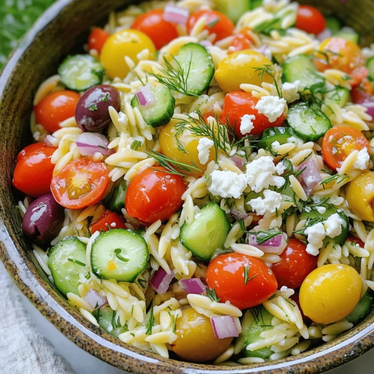 To make a delicious Greek Orzo Salad, gather these ingredients: - 1 cup of orzo pasta - 1 ½ cups cherry tomatoes, halved - 1 cucumber, diced - ½ red onion, finely chopped - ½ cup Kalamata olives, pitted and chopped - 1 cup feta cheese, crumbled - ¼ cup fresh parsley, chopped - 2 tablespoons fresh dill, chopped - 4 tablespoons extra virgin olive oil - 2 tablespoons fresh lemon juice - Salt and freshly ground black pepper to taste Each ingredient plays a vital role in the salad. The orzo pasta provides a nice base that absorbs flavors. Cherry tomatoes add sweetness and juiciness. The cucumber gives a fresh crunch, while red onion adds a bit of sharpness. Kalamata olives bring that classic salty taste we love in Greek dishes. Feta cheese crumbles beautifully, adding creaminess and tang. Fresh parsley and dill not only brighten the dish but also enhance the flavor profile. The olive oil and lemon juice create a zesty dressing, tying everything together. Season with salt and pepper to make all the flavors pop. For the full recipe, follow the steps outlined, and enjoy your fresh and vibrant Greek Orzo Salad! 1. Start by boiling salted water in a large pot. 2. Add 1 cup of orzo pasta to the water. Cook it for about 8-10 minutes. 3. Check for doneness; you want it al dente. Drain the orzo in a colander. 4. Rinse the orzo under cold water. This stops the cooking process. Set it aside to cool. 1. While the orzo cools, prepare the vegetables. 2. In a large mixing bowl, combine 1 ½ cups of halved cherry tomatoes, 1 diced cucumber, ½ finely chopped red onion, and ½ cup of pitted and chopped Kalamata olives. 3. Toss the vegetables gently to mix them well. 4. Once the orzo is cool, fold it into the bowl with the vegetables. 5. Add 1 cup of crumbled feta cheese, ¼ cup of chopped parsley, and 2 tablespoons of chopped dill. Mix gently. 1. In a small bowl, whisk together 4 tablespoons of extra virgin olive oil and 2 tablespoons of fresh lemon juice. 2. Season the dressing with salt and freshly ground black pepper to taste. 1. Drizzle the dressing over the salad mixture. 2. Use a spatula or large spoon to toss everything together. 3. Make sure all the ingredients are coated evenly with the dressing. 4. Allow the salad to rest for about 15 minutes. This lets the flavors meld beautifully. Now you have a vibrant Greek Orzo Salad! For the complete recipe, check out the Full Recipe. To make your Greek Orzo Salad burst with flavor, start with high-quality extra virgin olive oil. This oil adds a rich taste that elevates the dish. Don't forget to adjust the salt and pepper to your liking. A little taste testing goes a long way in perfecting your salad. Visual appeal matters in cooking. Garnish your salad with extra feta cheese and fresh parsley. This not only looks nice but also adds more flavor. Serve your salad in a colorful bowl to make it pop on the table. A bright presentation makes everyone eager to dig in! Timing is key for the best taste. Let your salad rest for at least 15 minutes before serving. This resting time helps all the flavors blend together beautifully. The salad tastes even better after the ingredients have had time to mingle. If you want to impress your guests, this step is a must! For the full recipe, check out the Mediterranean Orzo Delight! {{image_4}} You can make your Greek Orzo Salad heartier by adding proteins. Chickpeas are a great choice. They add a nice texture and boost the protein content. If you prefer meat, grilled chicken works well too. It's juicy and complements the salad's flavors. You can also try different cheese options. Besides feta, consider using goat cheese or mozzarella for a creamy twist. Adding more veggies can enhance your salad's taste and nutrition. Bell peppers add crunch and sweetness. Artichoke hearts bring a unique flavor. Don't forget to think about seasonal veggies. Fresh corn or zucchini can brighten up your salad, making it even more colorful and tasty. Switching up the dressing can give your salad a new flair. A Greek yogurt-based sauce adds creaminess and tang. You can easily make it by mixing yogurt, lemon juice, and herbs. For a different flavor, try balsamic vinaigrette. This sweet and sour dressing adds a fun twist to your dish. Each dressing option allows you to customize your salad to match your mood. For the complete recipe, check the Full Recipe. Store your Greek Orzo Salad in an airtight container. This keeps it fresh and tasty. It’s best to eat it within 2-3 days for the best flavor. I do not recommend freezing this salad. Freezing can change the freshness and texture. The salad may lose its crunch and vibrant taste. You can enjoy this salad cold or at room temperature. If you want to warm it, skip the microwave. It’s best to eat it as is for the best quality. Greek Orzo Salad can last about 2 to 3 days in the fridge. Store it in an airtight container to keep it fresh. Make sure to check for any signs of spoilage before eating. If you notice any unusual smell or texture, it’s best to toss it out. Yes, you can prepare Greek Orzo Salad ahead of time. It tastes even better after the flavors meld together. To ensure freshness, mix the dressing separately and add it just before serving. This keeps the salad crisp and vibrant. Regular orzo is not gluten-free as it is made from wheat. However, you can use gluten-free pasta alternatives, like rice or corn-based orzo. These substitutes maintain the shape and texture of traditional orzo, allowing you to enjoy this delicious salad without gluten. Serve Greek Orzo Salad in a large, colorful bowl. This makes it visually appealing and inviting. You can garnish with extra feta cheese and fresh parsley for an added touch. This salad pairs well with grilled meats or can be enjoyed on its own as a light meal. For a refreshing twist, try serving it chilled on a warm day. If you're interested, check out the Full Recipe for detailed instructions. The Greek Orzo Salad combines fresh ingredients for a tasty dish. You learned how to cook orzo, mix it with veggies, and create a simple dressing. Don't forget to let the salad rest for richer flavors. You can customize it by adding proteins or different veggies to suit your taste. Store leftovers in the fridge for short-term use, but avoid freezing. Enjoy this healthy salad cold or at room temperature. My final tip: be creative and make it yours!